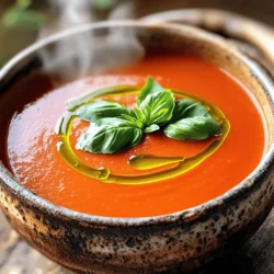 To make a great tomato basil soup, you need some key items. Here’s what you will need: - 2 tablespoons olive oil - 1 onion, diced - 3 cloves garlic, minced - 3 cups ripe tomatoes, chopped (or 2 cans of diced tomatoes) - 2 cups vegetable broth - 1 teaspoon sugar - 1 teaspoon dried basil (or 1 tablespoon fresh basil, torn) - 1/2 teaspoon salt - 1/4 teaspoon black pepper - 1 cup heavy cream (or coconut cream for dairy-free) - Fresh basil leaves for garnish These ingredients create a smooth, rich soup that is bursting with flavor. The tomatoes offer a natural sweetness, while the basil adds a fresh touch. Olive oil helps cook the onion and garlic, giving your soup a great base. Garnishes can make your soup look even better. Here are a few ideas: - A drizzle of olive oil - Croutons for crunch - A sprinkle of parmesan cheese - Extra fresh basil leaves These extras can elevate your dish and add texture. They also let you customize your bowl, making each serving special. You might not have all the ingredients on hand. Here are some good swaps: - Use canned tomatoes if fresh ones are not available. - Swap heavy cream for coconut cream for a dairy-free option. - Vegetable broth can be replaced with chicken broth for a different taste. These substitutions keep the soup tasty, even if you change a few items. Don't be afraid to experiment; cooking is all about finding what you love! For the full recipe, check out the details above. Gather all your ingredients first. This makes cooking easier. You will need: - 2 tablespoons olive oil - 1 onion, diced - 3 cloves garlic, minced - 3 cups ripe tomatoes, chopped (or 2 cans of diced tomatoes) - 2 cups vegetable broth - 1 teaspoon sugar - 1 teaspoon dried basil (or 1 tablespoon fresh basil, torn) - 1/2 teaspoon salt - 1/4 teaspoon black pepper - 1 cup heavy cream (or coconut cream for dairy-free) - Fresh basil leaves for garnish Chop the onion and garlic. If using fresh tomatoes, dice them too. Heat olive oil in a large pot over medium heat. Add the diced onion and sauté it until it turns soft, about 5 minutes. Next, stir in the minced garlic and cook for 1-2 minutes. This step brings out that lovely garlic smell. Now, add your chopped tomatoes or canned tomatoes to the pot. Mix everything well. Pour in the vegetable broth, and add the sugar, dried basil, salt, and black pepper. Stir to combine. Bring the mixture to a gentle boil. Once it boils, lower the heat and let it simmer for 20-25 minutes. This time allows the flavors to mix well. For a smooth texture, use an immersion blender to puree the soup directly in the pot. If you have a regular blender, let the soup cool a bit before blending it in batches. Be careful while blending hot liquids. Once blended, return the pot to low heat. Stir in the heavy cream and heat for another 5 minutes. Do not let it boil again. Taste your soup and add more salt or pepper if needed. Serve it hot, and don’t forget to garnish with fresh basil leaves. This adds a nice touch. For the full recipe, check out the detailed instructions. To make your tomato basil soup even better, try these tips: - Use fresh tomatoes when in season for a sweeter taste. - Roast the tomatoes before adding them to the pot for a deeper flavor. - Add a splash of balsamic vinegar for a tangy kick. - Toss in a pinch of red pepper flakes for some heat. - Experiment with different herbs like oregano or thyme for new flavors. Here are some common mistakes that can hurt your soup: - Don’t skip the onion and garlic; they build a solid flavor base. - Avoid boiling the soup after adding cream; this can cause it to curdle. - Under-seasoning can leave your soup bland; taste as you go. - Don’t rush the cooking time; allow the soup to simmer for the best flavor. When it comes to serving your soup, keep it simple and fun: - Pair it with a crunchy grilled cheese sandwich for a classic combo. - Serve with crusty bread for dipping; it adds texture. - Top with a dollop of sour cream or yogurt for creaminess. - Garnish with fresh basil leaves for a pop of color and flavor. Feel free to check out the Full Recipe for detailed steps and tips! {{image_2}} To make a dairy-free version of this soup, swap heavy cream for coconut cream. Coconut cream gives a rich flavor without any dairy. You can also use almond milk or oat milk, but ensure to adjust the flavor with a pinch of salt. This way, you keep the soup creamy while keeping it dairy-free. For a heartier soup, consider adding protein. You can stir in cooked chicken, turkey, or shrimp. For a vegetarian option, add cooked lentils or chickpeas. This not only boosts nutrition but also makes the soup filling. It’s a simple twist that makes a big difference in your meal. If you like a kick, try making spicy tomato basil soup. Add red pepper flakes or chopped jalapeños when cooking the onions. This will give the soup a nice heat. You can also blend in some roasted red peppers for a smoky flavor. Adjust the spice to suit your taste. Try these variations to find your favorite. Each one offers a new take on the classic easy tomato basil soup. Enjoy experimenting! For the full recipe, check the earlier section. Once your Easy Tomato Basil Soup is cool, store it in an airtight container. It can stay fresh in the fridge for up to five days. Make sure to label your container with the date. This way, you can easily track how long it’s been stored. If you want to keep your soup longer, try freezing it. Use a freezer-safe container or resealable bag. Leave some space at the top, as the soup will expand when it freezes. Your soup can last up to three months in the freezer. To thaw, move it to the fridge overnight or use the defrost setting on your microwave. To reheat, pour the soup into a pot over low heat. Stir gently to avoid sticking. You can also use the microwave. Heat in 30-second intervals, stirring each time. If the soup is too thick, add a splash of vegetable broth or water to get your desired consistency. Enjoy your warm, creamy soup! For more tips, check the Full Recipe. Easy Tomato Basil Soup lasts about four to five days in the fridge. Store it in an airtight container to keep it fresh. Make sure to let it cool before putting it in the fridge. Yes, you can make this soup ahead of time. Cook it fully, then cool it down. After that, store it in the fridge for later. Reheat it on the stove when you’re ready. This soup tastes even better the next day! You can serve many things with Tomato Basil Soup. Here are a few ideas: - Grilled cheese sandwiches - Crusty bread or baguette - A fresh garden salad - Crackers or breadsticks These pair well and enhance the meal. Yes, you can make this soup vegan easily. Just swap the heavy cream with coconut cream or any plant-based cream. Also, check your vegetable broth to ensure it’s vegan. This way, everyone can enjoy it! For the full recipe, check the earlier sections. This article covered how to make Easy Tomato Basil Soup, from essential ingredients to serving tips. You learned about the cooking steps, ways to enhance flavors, and variations to try. With simple storage and reheating advice, this soup stays fresh longer. Remember, this dish is versatile. You can switch ingredients or serve it with different sides. Enjoy crafting a warm bowl of comfort that suits your taste! Your soup journey starts now—get cooking!