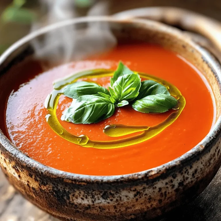 To make a great tomato basil soup, you need some key items. Here’s what you will need: - 2 tablespoons olive oil - 1 onion, diced - 3 cloves garlic, minced - 3 cups ripe tomatoes, chopped (or 2 cans of diced tomatoes) - 2 cups vegetable broth - 1 teaspoon sugar - 1 teaspoon dried basil (or 1 tablespoon fresh basil, torn) - 1/2 teaspoon salt - 1/4 teaspoon black pepper - 1 cup heavy cream (or coconut cream for dairy-free) - Fresh basil leaves for garnish These ingredients create a smooth, rich soup that is bursting with flavor. The tomatoes offer a natural sweetness, while the basil adds a fresh touch. Olive oil helps cook the onion and garlic, giving your soup a great base. Garnishes can make your soup look even better. Here are a few ideas: - A drizzle of olive oil - Croutons for crunch - A sprinkle of parmesan cheese - Extra fresh basil leaves These extras can elevate your dish and add texture. They also let you customize your bowl, making each serving special. You might not have all the ingredients on hand. Here are some good swaps: - Use canned tomatoes if fresh ones are not available. - Swap heavy cream for coconut cream for a dairy-free option. - Vegetable broth can be replaced with chicken broth for a different taste. These substitutions keep the soup tasty, even if you change a few items. Don't be afraid to experiment; cooking is all about finding what you love! For the full recipe, check out the details above. Gather all your ingredients first. This makes cooking easier. You will need: - 2 tablespoons olive oil - 1 onion, diced - 3 cloves garlic, minced - 3 cups ripe tomatoes, chopped (or 2 cans of diced tomatoes) - 2 cups vegetable broth - 1 teaspoon sugar - 1 teaspoon dried basil (or 1 tablespoon fresh basil, torn) - 1/2 teaspoon salt - 1/4 teaspoon black pepper - 1 cup heavy cream (or coconut cream for dairy-free) - Fresh basil leaves for garnish Chop the onion and garlic. If using fresh tomatoes, dice them too. Heat olive oil in a large pot over medium heat. Add the diced onion and sauté it until it turns soft, about 5 minutes. Next, stir in the minced garlic and cook for 1-2 minutes. This step brings out that lovely garlic smell. Now, add your chopped tomatoes or canned tomatoes to the pot. Mix everything well. Pour in the vegetable broth, and add the sugar, dried basil, salt, and black pepper. Stir to combine. Bring the mixture to a gentle boil. Once it boils, lower the heat and let it simmer for 20-25 minutes. This time allows the flavors to mix well. For a smooth texture, use an immersion blender to puree the soup directly in the pot. If you have a regular blender, let the soup cool a bit before blending it in batches. Be careful while blending hot liquids. Once blended, return the pot to low heat. Stir in the heavy cream and heat for another 5 minutes. Do not let it boil again. Taste your soup and add more salt or pepper if needed. Serve it hot, and don’t forget to garnish with fresh basil leaves. This adds a nice touch. For the full recipe, check out the detailed instructions. To make your tomato basil soup even better, try these tips: - Use fresh tomatoes when in season for a sweeter taste. - Roast the tomatoes before adding them to the pot for a deeper flavor. - Add a splash of balsamic vinegar for a tangy kick. - Toss in a pinch of red pepper flakes for some heat. - Experiment with different herbs like oregano or thyme for new flavors. Here are some common mistakes that can hurt your soup: - Don’t skip the onion and garlic; they build a solid flavor base. - Avoid boiling the soup after adding cream; this can cause it to curdle. - Under-seasoning can leave your soup bland; taste as you go. - Don’t rush the cooking time; allow the soup to simmer for the best flavor. When it comes to serving your soup, keep it simple and fun: - Pair it with a crunchy grilled cheese sandwich for a classic combo. - Serve with crusty bread for dipping; it adds texture. - Top with a dollop of sour cream or yogurt for creaminess. - Garnish with fresh basil leaves for a pop of color and flavor. Feel free to check out the Full Recipe for detailed steps and tips! {{image_2}} To make a dairy-free version of this soup, swap heavy cream for coconut cream. Coconut cream gives a rich flavor without any dairy. You can also use almond milk or oat milk, but ensure to adjust the flavor with a pinch of salt. This way, you keep the soup creamy while keeping it dairy-free. For a heartier soup, consider adding protein. You can stir in cooked chicken, turkey, or shrimp. For a vegetarian option, add cooked lentils or chickpeas. This not only boosts nutrition but also makes the soup filling. It’s a simple twist that makes a big difference in your meal. If you like a kick, try making spicy tomato basil soup. Add red pepper flakes or chopped jalapeños when cooking the onions. This will give the soup a nice heat. You can also blend in some roasted red peppers for a smoky flavor. Adjust the spice to suit your taste. Try these variations to find your favorite. Each one offers a new take on the classic easy tomato basil soup. Enjoy experimenting! For the full recipe, check the earlier section. Once your Easy Tomato Basil Soup is cool, store it in an airtight container. It can stay fresh in the fridge for up to five days. Make sure to label your container with the date. This way, you can easily track how long it’s been stored. If you want to keep your soup longer, try freezing it. Use a freezer-safe container or resealable bag. Leave some space at the top, as the soup will expand when it freezes. Your soup can last up to three months in the freezer. To thaw, move it to the fridge overnight or use the defrost setting on your microwave. To reheat, pour the soup into a pot over low heat. Stir gently to avoid sticking. You can also use the microwave. Heat in 30-second intervals, stirring each time. If the soup is too thick, add a splash of vegetable broth or water to get your desired consistency. Enjoy your warm, creamy soup! For more tips, check the Full Recipe. Easy Tomato Basil Soup lasts about four to five days in the fridge. Store it in an airtight container to keep it fresh. Make sure to let it cool before putting it in the fridge. Yes, you can make this soup ahead of time. Cook it fully, then cool it down. After that, store it in the fridge for later. Reheat it on the stove when you’re ready. This soup tastes even better the next day! You can serve many things with Tomato Basil Soup. Here are a few ideas: - Grilled cheese sandwiches - Crusty bread or baguette - A fresh garden salad - Crackers or breadsticks These pair well and enhance the meal. Yes, you can make this soup vegan easily. Just swap the heavy cream with coconut cream or any plant-based cream. Also, check your vegetable broth to ensure it’s vegan. This way, everyone can enjoy it! For the full recipe, check the earlier sections. This article covered how to make Easy Tomato Basil Soup, from essential ingredients to serving tips. You learned about the cooking steps, ways to enhance flavors, and variations to try. With simple storage and reheating advice, this soup stays fresh longer. Remember, this dish is versatile. You can switch ingredients or serve it with different sides. Enjoy crafting a warm bowl of comfort that suits your taste! Your soup journey starts now—get cooking!