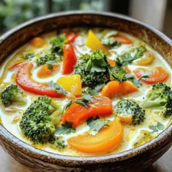 To make a tasty vegan coconut curry, gather these ingredients: - 1 can (400ml) coconut milk - 1 tablespoon coconut oil - 1 onion, diced - 3 cloves garlic, minced - 1-inch piece ginger, grated - 1 red bell pepper, sliced - 1 cup broccoli florets - 1 carrot, sliced - 1 cup snap peas - 2 tablespoons red curry paste - 1 tablespoon soy sauce (or tamari for gluten-free) - 1 tablespoon maple syrup - Juice of 1 lime - Fresh coriander, for garnish - Salt to taste Each ingredient in this curry adds flavor and health benefits: - Coconut milk: It’s creamy and rich in healthy fats. - Coconut oil: This oil boosts energy and can improve your skin. - Onion: It adds sweetness and supports heart health. - Garlic: This ingredient may help boost your immune system. - Ginger: It can ease nausea and reduce inflammation. - Red bell pepper: This adds vitamins A and C for better skin. - Broccoli: It’s full of fiber and supports digestion. - Carrot: This vegetable gives you beta-carotene for good vision. - Snap peas: They add sweetness and are high in vitamin K. - Red curry paste: This brings heat and depth to the dish. - Soy sauce: It adds umami flavor and enhances taste. - Maple syrup: This natural sweetener balances the spice. - Lime juice: It adds brightness and helps digestion. - Fresh coriander: This herb adds freshness and aroma. - Salt: It enhances the flavors of all the ingredients. You can easily swap ingredients to fit your taste or diet: - Coconut milk: Use almond milk or oat milk for a lighter option. - Coconut oil: Olive oil or avocado oil work well, too. - Red bell pepper: Try yellow or green peppers for a different taste. - Broccoli: Cauliflower or zucchini can also be used. - Snap peas: Use green beans or asparagus instead. - Red curry paste: If you want less spice, use mild curry paste. - Soy sauce: Coconut aminos can replace it for a soy-free option. - Maple syrup: Agave syrup or any sweetener can work here. Feel free to mix and match to create a curry just right for you! For more details, check out the Full Recipe. To make vegan coconut curry, start with a large pot. Heat one tablespoon of coconut oil over medium heat. Add one diced onion. Cook it for about 3-4 minutes until it turns soft and clear. Next, add three minced garlic cloves and one grated inch of ginger. Stir for one minute until you smell their great aroma. Now, it's time for the vegetables! Add one sliced red bell pepper, one cup of broccoli florets, one sliced carrot, and one cup of snap peas. Sauté these veggies for about 5-7 minutes. You want them soft but still crunchy. Then, add two tablespoons of red curry paste. Stir well to coat all the veggies. Cook for another 2 minutes. Pour in one can of coconut milk, one tablespoon of soy sauce, and one tablespoon of maple syrup. Mix everything to combine. Bring this mixture to a gentle simmer. - Heating oil and cooking onion: 3-4 minutes - Adding garlic and ginger: 1 minute - Cooking vegetables: 5-7 minutes - Adding curry paste: 2 minutes - Combining coconut milk and simmering: 10-15 minutes - Cut your veggies into similar sizes. This helps them cook evenly. - Stir often to prevent sticking and burning. - Taste as you cook! Adjust salt and lime juice to your liking. - Don't rush the simmering time. Let the flavors mix for a rich taste. For the full recipe, check out Vibrant Vegan Coconut Curry. Enjoy cooking! To boost the taste of your vegan coconut curry, use fresh herbs. Fresh coriander adds brightness. You can also add a splash of lime juice at the end. It brings a zesty kick. If you like heat, consider adding sliced fresh chili peppers. They will spice things up nicely. For perfect texture, cut your veggies evenly. This helps them cook at the same rate. Start with onions and garlic to build flavor. Sauté them until soft, then add your harder veggies first. This way, they get enough time to cook. When adding coconut milk, stir gently to keep it creamy. A common mistake is overcooking the vegetables. This makes them mushy. To avoid this, keep an eye on the cooking time. Also, don’t skip the lime juice. It’s key for balance. Lastly, taste your curry before serving. Adjust the salt and sweetness to your liking. These small changes make a big difference. For the full recipe, check out my vibrant vegan coconut curry guide. {{image_2}} Vegan coconut curry is naturally gluten-free. To keep it gluten-free, use tamari instead of soy sauce. Tamari tastes similar but lacks gluten. Always check labels on curry paste too. Some brands add gluten, so reading is key. Want to add protein? Tofu and tempeh are great choices. To use tofu, press it first and cut it into cubes. Sauté the tofu until golden before adding it to the curry. Tempeh adds a nutty taste. Slice it thin, then brown it in a pan before mixing it in. Both options make the dish heartier and more filling. Feel free to mix and match veggies in your curry. Zucchini, spinach, or mushrooms work well. Each choice adds its own taste and texture. For a twist, try sweet potatoes. They add sweetness and creaminess. Just remember to cut them smaller so they cook evenly. Have fun experimenting with your favorites! For the complete Vegan Coconut Curry recipe, check out the Full Recipe. Store any leftover vegan coconut curry in an airtight container. Let it cool down first. Place it in the fridge for up to four days. Remember to keep it sealed tight to maintain its flavor. If you want to enjoy it later, freezing is a great option. You can freeze vegan coconut curry for up to three months. Use a freezer-safe container or bag. Make sure to leave some space in the container for expansion. Label the container with the date. This way, you know when to use it by. To reheat, you can use the stove or microwave. If using the stove, heat on low. Stir often to prevent sticking. If you use a microwave, heat in short bursts, stirring in between. Add a splash of water or coconut milk if it seems too thick. This keeps the curry creamy and delicious. Enjoy your meal! Vegan coconut curry is a delicious dish made with coconut milk, spices, and fresh veggies. It has a creamy texture and rich flavor. The main base is coconut milk, which adds sweetness and depth. You can customize it with any veggies you like, making it a perfect meal for everyone. To add heat, you can use more red curry paste. Start with a small amount to taste. You can also add fresh chili peppers. Sliced jalapeños or Thai bird chilies work well. If you want more spice, try adding cayenne pepper or chili flakes. Adjust to your liking for the perfect kick. Yes, you can use other plant-based milks. Almond milk or soy milk are good options. However, they won’t give the same creamy texture as coconut milk. If you want a creamier texture, use cashew milk. Each milk will change the flavor, so choose one that you enjoy. For the full recipe, check out the details above. You learned the key ingredients for a tasty vegan coconut curry. Each ingredient adds health benefits and flavor. You now know the steps to cook it right and tips for great results. Variations let you customize the dish for your taste and needs. Storage tips help you keep leftovers fresh. In the end, this dish is easy and fun to make. Enjoy the flavors and share with others!