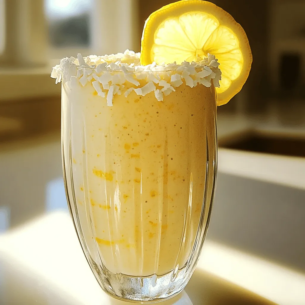 To make a Lemon Coconut Protein Shake, gather these fresh ingredients: - 1 cup unsweetened coconut milk - 1 ripe banana - 1 scoop vanilla whey protein powder - 2 tablespoons shredded unsweetened coconut - 2 tablespoons fresh lemon juice - 1 teaspoon lemon zest - 1 tablespoon honey (optional, adjust to taste) - A pinch of sea salt - Ice cubes (as desired for thickness) These ingredients create a refreshing and healthy drink. Each one plays a key role. The coconut milk gives a creamy base, while the banana adds sweetness and smoothness. The vanilla whey protein powder packs in protein for energy. Fresh lemon juice and zest bring a zesty kick that brightens the shake. Shredded coconut adds texture, making every sip interesting. If you like a bit of sweetness, feel free to add honey. Just a pinch of sea salt boosts all the flavors. Finally, ice cubes help create the perfect consistency, making your shake cool and enjoyable. For the full recipe, you can refer to the instructions above. Start by grabbing your blender. Add 1 cup of unsweetened coconut milk. Next, toss in 1 ripe banana. Finally, include 1 scoop of vanilla whey protein powder. Blend these three ingredients until smooth. This mix forms a creamy and tasty base for your shake. Now it’s time to add some fun flavors! Mix in 2 tablespoons of shredded unsweetened coconut. Then, squeeze in 2 tablespoons of fresh lemon juice. Add 1 teaspoon of lemon zest for a zesty kick. If you like it sweet, pour in 1 tablespoon of honey. Don’t forget a pinch of sea salt to enhance all those flavors! To make your shake just how you like it, add ice cubes. The more ice, the thicker your shake will be. Blend again until the mixture is smooth and creamy. Taste it! If it needs more sweetness, add a bit more honey. Once you love the flavor, pour the shake into a large glass or shaker. You can even sprinkle a bit of shredded coconut on top for fun! For the full recipe, refer to the earlier section. Enjoy your yummy Lemon Coconut Protein Shake! For the best Lemon Coconut Protein Shake, the right texture matters. Ice can make your shake thick and cold. If you want a creamier shake, try using less ice. A good balance is key to a shake you will love. Sometimes, you may want more or less sweetness. Honey is a great way to add sweetness. Start with one tablespoon, then taste it. If you want it sweeter, add more honey. You can also try using ripe bananas, as they are naturally sweet. This way, you can adjust without losing flavor. A good blender can change your shake game. High-speed blenders work best for making smooth shakes. They blend everything well, even if you add ice. If you don’t have a high-speed blender, a regular one will work, too. Just blend longer to get the same creamy texture. For the best results, consider a blender with at least 500 watts. For the full recipe, check out the Lemon Coconut Protein Shake section. {{image_2}} If you want a dairy-free shake, use almond or oat milk. Both options add a nice nutty taste. Almond milk is light and creamy, while oat milk is thicker and richer. Choose what you like best. This change keeps the shake tasty and healthy. You can make this shake even better by adding other fruits. Fruits like mango or pineapple bring a tropical twist. Just toss in some chunks before blending. This adds natural sweetness and flavor. You can mix and match fruits for your perfect blend! If you prefer plant-based options, switch to vegan protein powder. Pea protein or brown rice protein work well. They offer great nutrition without dairy. Each option creates a unique taste and texture. Experiment to find your favorite protein choice! For the full recipe, check out the Lemon Coconut Protein Shake. If you have extra shake, store it in the fridge. Use an airtight container. This helps keep the shake fresh. The cold will slow down spoilage. Consume it within 24 hours for best taste. Give it a quick shake before drinking. This will mix any settled ingredients. You can freeze the shake for later use. Pour it into ice cube trays or freezer-safe bags. Make sure to leave some space for expansion. When ready to enjoy, blend the frozen cubes with a bit of water or milk. This gives you a fresh shake in no time. For the best flavor and nutrition, drink the shake soon. It tastes best when made fresh. If refrigerated, use it within a day. If frozen, aim to use it within three months. After that, the taste may change. Enjoy your Lemon Coconut Protein Shake while it’s at its peak! A Lemon Coconut Protein Shake offers many health perks. First, it packs a good amount of protein. Protein helps build and repair muscles. This shake can boost your energy, making it great after workouts. The shake also includes coconut milk. Coconut milk is dairy-free and full of healthy fats. These fats can support heart health and provide lasting energy. Plus, the banana adds natural sweetness and potassium. Potassium is vital for muscle function. Lemon juice gives the shake a zesty kick. It is high in vitamin C, which supports your immune system. Overall, this shake is a tasty way to get protein and nutrients. Yes, you can prepare this shake in advance. Just blend the ingredients as the recipe shows. Pour it into a shaker bottle or jar. Seal it tightly and store it in the fridge. It stays fresh for up to 24 hours. If you want to keep it longer, consider freezing it. Pour the shake into ice cube trays or freezer-safe bags. When you are ready to drink, just blend the frozen cubes again. This way, you have a quick, healthy drink ready to go! For this shake, I recommend using vanilla whey protein powder. It blends well with the other flavors. If you prefer plant-based options, try pea or rice protein. Both can work well in this recipe. When choosing protein powder, look for one with no added sugars. This keeps your shake healthy and tasty. Check the labels to find the best option for you. This blog post covered how to make a Lemon Coconut Protein Shake. You learned the ingredients, steps to prepare it, and tips for the best results. The shake is nutritious and easy to customize. You can alter flavors or adjust sweetness as you like. Remember to store any leftovers properly for freshness. Enjoy the health benefits while experimenting with different variations. This shake is a simple way to fuel your body and satisfy your taste.
