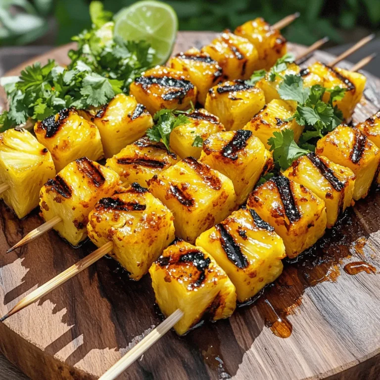 To make Spicy Grilled Pineapple Skewers, you need just a few key items. Here’s what you’ll need: - 1 fresh pineapple, peeled and cut into cubes - 2 tablespoons olive oil - 2 tablespoons honey - 1 teaspoon chili powder - 1/2 teaspoon cayenne pepper - 1/2 teaspoon salt - 1 lime, juiced - Fresh cilantro, chopped (for garnish) - Bamboo skewers, soaked in water for 30 minutes Each ingredient plays a role in creating a sweet and spicy flavor. The pineapple adds natural sweetness, while the spices provide heat. Having the right tools makes cooking easier and more fun. Here are the items I recommend: - Mixing bowl - Whisk - Grill or grill pan - Knife and cutting board - Measuring spoons These tools help you mix well and grill perfectly. A grill pan is great if you don’t have an outdoor grill. Want to take your skewers to the next level? Here are some optional add-ons: - Fresh mint for a cool taste - Lime zest for extra zing - A dash of soy sauce for umami flavor These add-ons can enhance the taste. Feel free to mix and match based on your preferences! For the full recipe, check out the detailed instructions. To start, gather your ingredients. In a mixing bowl, combine: - 2 tablespoons olive oil - 2 tablespoons honey - 1 teaspoon chili powder - 1/2 teaspoon cayenne pepper - 1/2 teaspoon salt - Juice from 1 lime Whisk these items together well. This marinade gives the pineapple a spicy and sweet kick. It will coat each piece, so it's full of flavor. Next, cut your fresh pineapple into cubes. I like to use a ripe pineapple for the best taste. Add the pineapple cubes to the bowl with the marinade. Toss the cubes gently to coat them evenly. It's best to let them marinate for at least 30 minutes. If you have time, let them sit in the fridge for up to 2 hours. This step makes a huge difference! While the pineapple marinates, soak your bamboo skewers in water for 30 minutes. This helps prevent burning on the grill. Preheat your grill to medium-high heat. If you’re using a grill pan, get it hot on the stove. Thread the marinated pineapple cubes onto the skewers, leaving space between each piece. This ensures even cooking. Place the skewers on the grill and cook for about 3-4 minutes on each side. You want to see caramelized edges and nice grill marks. Once done, take them off the grill and let them cool for a minute. For extra flair, garnish with fresh cilantro before serving. For the full recipe, check out the details laid out earlier. To get those perfect grill marks, start with a hot grill. Preheat it well. Make sure the grill grates are clean. Oil the grates lightly to prevent sticking. Place the skewers on the grill and do not move them for a few minutes. This helps the pineapple get nice marks. After a few minutes, you can flip them to cook the other side. Want more heat? Add extra cayenne pepper to the marinade. If you prefer it milder, cut back on the chili powder. You can also mix in a little brown sugar. This will balance the heat and add sweetness. Taste the marinade before adding the pineapple. Adjust based on your spice preference. For a stunning presentation, use a wooden platter. Arrange the skewers in a fan shape for a pretty look. Add lime wedges on the side for a pop of color. Sprinkle fresh cilantro on top for a vibrant touch. This makes the dish look even more inviting. Serve them warm for the best taste. Check out the Full Recipe for more serving ideas! {{image_2}} You can add more fruits to your skewers. Mango, papaya, and kiwi work great. These fruits pair well with the sweetness of pineapple. Make sure to cut the fruits into similar sizes for even cooking. This mix brings fun flavors and colors to your dish. It also makes the skewers more exciting. For a vegan option, skip the honey. Use maple syrup or agave nectar instead. Both options keep it sweet and tasty. This recipe is already gluten-free. The ingredients do not contain gluten, so everyone can enjoy them. You can spice it up with new marinades. Try adding sriracha or hot sauce for extra heat. If you want a smoky flavor, add smoked paprika. For a fruity twist, mix in orange juice or coconut milk. These changes help create your unique version of spicy grilled pineapple skewers. Check out the Full Recipe for more ideas. After grilling your spicy pineapple skewers, let them cool down. Place the skewers in an airtight container. Cover them tightly to keep the flavors fresh. You can also wrap them in plastic wrap. If you plan to eat them later, refrigerate. This keeps them safe and tasty for your next meal. When you want to enjoy your skewers again, reheating is simple. Preheat your grill or a grill pan. Place the skewers on the grill for about 2 minutes on each side. This warms them up while keeping the flavor. You can also use a microwave if you’re in a hurry. Heat them for about 30 seconds. Check that they are warm throughout before serving. These spicy grilled pineapple skewers last up to 3 days in the fridge. If you freeze them, they can last up to 2 months. Just make sure to store them properly. For the best taste, eat them fresh. But if you have leftovers, enjoy them later! To stop pineapple from sticking, oil the grill grates. Use a paper towel dipped in oil. Rub it on the grates before heating. You can also brush olive oil on the pineapple cubes. This helps create a barrier. It keeps the pineapple from sticking while grilling. Yes, you can use canned pineapple for skewers. However, fresh pineapple tastes better. Canned pineapple is softer and may fall apart. If you use canned, drain it well. Pat it dry to remove extra moisture. This will help it grill better and hold its shape. Grilled pineapple skewers pair well with many sides. Here are some great options: - Coconut rice - Grilled shrimp or chicken - Black bean salad - Green salad with lime dressing - Quinoa with herbs These sides complement the sweet and spicy flavors of the skewers. This guide walked you through making spicy grilled pineapple skewers. We covered key ingredients, tools, and tips for perfect grilling. I shared ways to enhance flavor and serve beautifully. Remember to adjust spiciness to your taste. Try different fruits or marinades for unique twists. Finally, store leftovers properly to enjoy later. Happy grilling, and enjoy your delicious skewers!