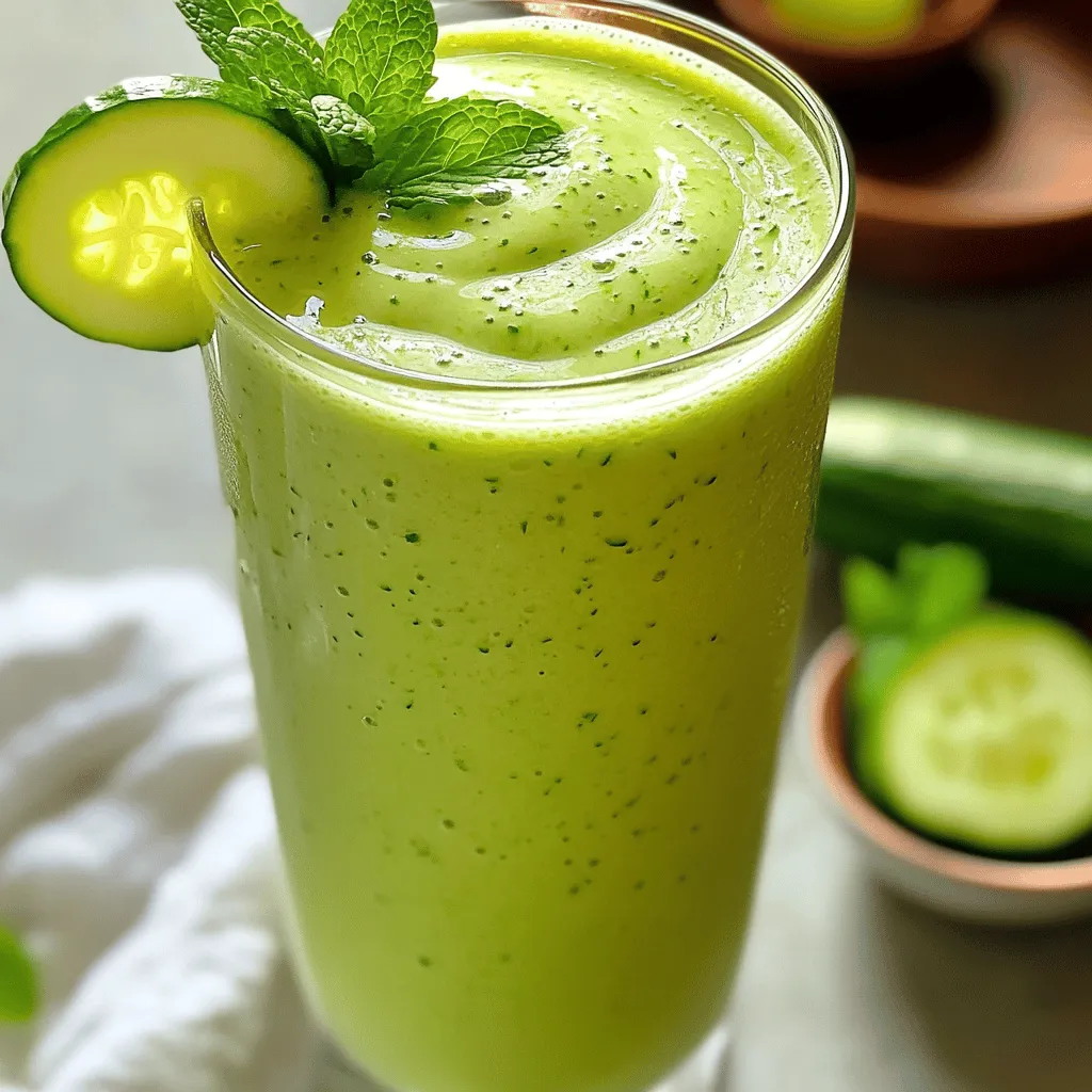 - 1 medium cucumber, peeled and diced - 1 cup fresh mint leaves, tightly packed - 1 ripe banana - 1 cup plain Greek yogurt (or dairy-free alternative) - 1 cup coconut water (or regular water) - 1 tablespoon honey or maple syrup (optional) - Juice of 1 lime - Ice cubes (optional) Let’s dive into what makes this smoothie so refreshing. Each ingredient plays a vital role in taste and health. This smoothie has about 200-250 calories per serving. It offers around 10 grams of protein and 40 grams of carbohydrates. The fat content is low, about 5 grams. You also get a good amount of vitamins A and C from the cucumber and mint. Greek yogurt adds calcium and probiotics for gut health. - Cucumber: It hydrates your body and is low in calories. It helps with skin health too. - Mint: This herb aids digestion and gives a fresh taste. It can help with headaches as well. - Greek yogurt: Packed with protein, it supports muscle health. It also contains probiotics, which are great for your gut. These ingredients make this Cucumber Mint Smoothie not just tasty but also a smart choice for your health. For the full recipe, check out the detailed steps to make this refreshing drink. First, gather your ingredients. You will need: - 1 medium cucumber, peeled and diced - 1 cup fresh mint leaves, tightly packed - 1 ripe banana - 1 cup plain Greek yogurt (or dairy-free alternative) - 1 cup coconut water (or regular water) - 1 tablespoon honey or maple syrup (optional) - Juice of 1 lime - Ice cubes (optional, for a colder smoothie) To prepare, start by peeling and dicing the cucumber. Chop the ripe banana into small pieces. Squeeze the lime juice into a bowl and remove any seeds. This step ensures a smooth drink. For efficient chopping, always use a sharp knife. Slice the cucumber in half lengthwise, then cut into half-moons. This method saves time and makes the pieces even. Now, let’s blend! Begin by adding the cucumber to the blender first. Next, add the mint leaves, banana, Greek yogurt, coconut water, lime juice, and honey or maple syrup if you like it sweet. The order matters; wetter ingredients should be at the bottom. Blend on high speed for about 30 seconds. You want everything to mix well and become creamy. If you want a colder drink, toss in some ice cubes. Blend again until smooth. Pour your refreshing smoothie into tall glasses. For a beautiful touch, garnish each glass with a sprig of mint or a thin cucumber slice on the rim. This makes your drink look fancy and inviting. Enjoy your Cucumber Mint Smoothie right away for the best taste! Check the [Full Recipe] for more details. To make your cucumber mint smoothie creamier, choose yogurt wisely. I recommend plain Greek yogurt. It adds richness and tang to your drink. If you prefer a dairy-free option, use coconut yogurt. It still gives a nice texture but with a hint of coconut flavor. You can customize the sweetness of your smoothie. Add honey or maple syrup if you like it sweet. Start with one tablespoon and taste it. If you want more sweetness, add a little more. For an extra kick, try adding a pinch of ginger. It pairs well with cucumber and mint. Serve your smoothie in a tall glass for a refreshing drink. If you want a fun twist, use a bowl. Top it with granola or sliced fruits for added texture. Pair it with a light salad or some whole-grain toast for a healthy meal. This way, you enjoy a complete and balanced experience. {{image_2}} You can change the flavor of your Cucumber Mint Smoothie easily. Adding fruits like pineapple or spinach can bring new tastes. Pineapple adds sweetness and a tropical vibe. Spinach gives a nice green boost and extra nutrients. You can even mix in herbs like basil. Basil pairs well with the mint, creating a unique twist. Just blend them in with the other ingredients for a fresh taste. The liquid base can shape your smoothie’s flavor. While coconut water gives a nice touch, you can swap it out. Try using fresh juice like orange or apple juice for a sweeter option. Nut milk, like almond or cashew, can make the smoothie creamier. These options change the texture and taste, making it fun to experiment. You can transform your smoothie into a smoothie bowl. This makes it more fun to eat and adds texture. Pour your blended smoothie into a bowl instead of a glass. Top it with granola or seeds for a crunchy bite. Chia seeds or pumpkin seeds add healthy fats and protein. Sliced fruit on top can make it look pretty and inviting. Enjoying your smoothie this way adds a new experience! To keep your cucumber mint smoothie fresh, store it in the refrigerator right away. Use an airtight container to prevent air from getting in. This helps maintain the flavor and texture. A glass jar works well for this purpose. If you have a blender jar with a lid, that can work too. You can freeze the smoothie for later use. Pour it into ice cube trays or freezer-safe bags. This makes it easy to blend later into a refreshing drink. When you are ready to enjoy it, thaw it in the fridge overnight. You can also let it sit at room temperature for about 30 minutes. Your smoothie can last up to two days in the fridge. After that, the taste may change. Look for signs of spoilage, such as a sour smell or changes in color. If it looks or smells off, it’s best to throw it away. Enjoy your healthy drink while it’s fresh! To make a Cucumber Mint Smoothie, follow these steps: 1. Peel and dice the cucumber. 2. Chop the ripe banana. 3. Squeeze the juice from one lime. 4. Place all ingredients in a blender. 5. Blend until smooth and creamy. 6. Adjust sweetness as needed. 7. Pour into glasses and enjoy! This process takes about 10 minutes. You can find the full recipe [here](#). Yes, you can use frozen ingredients. Frozen fruit can make your smoothie colder and thicker. However, it may change the taste slightly. Fresh ingredients offer brighter flavors. If you prefer a refreshing drink, I suggest using fresh mint and cucumber. Yes, this smoothie is great for weight loss. It has low calories and high nutrients. Cucumber is hydrating and low in calories, while mint aids digestion. Greek yogurt adds protein, which helps you feel full. This combination makes it a smart choice for weight management. You can make this smoothie in advance. I recommend storing it in the fridge for up to 24 hours. To keep it fresh, use an airtight container. If you want to prepare it longer ahead of time, consider freezing it. Just blend it again after thawing for a refreshing drink. In this blog post, we covered how to make a refreshing Cucumber Mint Smoothie using fresh ingredients like cucumber, mint, and Greek yogurt. I shared tips for blending, serving, and storing your smoothie. You can customize flavors and make it even creamier. Enjoy this healthy drink whenever you want a cool, tasty boost. It’s simple to make and packed with nutrients. Try it today and feel the difference!