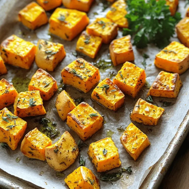 - 4 medium sweet potatoes - 3 tablespoons olive oil - 2 teaspoons dried thyme - 1 teaspoon dried rosemary - 1 teaspoon garlic powder - Salt and pepper - Fresh parsley for garnish When I make herb roasted sweet potatoes, I focus on fresh ingredients. Sweet potatoes are the star here. I choose medium-sized ones for even cooking. Their natural sweetness shines through when roasted. I use olive oil to help the herbs stick. It also adds a nice flavor. Dried thyme and rosemary give a lovely aroma. I add garlic powder for a savory kick. Salt and pepper balance everything out. To finish, I love adding fresh parsley. It brightens up the dish and adds color. You can find the full recipe at the end! - Preheat the oven to 425°F (220°C). - Cube four medium sweet potatoes into 1-inch pieces. - In a large bowl, coat the cubes with three tablespoons of olive oil. To get the best flavor, make sure each piece gets a nice layer of oil. This helps them roast evenly and get that lovely taste. - Add two teaspoons of dried thyme, one teaspoon of dried rosemary, one teaspoon of garlic powder, salt, and pepper to taste. - Mix thoroughly until the sweet potatoes are evenly coated. Use your hands or a spoon to toss the sweet potatoes well. The herbs and spices should stick to each piece. This step is where the magic happens! - Spread the sweet potato mixture on a baking sheet in a single layer. - Roast for 25-30 minutes, flipping halfway through. This helps them brown nicely on all sides. You want them to be soft inside and crispy on the outside. After roasting, they will smell amazing and taste even better! Check out the Full Recipe for more details. When picking sweet potatoes, choose firm ones with smooth skin. Look for rich color, which means they are fresh and sweet. Avoid any with soft spots or blemishes. It helps to select sweet potatoes that are similar in size. This makes sure they cook evenly. Uniform cutting size is key. If some are small and others are big, the smaller ones can burn while the larger ones stay raw. To get tender and crispy sweet potatoes, cut them into 1-inch cubes. This size helps them cook properly. Next, coat them well with olive oil. The oil helps them crisp up in the oven. Spread the sweet potatoes out on the baking sheet. Do not crowd them. Proper spacing allows the heat to reach all sides evenly. This way, you get that perfect crunch. Boost the flavor by adding spices or herbs. Consider using smoked paprika or chili powder for a kick. Fresh herbs like cilantro or basil can also add a nice twist. Balancing flavors is important, too. A squeeze of lemon juice can brighten up the dish. If you want it sweeter, drizzle a little honey or maple syrup. This balance makes each bite exciting. For the full recipe, check out the detailed instructions above. {{image_2}} You can change up the herbs in this recipe. Oregano and basil work great. They add fresh tastes and new flavors. You can also mix herbs. Try combining thyme with rosemary for a lovely blend. Each herb brings its own twist. Feel free to experiment with your favorites. To add a sweet touch, drizzle some honey or maple syrup. This balance of sweet and savory makes it special. You can also add spices like cumin or paprika. Cumin gives it a warm flavor, while paprika adds depth. This twist can make the dish even more exciting. If you need a gluten-free dish, this recipe is perfect. All the ingredients are naturally gluten-free. For a vegan option, just skip any dairy. This dish is already plant-based and full of flavor. Enjoy it as is or with your favorite vegan dips. For the full recipe, see the details above. To keep your herb roasted sweet potatoes fresh, place them in an airtight container. Make sure to cool them first. Store the container in the refrigerator. They will stay good for about 3 to 5 days. If you want to keep them longer, freezing is a great option. To freeze, spread the cooled sweet potatoes on a baking sheet. Place them in the freezer for 1 hour. Once frozen, transfer them to a freezer-safe bag. This way, they won’t stick together and you can grab a handful when needed. When reheating, you want to keep them tasty and crispy. The best way is to use the oven. Preheat your oven to 375°F (190°C). Spread the sweet potatoes on a baking sheet. Heat them for about 10 to 15 minutes. They will regain some crispness this way. If you need to use a microwave, place them in a microwave-safe dish. Heat for 1 to 2 minutes. Check after each minute to avoid sogginess. The oven gives better texture, while the microwave is quicker. Choose based on your time and texture needs. Yes, you can use other types of potatoes. White potatoes, red potatoes, or Yukon gold work well. They all roast nicely and taste great. Just cut them into 1-inch cubes like the sweet potatoes. The cooking time may vary slightly, so check for tenderness. Each type gives a unique flavor, so feel free to experiment! To make herb roasted sweet potatoes ahead of time, follow these steps: 1. Prep the sweet potatoes: Peel and cut them into cubes. 2. Mix with oil and spices: Combine olive oil, thyme, rosemary, garlic powder, salt, and pepper. 3. Store: Place the coated sweet potatoes in an airtight container. Keep them in the fridge for up to 24 hours. 4. Roast: When ready, spread them on a baking sheet and roast as directed. This method keeps the flavors fresh and ready! You can pair herb roasted sweet potatoes with many dishes. Here are some tasty options: - Grilled chicken or fish: The savory flavors balance well. - Salads: A fresh green salad adds crunch and brightness. - Quinoa or rice: These grains complement the sweet potatoes nicely. - Roasted vegetables: Mix with other seasonal veggies for more flavor. Creating a balanced meal is easy with these yummy pairings. For the full recipe, check out the previous sections! This blog post covered how to make herb roasted sweet potatoes. We discussed key ingredients, step-by-step instructions, and tips for perfect texture. You learned about flavor enhancements and variations to suit your taste. Proper storage and reheating methods ensure your leftovers remain delicious. Experiment with different herbs or add a sweet twist for variety. Enjoy your cooking, and remember that variations keep meals exciting. Keep these tips handy, and happy roasting!