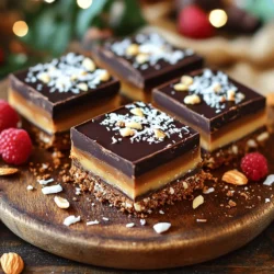 To make No Bake Millionaire Bars, you will need a few simple and delicious ingredients. Here is the list: - 1 cup graham cracker crumbs - 1/2 cup unsweetened cocoa powder - 1/2 cup unsweetened shredded coconut - 1/2 cup chopped or slivered almonds - 1/2 cup maple syrup - 1/2 cup natural peanut butter or almond butter - 1 cup dark chocolate chips - 2 tablespoons coconut oil - A pinch of sea salt - Optional toppings: Chopped nuts or additional coconut These ingredients come together to create a tasty treat. The graham cracker crumbs give a nice base. The cocoa powder adds a rich chocolate flavor. Shredded coconut gives a tropical twist. Almonds add a crunchy texture. Maple syrup and peanut butter bring sweetness and creaminess. When you mix dark chocolate chips with coconut oil, it melts into a smooth topping. It creates a glossy finish on your bars. You can also add extra nuts or coconut on top for decoration. These ingredients make your No Bake Millionaire Bars truly special. You can find the full recipe to guide you through the steps. Enjoy making these bars! - In a medium-sized mixing bowl, combine: - 1 cup graham cracker crumbs - 1/2 cup unsweetened cocoa powder - 1/2 cup unsweetened shredded coconut - 1/2 cup chopped or slivered almonds - A pinch of sea salt Mix these dry ingredients together until they are evenly blended. This creates a tasty base for our bars. - In a separate bowl, combine: - 1/2 cup maple syrup - 1/2 cup natural peanut butter (or almond butter) Stir these wet ingredients until smooth. Pour this mixture into the dry ingredients. Mix until everything is thoroughly combined and crumbly. This step holds it all together. - Prepare an 8x8-inch baking dish by lining it with parchment paper. Transfer the mixture into the dish. Press it down firmly into an even layer. Use the back of a spatula or your hands for this. Firm pressure makes sure the bars hold their shape when cut. These steps will help you make delicious No Bake Millionaire Bars. For the full details, check the Full Recipe. To make the best no bake millionaire bars, start with room temperature ingredients. Cold ingredients can make it hard to mix. I always use a spatula for mixing. This helps blend everything well, ensuring a smooth texture. Melting chocolate should be done with care. Use a microwave-safe bowl for easy melting. Heat the chocolate in 30-second bursts. Stir between each interval to avoid overheating. If chocolate seizes, add a small amount of coconut oil. This helps bring it back to a smooth state. For a beautiful presentation, arrange the bars on a nice platter. You can add fresh berries or a light dusting of cocoa powder on top. This adds color and makes your bars look fancy. Pair these treats with milk or coffee for a delightful snack. Enjoy the sweet and rich flavors with a nice drink! {{image_2}} You can easily change some ingredients in No Bake Millionaire Bars. If you need an alternative to peanut butter, try almond butter. It has a nice flavor and works well. You can also swap out nuts. Use walnuts, pecans, or even hazelnuts for a twist. Crunchy toppings add fun and texture. Consider using crushed pretzels or even granola. Each choice can change the taste. To boost flavor, add extracts like vanilla or almond. Just a drop can make a big difference. You can also mix in spices. A pinch of cinnamon gives warmth. Sea salt flakes add a nice contrast to the sweetness. These small changes can elevate your bars to new heights. For those who follow a vegan diet, making these bars vegan is simple. Swap maple syrup for agave nectar. Use almond butter or sunflower seed butter instead of peanut butter. For gluten-free needs, choose gluten-free graham cracker crumbs. Always check labels to ensure all products fit your needs. These adjustments let everyone enjoy this treat together. To keep your No Bake Millionaire Bars fresh, refrigerate them in an airtight container. This helps prevent them from drying out. Make sure to separate layers with parchment paper. This will stop them from sticking together. They taste best when chilled, so enjoy them cold. If you want to store them longer, you can freeze the bars. Cut them into squares and wrap each piece in plastic wrap. Place the wrapped bars in a zip-top bag. They can last for up to three months in the freezer. When you are ready to eat them, take them out and let them thaw in the fridge. They will be ready to serve in a few hours. To tell if your bars have gone bad, look for changes in smell or texture. If they smell off or feel sticky, it's best to toss them. The recommended shelf life in the fridge is about one week. If frozen, they should be good for three months, but always trust your senses. No Bake Millionaire Bars can last about one week in the fridge. Store them in an airtight container. If you want to keep them longer, place them in the freezer. They can stay good for about three months in the freezer. Just remember to thaw them in the fridge before enjoying. Yes, you can make these bars nut-free! Instead of almonds, use sunflower seeds or pumpkin seeds. You can also swap peanut butter for sunflower seed butter. This choice keeps the creamy texture while avoiding nuts. Just check labels to ensure all ingredients are nut-free. To cut the bars cleanly, use a sharp knife. First, chill the bars until firm. Lift them out of the pan using the parchment paper. Wipe the knife with a damp cloth between cuts. This step prevents crumbling and gives you neat squares. You can use milk chocolate instead of dark chocolate! Milk chocolate will make the bars sweeter. However, it may lose some of the rich flavor dark chocolate offers. If you prefer a sweeter taste, milk chocolate is a great choice. This blog post shows how to make No Bake Millionaire Bars. We covered ingredients, steps, and tips. You learned how to create a tasty treat and store it well. Don’t forget, you can mix and match flavors to fit your tastes. Experiment with nut swaps and toppings. With easy cooking and smart storage, you can enjoy these bars anytime. Simple steps lead to delicious results. Happy baking!