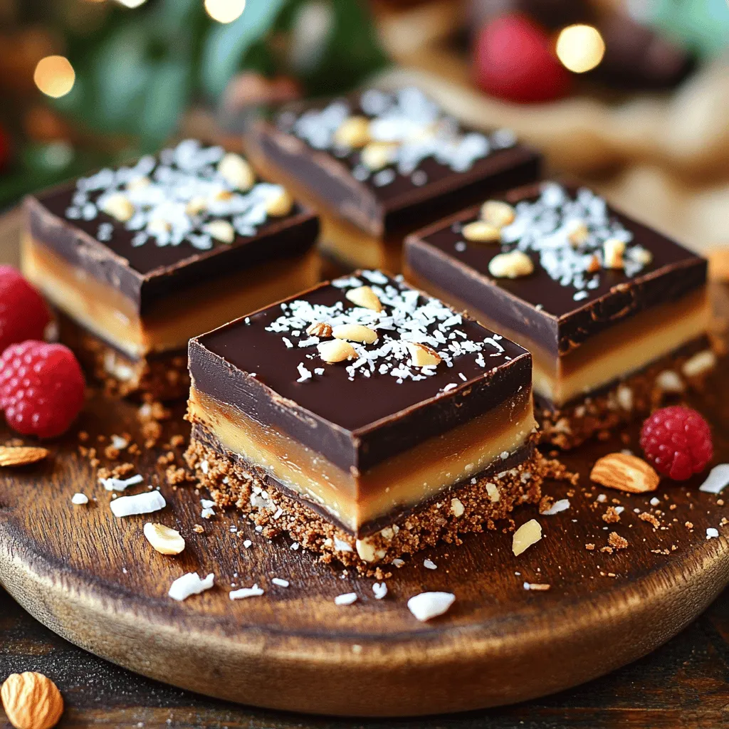 To make No Bake Millionaire Bars, you will need a few simple and delicious ingredients. Here is the list: - 1 cup graham cracker crumbs - 1/2 cup unsweetened cocoa powder - 1/2 cup unsweetened shredded coconut - 1/2 cup chopped or slivered almonds - 1/2 cup maple syrup - 1/2 cup natural peanut butter or almond butter - 1 cup dark chocolate chips - 2 tablespoons coconut oil - A pinch of sea salt - Optional toppings: Chopped nuts or additional coconut These ingredients come together to create a tasty treat. The graham cracker crumbs give a nice base. The cocoa powder adds a rich chocolate flavor. Shredded coconut gives a tropical twist. Almonds add a crunchy texture. Maple syrup and peanut butter bring sweetness and creaminess. When you mix dark chocolate chips with coconut oil, it melts into a smooth topping. It creates a glossy finish on your bars. You can also add extra nuts or coconut on top for decoration. These ingredients make your No Bake Millionaire Bars truly special. You can find the full recipe to guide you through the steps. Enjoy making these bars! - In a medium-sized mixing bowl, combine: - 1 cup graham cracker crumbs - 1/2 cup unsweetened cocoa powder - 1/2 cup unsweetened shredded coconut - 1/2 cup chopped or slivered almonds - A pinch of sea salt Mix these dry ingredients together until they are evenly blended. This creates a tasty base for our bars. - In a separate bowl, combine: - 1/2 cup maple syrup - 1/2 cup natural peanut butter (or almond butter) Stir these wet ingredients until smooth. Pour this mixture into the dry ingredients. Mix until everything is thoroughly combined and crumbly. This step holds it all together. - Prepare an 8x8-inch baking dish by lining it with parchment paper. Transfer the mixture into the dish. Press it down firmly into an even layer. Use the back of a spatula or your hands for this. Firm pressure makes sure the bars hold their shape when cut. These steps will help you make delicious No Bake Millionaire Bars. For the full details, check the Full Recipe. To make the best no bake millionaire bars, start with room temperature ingredients. Cold ingredients can make it hard to mix. I always use a spatula for mixing. This helps blend everything well, ensuring a smooth texture. Melting chocolate should be done with care. Use a microwave-safe bowl for easy melting. Heat the chocolate in 30-second bursts. Stir between each interval to avoid overheating. If chocolate seizes, add a small amount of coconut oil. This helps bring it back to a smooth state. For a beautiful presentation, arrange the bars on a nice platter. You can add fresh berries or a light dusting of cocoa powder on top. This adds color and makes your bars look fancy. Pair these treats with milk or coffee for a delightful snack. Enjoy the sweet and rich flavors with a nice drink! {{image_2}} You can easily change some ingredients in No Bake Millionaire Bars. If you need an alternative to peanut butter, try almond butter. It has a nice flavor and works well. You can also swap out nuts. Use walnuts, pecans, or even hazelnuts for a twist. Crunchy toppings add fun and texture. Consider using crushed pretzels or even granola. Each choice can change the taste. To boost flavor, add extracts like vanilla or almond. Just a drop can make a big difference. You can also mix in spices. A pinch of cinnamon gives warmth. Sea salt flakes add a nice contrast to the sweetness. These small changes can elevate your bars to new heights. For those who follow a vegan diet, making these bars vegan is simple. Swap maple syrup for agave nectar. Use almond butter or sunflower seed butter instead of peanut butter. For gluten-free needs, choose gluten-free graham cracker crumbs. Always check labels to ensure all products fit your needs. These adjustments let everyone enjoy this treat together. To keep your No Bake Millionaire Bars fresh, refrigerate them in an airtight container. This helps prevent them from drying out. Make sure to separate layers with parchment paper. This will stop them from sticking together. They taste best when chilled, so enjoy them cold. If you want to store them longer, you can freeze the bars. Cut them into squares and wrap each piece in plastic wrap. Place the wrapped bars in a zip-top bag. They can last for up to three months in the freezer. When you are ready to eat them, take them out and let them thaw in the fridge. They will be ready to serve in a few hours. To tell if your bars have gone bad, look for changes in smell or texture. If they smell off or feel sticky, it's best to toss them. The recommended shelf life in the fridge is about one week. If frozen, they should be good for three months, but always trust your senses. No Bake Millionaire Bars can last about one week in the fridge. Store them in an airtight container. If you want to keep them longer, place them in the freezer. They can stay good for about three months in the freezer. Just remember to thaw them in the fridge before enjoying. Yes, you can make these bars nut-free! Instead of almonds, use sunflower seeds or pumpkin seeds. You can also swap peanut butter for sunflower seed butter. This choice keeps the creamy texture while avoiding nuts. Just check labels to ensure all ingredients are nut-free. To cut the bars cleanly, use a sharp knife. First, chill the bars until firm. Lift them out of the pan using the parchment paper. Wipe the knife with a damp cloth between cuts. This step prevents crumbling and gives you neat squares. You can use milk chocolate instead of dark chocolate! Milk chocolate will make the bars sweeter. However, it may lose some of the rich flavor dark chocolate offers. If you prefer a sweeter taste, milk chocolate is a great choice. This blog post shows how to make No Bake Millionaire Bars. We covered ingredients, steps, and tips. You learned how to create a tasty treat and store it well. Don’t forget, you can mix and match flavors to fit your tastes. Experiment with nut swaps and toppings. With easy cooking and smart storage, you can enjoy these bars anytime. Simple steps lead to delicious results. Happy baking!
