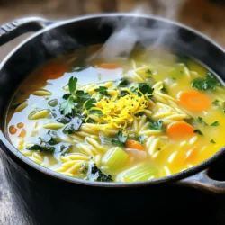 To make this tasty One-Pot Lemon Orzo Soup, you need: - 1 tablespoon olive oil - 1 medium onion, diced - 2 garlic cloves, minced - 3 medium carrots, sliced - 2 celery stalks, diced - 8 cups vegetable broth - 1 cup orzo pasta - 1 cup fresh spinach, chopped - 1 lemon, zested and juiced - 1 teaspoon dried thyme - Salt and pepper to taste - Fresh parsley, chopped (for garnish) Each ingredient in this soup brings something special: - Olive oil adds healthy fats that support heart health. - Onion and garlic boost flavor and offer immune support. - Carrots provide beta-carotene, good for your eyes. - Celery adds crunch and is low in calories. - Vegetable broth gives depth and richness to the soup. - Orzo pasta makes it filling and fun to eat. - Spinach is packed with vitamins A, C, and K. - Lemon adds bright flavor and vitamin C. - Thyme has antioxidant properties that enhance health. - Parsley not only garnishes but adds more nutrients. If you have allergies or special diets, you can make changes: - Olive oil can be replaced with avocado oil for a different taste. - If you dislike onions, try using leeks or shallots. - Use gluten-free orzo made from rice or corn if you're gluten-free. - For a protein boost, add cooked chicken or chickpeas. - If you want a creamier soup, try adding a splash of coconut milk. You can check out the Full Recipe for more details on how to prepare this delicious soup! To make your One-Pot Lemon Orzo Soup, start by gathering all the ingredients. This helps you stay organized as you cook. You need: - 1 tablespoon olive oil - 1 medium onion, diced - 2 garlic cloves, minced - 3 medium carrots, sliced - 2 celery stalks, diced - 8 cups vegetable broth - 1 cup orzo pasta - 1 cup fresh spinach, chopped - 1 lemon, zested and juiced - 1 teaspoon dried thyme - Salt and pepper to taste - Fresh parsley, chopped (for garnish) Next, dice the onion and mince the garlic. Slice the carrots and dice the celery. This makes sure everything cooks evenly. Now it’s time to cook! Heat the olive oil in a large pot over medium heat. Add the diced onion and sauté until it turns clear, about 5 minutes. This brings out the onion's sweet flavor. Stir in the minced garlic, sliced carrots, and diced celery. Cook for another 3-4 minutes until the veggies start to soften. This step builds rich flavor. Pour in the vegetable broth and bring it to a boil. Once boiling, add the orzo pasta and dried thyme. Reduce the heat and let it simmer for about 10-12 minutes. Stir occasionally to prevent sticking. The orzo should be cooked al dente, which means it has a slight bite. Next, stir in the chopped spinach, lemon zest, and lemon juice. Cook for an additional 2-3 minutes until the spinach wilts. This adds freshness to your soup. Finally, season with salt and pepper to taste. Serve hot, garnished with fresh parsley. Enjoy the bright, zesty flavors! To get the best texture in your soup, follow these tips: - Keep an eye on the orzo. It can get mushy if overcooked. - Add the spinach at the end. This helps it stay bright and fresh. - Adjust the broth according to your preference. More broth means a lighter soup, while less gives a thicker texture. These steps will help you create a hearty and flavorful meal. For the complete recipe, check out the [Full Recipe]. To make the best One-Pot Lemon Orzo Soup, start with a few key techniques. First, always heat your olive oil before adding ingredients. This helps release flavors. Next, sauté the onion until soft. This step builds a strong base for your soup. Stir in garlic to bloom its flavor, then add your vegetables. When cooking orzo, watch the timing closely. It cooks fast, so stir often to prevent sticking. Lastly, add lemon zest and juice right at the end. This keeps the bright flavor fresh. Many people rush through the steps. Don't skip sautéing the vegetables. This step makes a big difference in taste. Also, watch the salt. Adding too much can overpower the other flavors. Start with a little, then taste and adjust. Another mistake is overcooking the orzo. It should be al dente, which means firm to the bite. If you cook it too long, it turns mushy. Lastly, don’t forget to season at the end. This small step can enhance your soup's flavor. You can easily elevate your One-Pot Lemon Orzo Soup with simple enhancements. Try adding fresh herbs like dill or basil for a unique twist. You can also mix in a dash of red pepper flakes for a bit of heat. If you want a creamier soup, stir in a splash of cream or coconut milk. For a heartier meal, add shredded chicken or chickpeas. These additions not only boost flavor but also add nutrition. For the full recipe, check out the detailed instructions above! {{image_2}} You can easily boost your One-Pot Lemon Orzo Soup by adding protein. Chicken is a great choice. Simply cook diced chicken breast in the pot before adding other ingredients. You can also use cooked beans like white or chickpeas for a vegetarian option. They add protein and fiber, making the soup heartier. Feel free to tailor the soup with different veggies. Zucchini works well; just slice it thin and add it in with the carrots. Peas can add a sweet pop of flavor. You can also toss in kale or bell peppers for extra color and nutrients. These swaps will keep the soup fresh and interesting. If you need gluten-free soup, swap orzo for gluten-free pasta. There are many options available now. For a dairy-free version, simply skip any cheese garnishes. The soup is still creamy and flavorful without dairy. It’s a great way to enjoy a delicious meal while sticking to your diet. For the full recipe, check out the detailed instructions above. You can store leftover One-Pot Lemon Orzo Soup in the fridge. Use an airtight container. It stays fresh for up to three days. Make sure the soup cools down before sealing the container. This helps keep it tasty and safe. If you want to save the soup for later, freezing works great. Pour the cooled soup into freezer bags. Remove as much air as you can before sealing. Label the bags with the date. You can freeze it for up to three months. When you’re ready to eat, thaw it in the fridge overnight. To reheat, pour the soup into a pot. Heat it on low medium heat. Stir often to avoid sticking. You might need to add a little water or broth. This helps bring back the soup's creamy texture. Enjoy it warm, just like when you first made it. For full details, check out the Full Recipe. Yes, you can use other pasta types. Small shapes like ditalini or acini di pepe work well. Just remember that cooking times may change. Check the package for timing. The soup will still have great flavor. To create a creamier soup, add a splash of heavy cream or coconut milk. You can also blend part of the soup. This gives it a smooth texture. Use an immersion blender for ease. Just blend until you like the texture. Reheat leftover soup on the stove for the best taste. Use a medium heat setting. Stir often to prevent burning. If it's too thick, add a bit of broth. You can also use the microwave. Heat in short bursts, stirring in between. For the full recipe, check out the detailed steps and ingredients. In this post, I covered all the essential parts to make a great dish. We looked at the key ingredients, how to prepare them, and what tips to use for the best results. I shared options for those with allergies and preferences too. Remember, you can always add different proteins or veggies to change things up. Store your leftovers properly for the best taste later. Simple adjustments can make your meals better and more enjoyable. Now, get cooking and enjoy your creation!