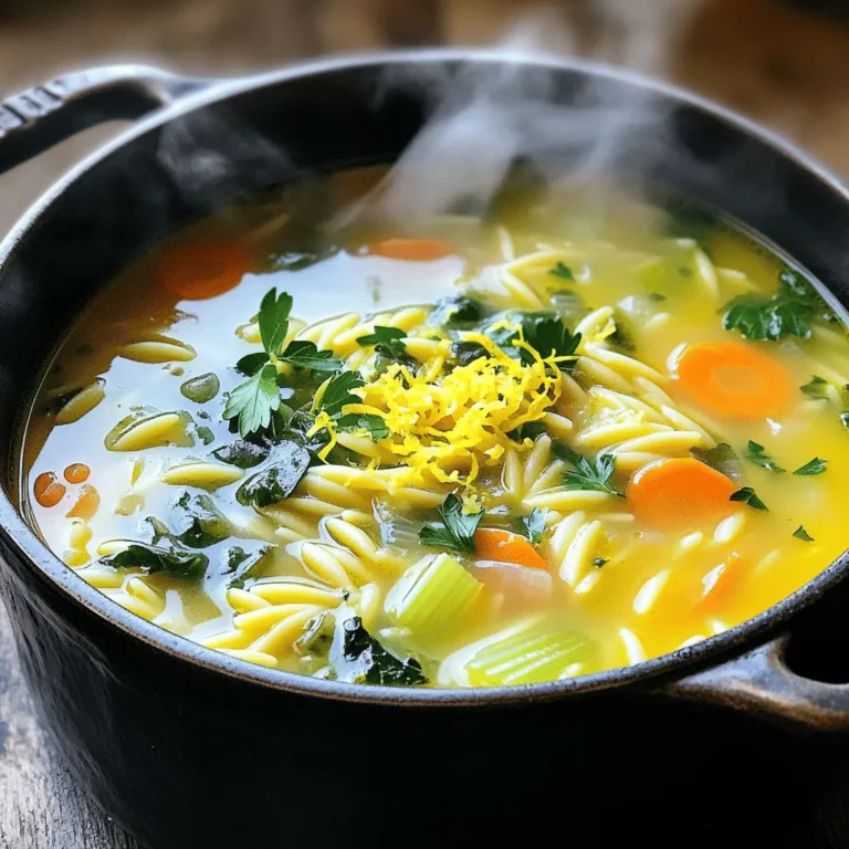 To make this tasty One-Pot Lemon Orzo Soup, you need: - 1 tablespoon olive oil - 1 medium onion, diced - 2 garlic cloves, minced - 3 medium carrots, sliced - 2 celery stalks, diced - 8 cups vegetable broth - 1 cup orzo pasta - 1 cup fresh spinach, chopped - 1 lemon, zested and juiced - 1 teaspoon dried thyme - Salt and pepper to taste - Fresh parsley, chopped (for garnish) Each ingredient in this soup brings something special: - Olive oil adds healthy fats that support heart health. - Onion and garlic boost flavor and offer immune support. - Carrots provide beta-carotene, good for your eyes. - Celery adds crunch and is low in calories. - Vegetable broth gives depth and richness to the soup. - Orzo pasta makes it filling and fun to eat. - Spinach is packed with vitamins A, C, and K. - Lemon adds bright flavor and vitamin C. - Thyme has antioxidant properties that enhance health. - Parsley not only garnishes but adds more nutrients. If you have allergies or special diets, you can make changes: - Olive oil can be replaced with avocado oil for a different taste. - If you dislike onions, try using leeks or shallots. - Use gluten-free orzo made from rice or corn if you're gluten-free. - For a protein boost, add cooked chicken or chickpeas. - If you want a creamier soup, try adding a splash of coconut milk. You can check out the Full Recipe for more details on how to prepare this delicious soup! To make your One-Pot Lemon Orzo Soup, start by gathering all the ingredients. This helps you stay organized as you cook. You need: - 1 tablespoon olive oil - 1 medium onion, diced - 2 garlic cloves, minced - 3 medium carrots, sliced - 2 celery stalks, diced - 8 cups vegetable broth - 1 cup orzo pasta - 1 cup fresh spinach, chopped - 1 lemon, zested and juiced - 1 teaspoon dried thyme - Salt and pepper to taste - Fresh parsley, chopped (for garnish) Next, dice the onion and mince the garlic. Slice the carrots and dice the celery. This makes sure everything cooks evenly. Now it’s time to cook! Heat the olive oil in a large pot over medium heat. Add the diced onion and sauté until it turns clear, about 5 minutes. This brings out the onion's sweet flavor. Stir in the minced garlic, sliced carrots, and diced celery. Cook for another 3-4 minutes until the veggies start to soften. This step builds rich flavor. Pour in the vegetable broth and bring it to a boil. Once boiling, add the orzo pasta and dried thyme. Reduce the heat and let it simmer for about 10-12 minutes. Stir occasionally to prevent sticking. The orzo should be cooked al dente, which means it has a slight bite. Next, stir in the chopped spinach, lemon zest, and lemon juice. Cook for an additional 2-3 minutes until the spinach wilts. This adds freshness to your soup. Finally, season with salt and pepper to taste. Serve hot, garnished with fresh parsley. Enjoy the bright, zesty flavors! To get the best texture in your soup, follow these tips: - Keep an eye on the orzo. It can get mushy if overcooked. - Add the spinach at the end. This helps it stay bright and fresh. - Adjust the broth according to your preference. More broth means a lighter soup, while less gives a thicker texture. These steps will help you create a hearty and flavorful meal. For the complete recipe, check out the [Full Recipe]. To make the best One-Pot Lemon Orzo Soup, start with a few key techniques. First, always heat your olive oil before adding ingredients. This helps release flavors. Next, sauté the onion until soft. This step builds a strong base for your soup. Stir in garlic to bloom its flavor, then add your vegetables. When cooking orzo, watch the timing closely. It cooks fast, so stir often to prevent sticking. Lastly, add lemon zest and juice right at the end. This keeps the bright flavor fresh. Many people rush through the steps. Don't skip sautéing the vegetables. This step makes a big difference in taste. Also, watch the salt. Adding too much can overpower the other flavors. Start with a little, then taste and adjust. Another mistake is overcooking the orzo. It should be al dente, which means firm to the bite. If you cook it too long, it turns mushy. Lastly, don’t forget to season at the end. This small step can enhance your soup's flavor. You can easily elevate your One-Pot Lemon Orzo Soup with simple enhancements. Try adding fresh herbs like dill or basil for a unique twist. You can also mix in a dash of red pepper flakes for a bit of heat. If you want a creamier soup, stir in a splash of cream or coconut milk. For a heartier meal, add shredded chicken or chickpeas. These additions not only boost flavor but also add nutrition. For the full recipe, check out the detailed instructions above! {{image_2}} You can easily boost your One-Pot Lemon Orzo Soup by adding protein. Chicken is a great choice. Simply cook diced chicken breast in the pot before adding other ingredients. You can also use cooked beans like white or chickpeas for a vegetarian option. They add protein and fiber, making the soup heartier. Feel free to tailor the soup with different veggies. Zucchini works well; just slice it thin and add it in with the carrots. Peas can add a sweet pop of flavor. You can also toss in kale or bell peppers for extra color and nutrients. These swaps will keep the soup fresh and interesting. If you need gluten-free soup, swap orzo for gluten-free pasta. There are many options available now. For a dairy-free version, simply skip any cheese garnishes. The soup is still creamy and flavorful without dairy. It’s a great way to enjoy a delicious meal while sticking to your diet. For the full recipe, check out the detailed instructions above. You can store leftover One-Pot Lemon Orzo Soup in the fridge. Use an airtight container. It stays fresh for up to three days. Make sure the soup cools down before sealing the container. This helps keep it tasty and safe. If you want to save the soup for later, freezing works great. Pour the cooled soup into freezer bags. Remove as much air as you can before sealing. Label the bags with the date. You can freeze it for up to three months. When you’re ready to eat, thaw it in the fridge overnight. To reheat, pour the soup into a pot. Heat it on low medium heat. Stir often to avoid sticking. You might need to add a little water or broth. This helps bring back the soup's creamy texture. Enjoy it warm, just like when you first made it. For full details, check out the Full Recipe. Yes, you can use other pasta types. Small shapes like ditalini or acini di pepe work well. Just remember that cooking times may change. Check the package for timing. The soup will still have great flavor. To create a creamier soup, add a splash of heavy cream or coconut milk. You can also blend part of the soup. This gives it a smooth texture. Use an immersion blender for ease. Just blend until you like the texture. Reheat leftover soup on the stove for the best taste. Use a medium heat setting. Stir often to prevent burning. If it's too thick, add a bit of broth. You can also use the microwave. Heat in short bursts, stirring in between. For the full recipe, check out the detailed steps and ingredients. In this post, I covered all the essential parts to make a great dish. We looked at the key ingredients, how to prepare them, and what tips to use for the best results. I shared options for those with allergies and preferences too. Remember, you can always add different proteins or veggies to change things up. Store your leftovers properly for the best taste later. Simple adjustments can make your meals better and more enjoyable. Now, get cooking and enjoy your creation!