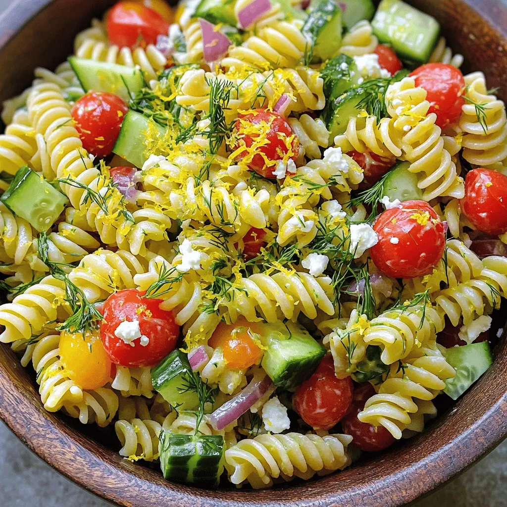 - 8 oz. fusilli pasta - 1 cup cherry tomatoes, halved - 1 cucumber, diced - 1/3 cup red onion, finely chopped - 1/2 cup fresh dill, chopped - 1/4 cup feta cheese, crumbled - 1/3 cup olive oil - 2 tablespoons lemon juice - Zest of 1 lemon - Salt and pepper to taste This lemon dill pasta salad is bright and fresh. It features simple ingredients that pack a punch. The fusilli pasta gives a nice shape and texture. You can find it in any grocery store. The cherry tomatoes add a sweet burst. The cucumber brings a cool crunch. Red onion adds a mild bite, while fresh dill gives a herby twist. For the dressing, I use olive oil, lemon juice, and zest. This mix makes the salad zesty and vibrant. I like to add salt and pepper to enhance the flavors. Feta cheese brings a creamy, salty element that ties everything together. When you use fresh, quality ingredients, the salad shines. This dish is perfect for warm days or gatherings. You can find the full recipe [here](#). Enjoy making this easy dish! To make zesty lemon dill pasta salad, start by cooking fusilli pasta. Boil a large pot of salted water. Add 8 oz. of fusilli pasta. Cook it according to the package instructions, usually about 8-10 minutes. You want the pasta to be al dente, which means it should still have a slight bite. Once done, drain the pasta and rinse it under cold water. This stops the cooking and cools it down quickly. Tips for Perfect Texture: - Use plenty of water while boiling to prevent sticking. - Don’t skip the salt; it adds flavor to the pasta. While the pasta cools, you can chop the fresh veggies. Take 1 cup of cherry tomatoes and cut them in half. Cut 1 cucumber into small dice. Finely chop 1/3 cup of red onion. Place all the chopped vegetables in a large mixing bowl. Make sure to handle them gently to keep them fresh. Best Practices: - Use a sharp knife for clean cuts. - Always wash your vegetables well before chopping. Next, it's time to mix the dressing. In a small bowl, whisk together 1/3 cup of olive oil, 2 tablespoons of lemon juice, and the zest of 1 lemon. Add salt and pepper to taste. Whisk until everything is well combined. The dressing should be bright and zesty, balancing the flavors. Balancing Flavors: - Taste the dressing before mixing. Adjust salt and lemon juice as needed. - Fresh lemon zest adds a punch of flavor that enhances the dish. Now, let’s bring everything together. Add the cooled pasta to the bowl with the chopped vegetables. Pour the zesty dressing over the top. Gently toss everything to coat. Be careful not to break the pasta or vegetables. Tips for Even Coating: - Use a spatula for gentle mixing. - Work in batches if you have a lot of ingredients. For the best flavor, cover the pasta salad and chill it in the fridge for at least 30 minutes. Chilling allows the flavors to meld. When ready to serve, give the salad a final toss. Adjust the seasoning if needed. Serving Suggestions: - Serve this refreshing pasta salad as a side dish. - Pair it with grilled chicken or fish for a complete meal. For the full recipe, check out the [Full Recipe]. For a twist, you can swap fusilli pasta with penne or rotini. Both hold the dressing well and add great texture. If you want a lighter version, use zucchini noodles instead. You can save time by chopping the veggies while the pasta cooks. Pre-chop your ingredients a day ahead for quick assembly. One common mistake is overcooking the pasta. Al dente pasta gives the salad a nice bite. Another pitfall is not chilling the salad. Chilling allows the flavors to mix well. Don’t skip this step! To boost the taste, add a pinch of garlic powder or red pepper flakes. Fresh herbs like parsley or basil can brighten up the dish too. For a richer flavor, toss in some olives or capers. They add a nice briny kick to each bite. {{image_2}} You can change the pasta type in this salad. Try using whole wheat, gluten-free, or chickpea pasta. Each type gives a different taste and texture. For vegetables, swap cherry tomatoes for bell peppers or add spinach for extra greens. If you're looking for vegan options, use a plant-based feta cheese. You can also make a simple dressing with olive oil and lemon juice, skipping the feta entirely. Want more flavor? Add fresh herbs like parsley, basil, or oregano. These herbs can brighten the salad. For a kick, sprinkle in some red pepper flakes or a dash of garlic powder. You can also mix in some capers for a salty touch. Feel free to get creative with your favorite spices! Change the ingredients based on the season. In spring, add peas or asparagus for a fresh crunch. Summer is perfect for fresh corn or zucchini. In fall, try roasted butternut squash or pumpkin seeds for a warm flavor. Winter calls for hearty vegetables like Brussels sprouts or kale. This salad is flexible, so adapt it to what’s fresh and tasty! To keep your lemon dill pasta salad fresh, store it in an airtight container. This helps to prevent moisture and air from spoiling the flavors. Make sure to cool the salad before sealing it. If you have not served it, place a layer of plastic wrap directly on the salad before closing the lid. This extra step keeps the dressing from soaking into the pasta. This salad lasts up to four days in the fridge. If stored well, it will stay tasty and safe to eat. After day four, the flavor may start to fade. You might notice the pasta absorbing the dressing, which can change the texture. Always check for any signs of spoilage before enjoying leftovers. To bring back the zesty flavor, add a splash of lemon juice. Stir in a bit of olive oil as well, if needed. This helps to rehydrate the pasta and lift the salad's taste. If you find the salad too thick, a little cold water can loosen it up. Toss it gently to mix everything well again. Enjoy your vibrant lemon dill pasta salad! You can make lemon dill pasta salad a day in advance. Start by cooking the pasta and prepping the veggies. Mix everything together, except the dill and feta. Add them just before serving. This keeps the salad fresh and crunchy. Store it in the fridge in an airtight container. Just remember to toss it again before serving to mix the flavors. Yes, you can use dried dill. However, the flavors differ. Fresh dill has a bright taste, while dried dill is more intense. If you use dried, use about one-third of the amount. This keeps the salad from tasting too strong. Fresh herbs add a nice pop to the dish, so I recommend using them if you can. Lemon dill pasta salad pairs well with grilled chicken or fish. It also goes great with a fresh green salad. For a light meal, serve it with crusty bread. If you want a vegetarian option, try it with roasted vegetables. These pairings balance the tangy flavors of the salad. This recipe can be made gluten-free. Simply swap the fusilli pasta for a gluten-free version. There are many good options available, like rice or chickpea pasta. These alternatives keep the texture nice. Always check the package to ensure it fits your diet. This blog post covered the key elements of making a delicious lemon dill pasta salad. We discussed the ingredients, from fusilli pasta to fresh veggies and zesty dressing. You learned step-by-step instructions, helpful tips, and storage advice for your salad. Remember, each step matters for the best taste. Don't hesitate to try variations to suit your preferences. Enjoy creating a flavorful dish that makes any meal special!