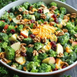 - 2 cups fresh broccoli florets - 1 large apple (preferably a sweet variety like Honeycrisp), diced - 1/2 cup walnuts, chopped - 1/4 cup dried cranberries - 1/4 cup shredded cheese (cheddar or a sharp cheese works well) - 1/4 cup plain Greek yogurt - 2 tablespoons mayonnaise - 1 tablespoon honey - 1 tablespoon apple cider vinegar - Salt and pepper to taste This salad packs a good punch of nutrients. Each serving has about: - Calories: 250 - Protein: 8g - Fiber: 5g - Fat: 15g - Carbohydrates: 27g - Broccoli: Full of vitamins C and K, it boosts your immune system. - Apple: This fruit adds fiber and antioxidants, which are great for heart health. - Walnuts: They contain healthy fats and support brain health. - Greek Yogurt: A great source of protein and probiotics, aiding digestion. - Cranberries: These sweet bites are rich in vitamins and can help prevent urinary tract infections. I love how each ingredient in this salad works together for a tasty, healthy meal. The crunchiness of the broccoli pairs well with the sweetness of the apple. The walnuts add a nice texture, while the cranberries give a touch of sweetness. This dish is not just a salad; it’s a vibrant mix of flavors! For the full recipe, check out the details above. - Rinse and steam broccoli. Begin by rinsing the broccoli florets under cold water. This removes dirt and ensures freshness. Next, steam the broccoli for about 2-3 minutes. You want it tender-crisp. After steaming, drain and let it cool. - Prepare the apple and other ingredients. While the broccoli cools, dice a large sweet apple, like Honeycrisp. Chop half a cup of walnuts. Gather your dried cranberries and shredded cheese. Mix these ingredients in a large bowl. This creates a colorful base for your salad. - Ingredients for the dressing. For the dressing, you will need: - 1/4 cup plain Greek yogurt - 2 tablespoons mayonnaise - 1 tablespoon honey - 1 tablespoon apple cider vinegar - Salt and pepper to taste - Whisking technique for a smooth consistency. In a separate bowl, combine the Greek yogurt, mayonnaise, honey, and apple cider vinegar. Use a whisk to blend everything together. This helps create a smooth dressing. Make sure to taste and adjust the salt and pepper as you like. - Mixing and tossing ingredients. Once the broccoli has cooled, add it to the bowl with the apples and other ingredients. Pour the dressing over this mix. Gently toss everything together. You want all components to be well coated with the dressing. - Recommended resting time for flavor enhancement. Let the salad sit for about 10-15 minutes. This resting time allows the flavors to blend. Enjoy the vibrant and fresh taste of your broccoli apple salad! For the full recipe, check out the details provided earlier. - Selecting the best apples: Choose sweet apples like Honeycrisp or Fuji. They add a nice crunch and balance the savory broccoli. Look for firm apples with vibrant skin. Avoid bruised or soft ones for the best flavor. - Preventing browning of apple slices: To keep your apple slices fresh, squeeze some lemon juice on them. The acidity slows down browning. You can also soak the slices in a mix of water and lemon juice for a few minutes. - Adding proteins: You can add cooked chicken or tofu for extra protein. Chicken adds a savory touch, while tofu is perfect for a plant-based option. Cube them and mix them into the salad. - Substituting ingredients: Feel free to swap out ingredients based on your taste. If you don’t like walnuts, try pecans or sunflower seeds. You can also use other fruits like grapes or pears. - Pairing with meals: This salad pairs well with grilled chicken or fish. It adds color and freshness to your plate. Serve it alongside sandwiches for a light lunch. - Presentation tips: Serve the salad in a large bowl or on a platter. For an attractive finish, sprinkle some extra walnuts and cranberries on top. Add a sprig of parsley for a pop of green. This makes the dish appealing and ready for sharing. For the full recipe, check out the details in the earlier sections! {{image_2}} You can change the dressing for your Broccoli Apple Salad to fit your taste. Here are some ideas: - Creamy Dressings: Use ranch or blue cheese for a rich flavor. - Vinaigrettes: Try a simple lemon vinaigrette for a fresh touch. If you want vegan options, you can use: - Cashew Cream: Blend soaked cashews with lemon juice and salt. - Tahini Dressing: Mix tahini with water, lemon juice, and garlic for a nutty taste. Switching out ingredients can make the salad unique. Here are some swaps to consider: - Seasonal Fruits: Use pears or berries when apples are out of season. - Nuts: Try pecans or almonds for a different crunch. Adding grains can also add texture. Consider: - Quinoa: This adds protein and fiber. - Brown Rice: A hearty option that makes the salad more filling. You can easily adapt this salad for various diets. Here’s how: - Gluten-Free Options: All the ingredients are naturally gluten-free. Just check your dressing. - Low-Carb Variations: Skip the dried cranberries and use fewer apples for fewer carbs. These variations allow everyone to enjoy the salad while fitting their diet. For the full recipe, please refer to the earlier section. To keep your salad fresh, store it in an airtight container. This helps prevent air from making it soggy. Glass containers work great because they don’t stain. Plastic options are also fine, just make sure they seal well. This salad can last up to three days in the fridge. After that, it may lose its crunch. Signs the salad has gone bad include a sour smell or a slimy texture. If you see these signs, it’s best to toss it out. You can prep the ingredients ahead of time. Chop the broccoli and apple, and store them separately. Keep the nuts and cheese in a different container. Assemble everything just before serving for the best taste and crunch. Enjoy the fresh flavors! Yes, you can make this salad ahead of time. I suggest preparing it up to a day in advance. Just keep the dressing separate until you are ready to serve. This keeps the salad fresh and crisp. The flavors will blend nicely if you let it sit for a bit. For this salad, I recommend sweet apples. Honeycrisp apples are my favorite. They add a nice crunch and sweetness. Other great choices include Fuji or Gala apples. Avoid tart apples, as they may overpower the salad's flavor. Broccoli works well both raw and cooked. For this salad, I prefer lightly steaming the broccoli. This keeps it tender yet crisp. Raw broccoli gives a crunchier texture. Choose what you like best! You can make this salad more filling by adding proteins. Rotisserie chicken or chickpeas are great options. You can also add quinoa or couscous for extra texture. These ingredients will make your salad a complete meal. If you need quick dressing alternatives, try these ideas: - Olive oil and lemon juice for a light option. - Balsamic vinegar mixed with honey for sweetness. - Store-bought vinaigrettes like ranch or Italian work well too. These options can save time and still taste good! For the complete recipe, check out the Full Recipe section above. This blog post covered delicious broccoli apple salad recipes and tips. We explored key ingredients and their health benefits, plus how to make it step-by-step. I shared best practices for selecting apples and making it your own with proteins. We also discussed variations, storage tips, and answers to common questions. Now, you have all the tools to create a fresh and tasty salad. Enjoy this healthy dish and feel free to try your own twists!