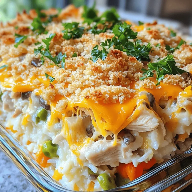 To make this tasty chicken and rice casserole bake, you need a few key items. These ingredients work together to create a warm and comforting dish. Here’s what you will need: - 2 cups cooked white rice - 2 cups cooked chicken, shredded (can use rotisserie chicken) - 1 cup frozen mixed vegetables (peas, carrots, corn) - 1 can (10.5 oz) cream of mushroom soup - 1 cup chicken broth - 1 cup shredded cheddar cheese - 1 teaspoon garlic powder - 1 teaspoon onion powder - Salt and pepper to taste - 1 teaspoon olive oil - 1/2 cup panko breadcrumbs These main ingredients create a creamy, rich base for the casserole. The cooked rice and chicken give it heartiness, while the cream of mushroom soup adds flavor. You can add a few optional ingredients to give your casserole an extra kick. Consider trying these: - 1/2 cup diced onions for sweetness - 1/2 cup diced bell peppers for crunch - 1 teaspoon dried thyme for a herbal touch - 1/2 teaspoon paprika for a smoky flavor - A splash of hot sauce for heat These optional ingredients can make your dish more unique. Feel free to mix and match based on your taste. Once your casserole is baked to perfection, garnishing can make it even more appealing. Here are some suggestions: - Fresh parsley, chopped for color - A sprinkle of extra cheese on top for richness - Sliced green onions for a fresh crunch These garnishes not only enhance the look of the dish but also add more flavor. Enjoy the delightful presentation before serving! If you want the full recipe, check the details above. Start by gathering all your ingredients. You will need: - 2 cups cooked white rice - 2 cups cooked chicken, shredded - 1 cup frozen mixed vegetables (peas, carrots, corn) - 1 can (10.5 oz) cream of mushroom soup - 1 cup chicken broth - 1 cup shredded cheddar cheese - 1 teaspoon garlic powder - 1 teaspoon onion powder - Salt and pepper to taste - 1 teaspoon olive oil - 1/2 cup panko breadcrumbs - Fresh parsley for garnish Next, preheat your oven to 350°F (175°C). Grease a 9x13-inch baking dish with olive oil. This helps prevent sticking and makes cleanup easy. In a large mixing bowl, combine the cooked rice, shredded chicken, and frozen mixed vegetables. Then, add the cream of mushroom soup and chicken broth. Mix well until all items are coated. This step ensures that every bite is creamy and full of flavor. Next, add the garlic powder, onion powder, salt, and pepper. Stir again to blend these spices into the mixture. This will enhance the taste of your casserole. Transfer the mixture into your greased baking dish. Spread it out evenly to ensure even cooking. Sprinkle the shredded cheddar cheese on top. This will give a nice cheesy crust when baked. In a small bowl, mix the panko breadcrumbs with a bit of olive oil. This makes them crispy when baked. Sprinkle the breadcrumb mixture evenly over the cheese layer. Cover the baking dish with aluminum foil. Bake in your preheated oven for 25 minutes. After that, remove the foil and bake for another 15-20 minutes. Keep an eye on it. The top should be golden and bubbly. Once it is done, let it cool for a few minutes. This helps the flavors settle. Garnish with fresh parsley for a pop of color. Now you have a delightful chicken and rice casserole ready to serve! To make the best chicken for your casserole, start with cooked chicken. You can use rotisserie chicken for ease. If you prefer, boil or bake chicken breasts. Ensure the chicken is fully cooked to avoid any health risks. Shred the chicken into small pieces for even mixing. This helps each bite be tasty and tender. For a creamy casserole, use cream of mushroom soup. This soup adds great flavor and texture. Mix in chicken broth to thin the soup slightly. You can also add sour cream or cream cheese for extra creaminess. Stir your mixture well to combine all the ingredients smoothly. This ensures a rich, decadent dish that melts in your mouth. Oven temperatures can vary. Always check your casserole as it bakes. If your oven runs hot, reduce the baking time. For a cooler oven, you might need to bake longer. Cover the dish with foil for the first half of baking. This keeps the moisture in. Remove the foil to let the top brown and crisp up. Checking the casserole often will help you get the perfect bake. {{image_2}} You can easily make this dish vegetarian. Swap the chicken for cooked lentils or chickpeas. Use vegetable broth instead of chicken broth. You can add diced tofu for extra protein. This keeps the dish hearty and filling. Don't forget to add more veggies, like bell peppers or spinach, for color and taste. If you want a different protein, consider turkey or ham. Both pair well with the rice and cheese. For seafood lovers, shrimp works great too. Just cook them briefly before mixing them into the casserole. These options give you fun ways to change the flavors while keeping the dish comforting. Spice up your casserole with different seasonings. Try adding cumin or paprika for a warm kick. You can also swap the cream of mushroom soup for cream of chicken or a homemade version. For a cheesy twist, mix in different cheeses like mozzarella or pepper jack. Experimenting with flavors can make this classic dish feel new each time you make it. For the full recipe, check below. Storing leftover casserole is easy. First, let it cool to room temperature. Then, transfer it to an airtight container. You can also use plastic wrap. Make sure to seal it tightly. This keeps the dish fresh. Store it in the fridge for up to four days. When you want to reheat, just take it out of the fridge. Place the casserole in an oven-safe dish. Cover it with foil to keep it moist. Heat the oven to 350°F (175°C). Bake for about 20-25 minutes. Check if it's hot all the way through. You can also use a microwave, but the oven gives the best results. Freezing is a great way to save leftovers. Cut the casserole into serving-sized pieces. Wrap each piece in plastic wrap. Then place them in a freezer bag. This helps avoid freezer burn. You can freeze it for up to three months. To reheat, let it thaw overnight in the fridge. Then follow the reheating instructions. This dish stays tasty even after freezing. Enjoy your Chicken and Rice Casserole Bake again with ease! For the full recipe, check the earlier section. Yes, you can. Prepare the casserole as directed, but do not bake it. Cover it tightly and store it in the fridge. You can bake it the next day. This makes dinner easy and quick. I recommend using cooked white rice. It gives a soft texture and blends well with the sauce. You can also use jasmine rice for a fragrant twist. Yes, but it will change the cooking time. Brown rice takes longer to cook. If you use it, cook the rice first before mixing it in. It adds a nutty flavor and more nutrients. Use gluten-free cream of mushroom soup and check the chicken broth label. You can swap panko breadcrumbs for gluten-free ones. This way, everyone can enjoy this tasty dish. This casserole pairs well with fresh salad or steamed veggies. You can also serve it with crusty bread or garlic bread. These sides add color and flavor to your meal. For the full recipe, check the above section. You learned how to make a tasty Chicken and Rice Casserole Bake. We covered main and optional ingredients and how to prep and cook them. I shared tips for creamy results and cooking times. You can try different variations, store leftovers, and reheat them easily. Remember, this dish is flexible and fun! Play with flavors and ingredients to make it your own. Enjoy making a comforting meal that everyone will love.