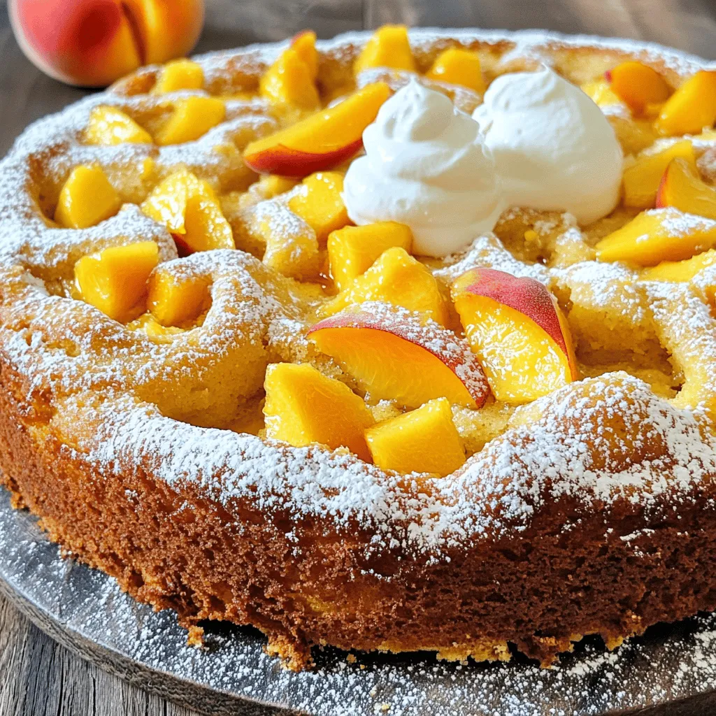 - 1 cup plain yogurt (Greek or regular) - 1 cup all-purpose flour - 1/2 cup sugar - 1/2 cup vegetable oil - 2 large eggs To make the cake, you need these main ingredients. They form the base of the batter. The yogurt keeps the cake moist. It also adds a slight tang that pairs well with peaches. The flour gives the cake structure. Sugar adds sweetness, while oil helps it stay tender. The eggs bind everything together. - 1 tsp vanilla extract - Zest of 1 lemon For flavor, vanilla extract is a must. It adds warmth and depth. Zest from the lemon brightens the cake. It gives a fresh, citrusy note that lifts the peach flavor. Both of these ingredients make the cake taste special. - 2 ripe peaches, peeled and diced - Powdered sugar for dusting Peaches are the star of this cake. Their sweetness and juiciness shine through. You can add them to the batter for bursts of flavor. Dusting the cake with powdered sugar gives it a pretty finish. It also adds a touch of sweetness on top. If you want the full experience, check out the Full Recipe. 1. Preheat the oven and prepare the cake pan: Set your oven to 350°F (175°C). Grease a 9-inch round cake pan. You can also line it with parchment paper for easy removal. 2. Mix wet ingredients thoroughly: In a large bowl, combine 1 cup of yogurt, 1/2 cup of sugar, and 1/2 cup of vegetable oil. Whisk until smooth. Next, add 2 large eggs, 1 tsp of vanilla extract, and the zest of 1 lemon. Keep whisking until it all blends well. 1. Sift and mix dry ingredients with wet mixture: In another bowl, mix 1 cup of flour, 1 tsp of baking powder, 1/2 tsp of baking soda, and 1/4 tsp of salt. Gradually sift this into the wet mixture. Use a spatula to fold gently. Be careful not to overmix. 2. Fold in the peaches: Take 2 diced peaches and gently fold them into the batter. Make sure the peaches spread evenly throughout. 1. Pour batter into the pan and bake: Pour the batter into the prepared pan. Smooth the top with a spatula. Place the pan in your preheated oven. Bake for 30-35 minutes. Check with a toothpick; it should come out clean. 2. Cool and serve: After baking, let the cake cool in the pan for 10 minutes. Then, transfer it to a wire rack to cool completely. Dust with powdered sugar if you like, and slice it to serve. Enjoy your Peach Yogurt Cake! For the complete recipe with all details, check out the Full Recipe. To make your Peach Yogurt Cake just right, avoid overmixing the batter. When you mix too much, the cake can turn out dense. You want it light and fluffy. Fold the ingredients gently until they come together. This helps keep air in the batter. To ensure even baking, check your oven’s temperature with a thermometer. Ovens can be off by a few degrees. Place the cake in the center of the oven for balanced heat. Rotate the cake halfway through baking. This helps it rise evenly and bake perfectly. For a lovely finish, serve slices of cake with whipped cream and fresh peach slices. This adds color and flavor. You can also sprinkle some powdered sugar on top for a sweet touch. Enjoy this cake best when it's fresh. It’s perfect for dessert after dinner or as a midday treat. Pair it with a cup of tea or coffee for a delightful break. If you want to boost the flavor, think about adding spices. A pinch of cinnamon or nutmeg can add warmth and depth. Just a little goes a long way. Mix these spices into your flour before combining it with the wet ingredients. This will spread the flavor evenly throughout the cake. For the full recipe, click here: [Full Recipe]. {{image_2}} You can swap plain yogurt for different types. If you want a dairy-free option, use coconut yogurt. It adds a nice flavor and keeps the cake moist. For flour, you might try whole wheat flour. This switch gives the cake extra fiber and a nutty taste. Peaches are great, but you can use other fruits too. Berries like blueberries or strawberries work well. Apples or pears add sweetness and moisture. You can also mix in nuts like walnuts or almonds. They add crunch and flavor. Want to make a vegan version? Replace eggs with flaxseed meal or applesauce. For gluten-free options, use almond flour or a gluten-free baking blend. These tweaks help everyone enjoy the cake while sticking to their diets. For the full recipe, check the earlier sections. To keep your Peach Yogurt Cake fresh, you can store it at room temperature for a short time. Just place it in an airtight container. This works best if you plan to eat it within two days. If you want to save it longer, refrigerate the leftovers. Wrap the cake tightly with plastic wrap or foil before placing it in the fridge. This helps prevent it from drying out. If you want to save the cake for a month, freezing is a great option. First, let the cake cool completely. Then, wrap it tightly in plastic wrap. After that, use aluminum foil for extra protection. Label it with the date before placing it in the freezer. When you're ready to eat, thaw the cake in the fridge overnight. To reheat, warm slices in the microwave for about 15 seconds. This will bring back its soft texture. The Peach Yogurt Cake can last up to five days in the fridge. Just remember to check for any signs of spoilage, like mold or off smells. For the best taste, eat the cake within three days. If you freeze it, it can stay fresh for about a month. Always ensure proper wrapping to maintain its flavor and moisture. Enjoy your cake at its best! You can find the full recipe above for reference. You can replace eggs in this cake. Use a 1/4 cup of unsweetened applesauce for each egg. Another option is to mix 1 tablespoon of flaxseed meal with 3 tablespoons of water. Let it sit for a few minutes to thicken. Both options keep the cake moist and tasty. Yes, you can use frozen peaches. Just remember to thaw them first. Drain any excess juice. Frozen peaches may not be as firm as fresh ones. They can add extra moisture to the cake. That’s okay, just adjust your baking time slightly. Keep an eye on the cake as it bakes. Serve this cake warm or at room temperature. For a lovely touch, add fresh peach slices on the side. A dollop of whipped cream makes it even better. You can also dust the top with powdered sugar for a sweet finish. Each slice looks and tastes amazing! Check out the Full Recipe for more details. Peach Yogurt Cake is easy to make with simple ingredients like yogurt, flour, and eggs. We learned how to prepare, bake, and serve this delicious dessert. You can add fresh peaches and try different fruits too. Remember to store your cake well, so it stays fresh. Baking this cake will bring joy to your kitchen and delight your taste buds. Enjoy the flavors and share this treat with friends and family.