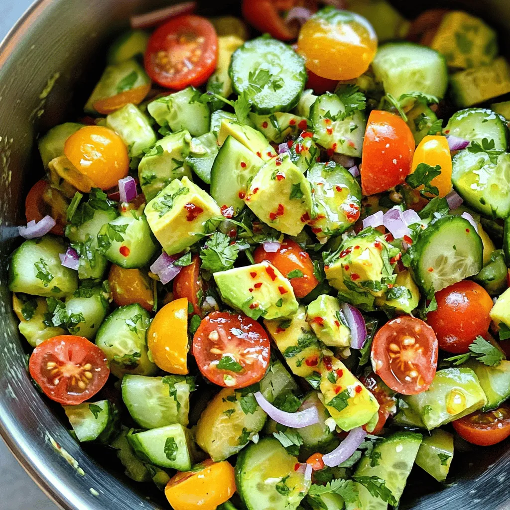 - Ripe avocados - Large cucumber - Cherry tomatoes - Red onion - Fresh cilantro - Lime juice - Olive oil - Salt and pepper - Optional: Chili flakes To create a fresh and tasty Avocado Cucumber Salad, you need some simple ingredients. First, choose ripe avocados. They should feel soft but firm. Next, get a large cucumber. Peel it for a smoother taste. Cherry tomatoes add a pop of color. Halve them for easy bites. Red onion gives a sharp flavor. Slice it thinly to mix well. Fresh cilantro adds a nice herbal touch. For the dressing, lime juice brings a zesty kick. Olive oil adds richness. Don’t forget salt and pepper for seasoning. You can add chili flakes if you like heat. This simple mix of ingredients makes the salad bright and delicious. For the full recipe, check the details above. First, gather your ingredients for the avocado cucumber salad. You will need: - 2 ripe avocados, diced - 1 large cucumber, peeled and diced - 1 cup cherry tomatoes, halved - 1/4 red onion, thinly sliced - 1/4 cup fresh cilantro, chopped - 2 tablespoons lime juice - 1 tablespoon olive oil - Salt and pepper to taste - 1/4 teaspoon chili flakes (optional for heat) Start by cutting the avocados and cucumber. Dice them into small pieces. Next, halve the cherry tomatoes. Thinly slice the red onion. Finally, chop the fresh cilantro. Now, place all the chopped veggies into a large mixing bowl. Gently fold them together, ensuring they mix well but remain intact. In a small bowl, whisk together the lime juice, olive oil, salt, pepper, and chili flakes. This dressing will add a zesty kick to the salad. Once your salad ingredients are prepped, it’s time to combine everything. Drizzle the dressing over the salad mix. Use a spatula to gently toss everything together. Make sure all the pieces get coated in the dressing. Next, taste your salad. Adjust the seasoning if needed. You may want to add more salt or lime juice for extra flavor. To serve, you can dish it up right away for the freshest taste. If you prefer, refrigerate the salad for 15-20 minutes. This lets the flavors meld together nicely. Enjoy your avocado cucumber salad! For the complete recipe, check the [Full Recipe]. To make the best avocado cucumber salad, you need ripe avocados. A ripe avocado feels slightly soft when you gently press it. If it's hard, it needs more time to ripen. Place it in a brown bag with a banana. The banana gives off gas, helping the avocado ripen faster. Look for these signs of perfect ripeness: - Dark green or black skin - Slightly soft feel - No large dents or dark spots These signs show that your avocado is ready to eat. To boost the taste of your salad, use fresh herbs like basil or mint. They add a bright flavor that pairs well with the creamy avocado. You can also try a pinch of garlic powder or a dash of cumin for extra depth. Serving temperature matters too! This salad shines when served cold. Chill it in the fridge for about 15-20 minutes after mixing. This lets the flavors blend nicely, making each bite refreshing. For the full recipe, check out Avocado Cucumber Delight. Enjoy your cooking adventure! {{image_2}} If you run out of avocados or cucumbers, don’t worry! You can swap in other tasty options. For avocados, try using ripe mango or creamy tofu. Both add a lovely texture. For cucumbers, you can use zucchini or even bell peppers. They bring a fresh crunch to the salad. You might also consider seasonal swaps. In summer, ripe peaches or nectarines can add sweetness. In fall, diced apples can give a nice crunch. Each choice adds its own twist! When it comes to dressings, the options are endless. A simple vinaigrette made of balsamic vinegar works great. Or you can try yogurt mixed with herbs like dill or mint. Both give a different flavor and keep things interesting. Want to add protein? Grilled chicken or shrimp are fantastic choices. For a plant-based option, try chickpeas or black beans. These not only boost the protein but also add texture. For the full recipe, check out Avocado Cucumber Delight. It’s refreshing and easy to make! To keep your avocado cucumber salad fresh, store it in an airtight container. This helps prevent browning. Place a layer of plastic wrap directly on the surface before sealing. This extra barrier slows oxidation. You can keep the salad in the fridge for up to three days. However, the sooner you eat it, the better the taste and texture. You cannot freeze this salad as it contains fresh avocados and cucumbers. Freezing alters their texture. If you want to freeze extras, consider storing only the diced avocados. Use them in smoothies later. When thawing, place them in the fridge overnight. Use them in recipes where texture is less important, like soups or dips. How can I make this salad vegan? To make this salad vegan, skip the honey. The ingredients are already plant-based. Use olive oil for healthy fats. This keeps the dish fresh and light. You can also use agave nectar instead of honey if needed. Can I prepare this salad in advance? Yes, you can prepare the salad in advance. However, I suggest adding the avocado just before serving. This keeps the avocado from browning. You can mix the veggies and dressing ahead of time. Just store the dressing separately in the fridge. Caloric content based on serving size Each serving of this salad has about 200 calories. This can vary based on the size of the avocados. It’s a healthy choice for lunch or dinner. Nutritional breakdown of key ingredients - Avocados: High in healthy fats and fiber. - Cucumbers: Low in calories and hydrating. - Cherry tomatoes: Good source of vitamins A and C. - Red onion: Adds fiber and flavor. - Cilantro: Offers antioxidants and freshness. What to serve alongside the salad This salad pairs well with grilled chicken or fish. It also goes great with tacos or wraps. Try it with rice or quinoa for a full meal. Ideal occasions for this salad recipe This salad is perfect for picnics and barbecues. It’s light and refreshing for summer days. Serve it at a brunch or family gathering. It’s a great side dish for any meal. This salad blends ripe avocados, cucumbers, and tomatoes for a fresh dish. We covered how to prepare the ingredients and mix the dressing. Plus, I shared tips on choosing avocados and enhancing flavor. You can also try different ingredients or dressings for variety. Remember to store leftovers properly to keep them fresh. This salad is great for any meal or occasion. Enjoy making it your own!