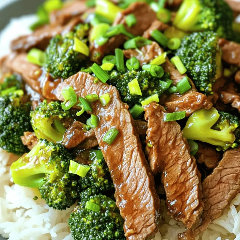 To make a tasty beef and broccoli stir fry, you need a few key ingredients. Here’s what you will need: - 1 lb flank steak, thinly sliced against the grain - 4 cups broccoli florets - 2 tablespoons vegetable oil - 1 tablespoon ginger, minced - 3 cloves garlic, minced - 1/4 cup soy sauce - 2 tablespoons oyster sauce - 1 tablespoon cornstarch - 1 tablespoon sesame oil - 1/2 teaspoon black pepper - 2 green onions, chopped for garnish - Cooked rice or noodles, for serving These ingredients come together to create a dish that is both simple and delicious. For the best flavor and texture, flank steak is a top choice. It is tender and has a great beefy taste. You can also use sirloin or ribeye if you prefer. Just remember to slice the beef thinly against the grain. This helps make each bite super tender. When choosing broccoli, look for bright green florets without yellow spots. Fresh broccoli has a crisp texture, which is key for stir frying. If you can, buy broccoli that is firm and has tight clusters. This ensures you get all the nutrients and flavor. If you want to prep it ahead, store it in the fridge in a sealed bag. This keeps it fresh until you are ready to cook. For the full recipe, check out the details in the Full Recipe section. Start by slicing the flank steak thinly. Cut against the grain for tender bites. Place the beef in a bowl. Add cornstarch, black pepper, soy sauce, and sesame oil. Mix well to coat. Let the beef marinate for 15 minutes. This step makes the beef flavorful and tender. Next, bring a pot of water to a boil. Add the broccoli florets to the boiling water. Blanch them for about 2 minutes. They should turn bright green and soften slightly. Drain the broccoli and set it aside. This keeps the broccoli crunchy and fresh. Heat 2 tablespoons of vegetable oil in a large skillet or wok over high heat. Once hot, add the marinated beef in a single layer. Cook for 2-3 minutes until browned. The beef should sizzle and caramelize nicely. Remove the beef from the skillet and set it aside. This step locks in the rich flavor. In the same skillet, add minced ginger and garlic. Sauté them for about 30 seconds. You want them fragrant but not burnt. This adds depth and aroma to the dish. Now, you’re ready to combine everything for a delicious meal. For the full recipe, check out the Easy Beef and Broccoli Stir Fry instructions above. You can save time with a few tricks. Use pre-sliced beef from the store. This cuts down on prep time. You can also buy pre-washed broccoli florets. This saves you time washing and cutting. If you're in a rush, cook the rice or noodles ahead of time. Store them in the fridge. When you're ready, just heat them up. The right tools make stir frying easier. A large skillet or wok is a must. It should have high sides for tossing. A wooden spatula works well for mixing. A sharp knife helps you slice beef thinly. A cutting board is essential for safety. A pot for blanching broccoli is also helpful. To boost the taste, try these ideas. Add a splash of rice vinegar for tang. A little chili paste brings heat. You can mix sesame seeds in while cooking for crunch. Fresh herbs like cilantro add brightness. For a sweet touch, drizzle some honey. These add depth to your beef and broccoli stir fry. For the full recipe, check out the complete guide! {{image_2}} You can swap out flank steak for leaner cuts like sirloin or chicken breast. If you want a plant-based option, try tofu or tempeh. Both options are tasty and lower in fat. Use low-sodium soy sauce for a healthier sauce. This helps cut back on salt while keeping flavor. Get creative with your stir-fry! You can add bell peppers, snap peas, or carrots. These veggies not only add color but also boost nutrition. Mushrooms and baby corn add unique tastes and textures. Feel free to mix and match based on what you have at home. Want to change up the flavor? Try using teriyaki or hoisin sauce instead of oyster sauce. These sauces add sweetness and depth. You can also make a spicy version by adding chili paste or sriracha. This gives your dish a nice kick and makes it exciting to eat. For the complete recipe, check out the Full Recipe section. To store leftovers, let the stir-fry cool first. Then, place it in an airtight container. This keeps the flavors fresh. You can store it in the fridge for up to three days. If you want to keep it longer, consider freezing it. To freeze, make sure the stir-fry is fully cooled. Use freezer-safe bags or containers. Remove as much air as possible to prevent freezer burn. You can freeze it for up to three months. Just label your bags with the date for easy tracking. When you're ready to eat, thaw the stir-fry overnight in the fridge. To reheat, use a skillet over medium heat. Add a splash of water or broth to keep it moist. Stir it often until heated through. You can also use the microwave. Heat in short bursts, stirring in between. Enjoy your meal just like fresh! For the full recipe, check out the Beef & Broccoli Bliss Stir-Fry. You can serve this dish with a few great sides. Cooked rice is a classic choice. White or brown rice both work well. Noodles are another tasty option. Try lo mein or rice noodles for a fun twist. You can also add a side of egg rolls or spring rolls. These give a nice crunch and flavor. For a fresh touch, serve with a simple salad too. Yes, you can use frozen broccoli! It is quick and easy. Just be sure to thaw it first. This helps it cook evenly. You can blanch frozen broccoli for about 2-3 minutes. This will keep it bright and crisp. The taste will still be good, but fresh broccoli adds a better crunch. To make this dish gluten-free, use gluten-free soy sauce. Many brands offer this option. Check the labels to be sure. You can also use tamari as a soy sauce substitute. Ensure all sauces you use are gluten-free. This way, you keep the flavors without the gluten. Beef and broccoli stir fry comes from Chinese cuisine. It became popular in American-Chinese restaurants. The dish mixes tender beef with fresh broccoli. It highlights the balance of flavors and textures. Many believe it was inspired by a dish from Cantonese cooking. It has become a favorite for many people worldwide. You can find the full recipe for this dish [here](#). This article guides you on making an easy beef and broccoli stir fry. We covered key ingredients, from beef choices to fresh broccoli tips. You learned step-by-step cooking instructions and helpful tips to enhance flavor. Variations show healthier options and sauces to try. Lastly, we discussed storing leftovers and reheating for best taste. I hope you feel ready to create this dish. Enjoy your cooking adventure!