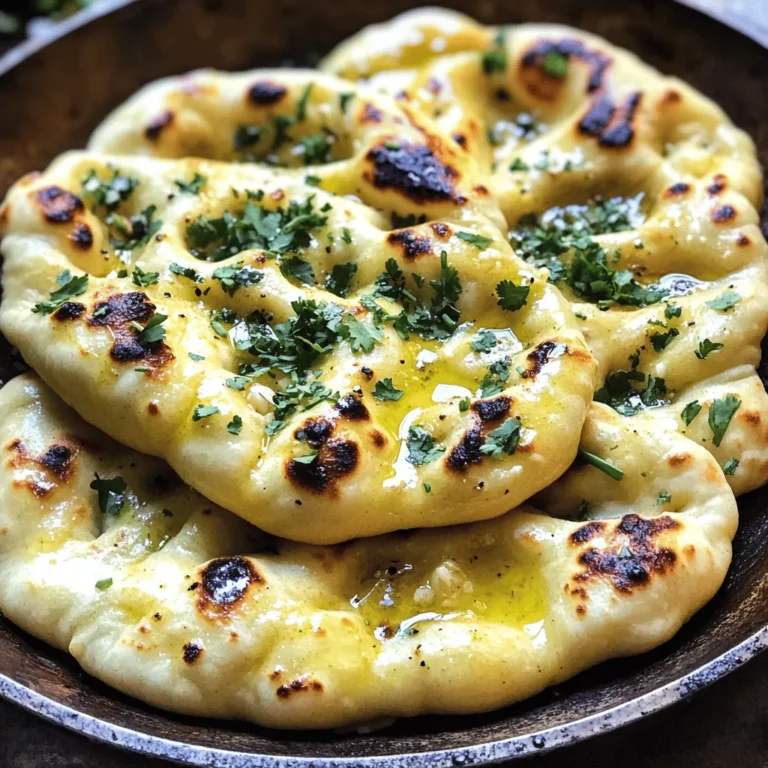 To make homemade garlic naan, you need a few simple ingredients. Each one plays a key role in making the naan soft and flavorful. Here’s what you will need: - 2 cups all-purpose flour - 1 teaspoon sugar - 1 teaspoon salt - 1 teaspoon baking powder - ½ cup plain yogurt - ½ cup warm water - 2 tablespoons ghee or melted butter - 4 cloves of garlic, minced - Fresh cilantro, chopped (for garnish) - Extra ghee or butter for brushing Gather these ingredients before you start. They are easy to find at any grocery store. The all-purpose flour gives the naan its structure. Sugar and salt add flavor, while baking powder helps it rise. Yogurt gives it a nice tang and softness. The warm water helps the dough come together. Ghee or melted butter adds richness, and garlic brings that bold taste. Finally, fresh cilantro adds a pop of color and freshness. Once you have all the ingredients, you're ready to make some delicious garlic naan. For the full recipe, check out the section above. Happy cooking! To start, grab a large mixing bowl. Add 2 cups of all-purpose flour, 1 teaspoon of sugar, 1 teaspoon of salt, and 1 teaspoon of baking powder. Mix them well. This step ensures the dry ingredients blend evenly. Next, make a well in the center of your dry blend. Pour in ½ cup of plain yogurt and ½ cup of warm water. Use a spoon to mix it all together. When the dough begins to form, stop mixing. Now it’s time to knead the dough. Place it on a floured surface. Knead for about 5 to 7 minutes. You want the dough to feel smooth and elastic. If the dough sticks too much, sprinkle a bit more flour. Once you have a nice dough, shape it into a ball. Place it in a lightly greased bowl. Cover it with a damp cloth. Let it rest for at least 1 hour in a warm spot. This helps the dough rise and get fluffy. After your dough has risen, punch it down gently. Divide it into 6 equal pieces. Roll each piece into a ball, then flatten it into an oval shape. Aim for about ¼ inch thick. Next, preheat your skillet or tandoor over medium-high heat. While it heats, mix 4 minced garlic cloves with 2 tablespoons of ghee or melted butter in a small bowl. When the skillet is hot, place one piece of rolled dough in it. Cook for 1 to 2 minutes, or until bubbles form on the surface. Brush the top with the garlic-ghee mixture. Flip the naan and cook for another 1 to 2 minutes until it turns golden brown. Remove the naan from the skillet. Brush it with more ghee or butter for extra flavor. Repeat this for the rest of your dough. Finally, garnish each naan with chopped cilantro for a fresh touch. Enjoy them warm with your favorite curry or dish. For the complete process, refer to the Full Recipe. To get soft and fluffy naan, kneading is key. Kneading helps develop gluten, making the dough stretchy. Aim for about 5-7 minutes of kneading. You want it smooth and elastic. The best temperature for rising is warm. Find a cozy spot in your kitchen. A warm oven or near a sunny window works well. Cover the dough with a damp cloth to keep it moist. Let it rise for at least one hour. Adding herbs or spices can elevate your naan. Try mixing in fresh herbs like rosemary or thyme. A pinch of cumin or coriander can add depth. For the garlic mixture, you can vary the flavors. Mix in some chopped green chilies for heat. Adding grated cheese can make it extra special too. You can use a skillet or tandoor to cook naan. A skillet is easier for most home cooks. It gives great results on medium-high heat. If you want crispy naan, try these alternative methods. Use a broiler to crisp up the top after cooking. You can also grill the naan for a smoky flavor. Each method adds a unique twist to your garlic naan. {{image_2}} You can spice up your naan in fun ways. Cheese-stuffed naan is one tasty option. Just add cheese inside before rolling it out. When it cooks, the cheese melts, making it gooey and delicious. Another great choice is herb-infused naan. Mix some fresh herbs, like parsley or basil, into the dough. This gives your naan a fresh taste that pairs well with many dishes. If you need a gluten-free naan, you can use different flours. Almond flour or chickpea flour works well. You can also try a mix of gluten-free all-purpose flour. For the best results, look for brands like Bob’s Red Mill or King Arthur. These brands have good gluten-free options that can help you make soft naan. Naan is perfect with dips and curry dishes. Serve it with hummus or a spicy chickpea curry. The naan soaks up the flavors, making each bite special. You can also use naan as a wrap or sandwich bread. Fill it with grilled chicken, veggies, or your favorite spreads. This adds a fun twist to your meals. For the full recipe, check out the section above! To store leftover naan, first let it cool completely. This step is key. Then, wrap each piece in plastic wrap or foil. Place the wrapped naan in an airtight container. You can refrigerate naan for up to three days. If you want to save naan for longer, you can freeze it. Place the wrapped naan in a freezer bag. Squeeze out as much air as you can. Naan can stay fresh in the freezer for about three months. When you’re ready to eat it, just thaw it in the fridge overnight. To reheat naan and keep it soft, use a skillet. Heat it on low for a few minutes. Place the naan in the skillet for about 30 seconds. Flip it and heat the other side for another 30 seconds. This method warms it nicely without making it dry. You can also use an oven. Preheat it to 350°F (175°C). Wrap the naan in foil and place it in the oven for 10 minutes. This keeps the naan warm and soft. Avoid using the microwave. It often makes the naan tough and chewy. This way, your homemade garlic naan stays delicious and ready to pair with your favorite dishes! For the full recipe, check out the Full Recipe section. Homemade garlic naan can last for about 2 to 3 days in the fridge. To keep it fresh, store it in an airtight container. If you want to keep it longer, freeze the naan. Frozen garlic naan can last for up to 3 months. To freeze, place the naan in a single layer in a freezer-safe bag. When you're ready to eat, thaw it in the fridge overnight before reheating. Yes, you can make garlic naan without yogurt. If you don't have yogurt, you can use milk or buttermilk instead. Both will add moisture and help the naan rise. You can also try a mix of water and a splash of vinegar as a substitute. This will keep the naan soft and tasty. Naan is thicker and softer than other flatbreads like roti or pita. Roti is made without yeast and is cooked on a flat surface, which makes it thinner. Pita is also made without yeast, but it puffs up during cooking, creating a pocket. Naan, with its yeast and yogurt, has a unique texture and flavor. It’s often brushed with ghee and topped with garlic, giving it a rich taste. Making your own garlic naan can be easy and fun. We covered the key ingredients, simple steps to make the dough, and cooking methods. You also learned tips for fluffier naan and how to explore different flavors. Don't forget how to store and reheat it properly. With these techniques, you can enjoy homemade naan with many of your favorite dishes. Dive in and perfect your naan-making skills. Cooking is about trying, so have fun and experiment!