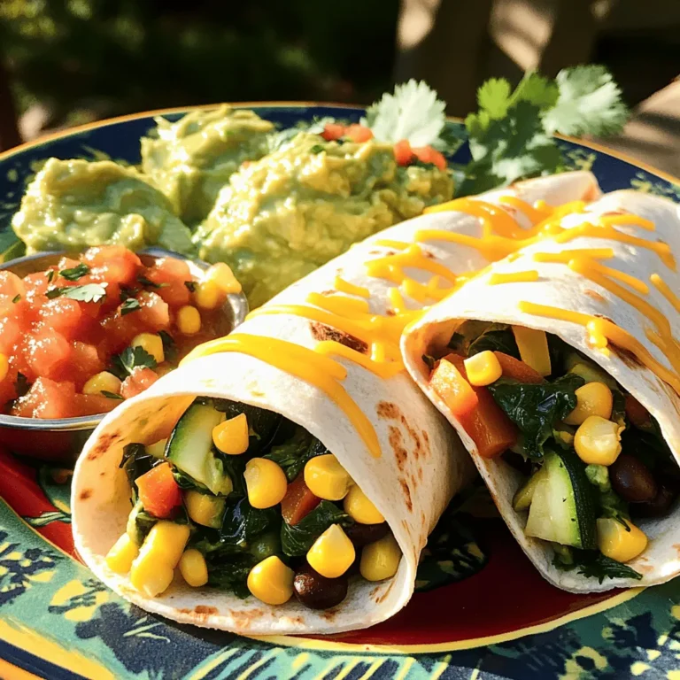 - 4 large flour tortillas - 1 cup black beans, drained and rinsed - 1 bell pepper (any color), diced - 1 small zucchini, diced - 1 cup spinach, chopped - 1/2 cup corn (canned or frozen) - 4 large eggs - 1/4 cup milk (or a dairy-free alternative) - Seasonings: cumin, chili powder, salt, and pepper - 1/2 cup shredded cheese (cheddar or a blend) - Optional: Salsa and guacamole for serving When you gather your ingredients, start with fresh veggies. They bring life to your burritos. Black beans add protein and fiber. You can pick any bell pepper for color. Zucchini adds moisture and flavor. Spinach is a great way to sneak in greens. Corn gives you a sweet crunch. For the eggs, use large ones for fluffiness. Milk helps make them creamy. Seasonings like cumin and chili powder add warmth. Don't forget salt and pepper for balance. Topping with cheese is a must; it melts beautifully. Lastly, have salsa and guacamole ready for serving. These add flavor and richness. To learn how to prepare these tasty burritos, check out the Full Recipe. Enjoy making a meal that everyone will love! 1. Cook diced bell pepper and zucchini until soft Heat a large skillet over medium heat. Add a splash of olive oil. Sauté the diced bell pepper and zucchini for about 5 minutes. Stir often until they soften. 2. Add spinach and corn, cooking until wilted Toss in the chopped spinach and corn. Cook for another 2-3 minutes. The spinach should wilt down nicely. 3. Whisk eggs, milk, and spices, then add to veggies In a separate bowl, whisk together the eggs, milk, cumin, chili powder, salt, and pepper. Pour this mixture into the skillet with the veggies. Stir gently for about 3-4 minutes until the eggs set. 4. Stir in black beans and cheese until combined Remove the skillet from heat. Gently fold in the black beans and shredded cheese. Mix well until everything is combined. 5. Assemble burritos with filling and tortillas Warm the flour tortillas in a microwave or skillet to make them soft. Scoop a generous amount of the filling into the center of each tortilla. Fold in the sides and roll tightly from the bottom. 6. Toast burritos for added flavor and texture If you want a crispy finish, heat a skillet over medium heat. Place the burritos seam-side down. Toast for 2-3 minutes on each side until golden brown. This method gives you a tasty breakfast that is quick and easy to make. For the complete recipe, you can refer to the [Full Recipe]. - Best methods to sauté vegetables without overcooking Start with a hot skillet and use a little olive oil. Sauté the bell pepper and zucchini for about five minutes. Stir often to keep them from burning. When they soften, add spinach and corn. Cook until the spinach wilts, which takes about two to three minutes. This keeps the veggies crisp and bright. - How to achieve fluffy scrambled eggs Whisk the eggs and milk together until combined. Add cumin and chili powder for flavor. Pour the mixture into the skillet with veggies. Stir gently and cook until the eggs are just set, around three to four minutes. Take them off the heat right away to avoid overcooking. - Tips for wrapping burritos tightly Warm your tortillas for a few seconds in the microwave. This makes them flexible. Place the filling in the center. Fold the sides over the filling, then roll from the bottom up. Make sure to tuck the filling as you roll to keep it secure. - Best sides to complement veggie breakfast burritos Serve these burritos with fresh salsa and creamy guacamole. A side of fruit salad adds a sweet touch. You can also add a light green salad for crunch and freshness. - Presentation ideas to make your dish visually appealing Use a colorful plate to serve your burritos. Add a sprinkle of fresh cilantro on top for color. You can slice the burritos in half for a nice view of the filling. Serve with a small bowl of salsa on the side for dipping. These tips can elevate your veggie breakfast burritos into a beautiful and satisfying meal. For the complete experience, check out the Full Recipe for detailed steps and ingredients. {{image_2}} You can switch up the veggies in your burritos based on what is fresh. For example, you might use bell peppers in summer and sweet potatoes in fall. Each season brings new flavors. Adding protein can make your burritos heartier. Tofu and tempeh are great choices for a plant-based option. If you want meat, consider breakfast sausage for a tasty twist. This way, you can customize your burrito to fit your taste. The tortilla can change your burrito experience. Whole wheat tortillas add fiber, while spinach wraps bring a fun color. If you need a gluten-free option, use corn tortillas. Each type offers a unique taste and texture. If you want to cut carbs, try a burrito bowl. Just skip the tortilla and layer your filling in a bowl. Top it with salsa, cheese, and guacamole. You still get all the flavors without the carbs. For the complete recipe, check out the [Full Recipe]. To keep your veggie breakfast burritos fresh, wrap each one tightly in plastic wrap or foil. Place them in an airtight container and store them in the fridge. Proper storage helps keep them safe and tasty. You can enjoy the leftovers within 3 to 4 days. If you want to save them for later, consider freezing the burritos. Wrap them well in plastic wrap and then in foil. They will stay good in the freezer for up to 3 months. When you're ready to eat, just take one out and heat it in the microwave or oven. This gives you a quick meal option on busy days. For the best taste and safety, eat your veggie breakfast burritos within 3 to 4 days if stored in the fridge. If frozen, try to eat them within 3 months. Check for signs of spoilage before eating. Look for changes in color, smell, or texture. If they smell off or look slimy, it's best to toss them. Keeping an eye on these details helps ensure you enjoy safe and delicious meals. Can I make these burritos ahead of time? Yes, you can prepare these burritos in advance. Just cook the filling, let it cool, and wrap it in tortillas. Store them in the fridge for up to three days. You can also freeze them for later. What are some vegetarian protein options to add? You can add tofu, tempeh, or lentils for extra protein. Chickpeas also work well. These options boost the nutrition of your burritos while keeping them vegetarian. How can I make them spicier? To add heat, mix in some diced jalapeños or a few dashes of hot sauce. You can also use spicy salsa or swap in pepper jack cheese for a kick. Is it possible to make these burritos vegan? Yes, simply substitute the eggs with a plant-based egg replacer. Use almond milk or soy milk instead of regular milk. Skip the cheese or use a vegan cheese alternative. How can I reheat them without making them soggy? To reheat, use an oven or air fryer. Preheat to 350°F (175°C) and wrap the burrito in foil. Heat for about 15 minutes. This keeps them crisp and tasty. Veggie breakfast burritos are easy and fun to make. You learned about the key ingredients, preparation steps, and cooking tips. Remember to try different fillings for variety. Store leftovers safely and enjoy them later. Whether you want a classic burrito or a bowl, there's an option for everyone. With these tasty ideas, you can start your day right. Enjoy your cooking adventure with these simple and yummy breakfast burritos!