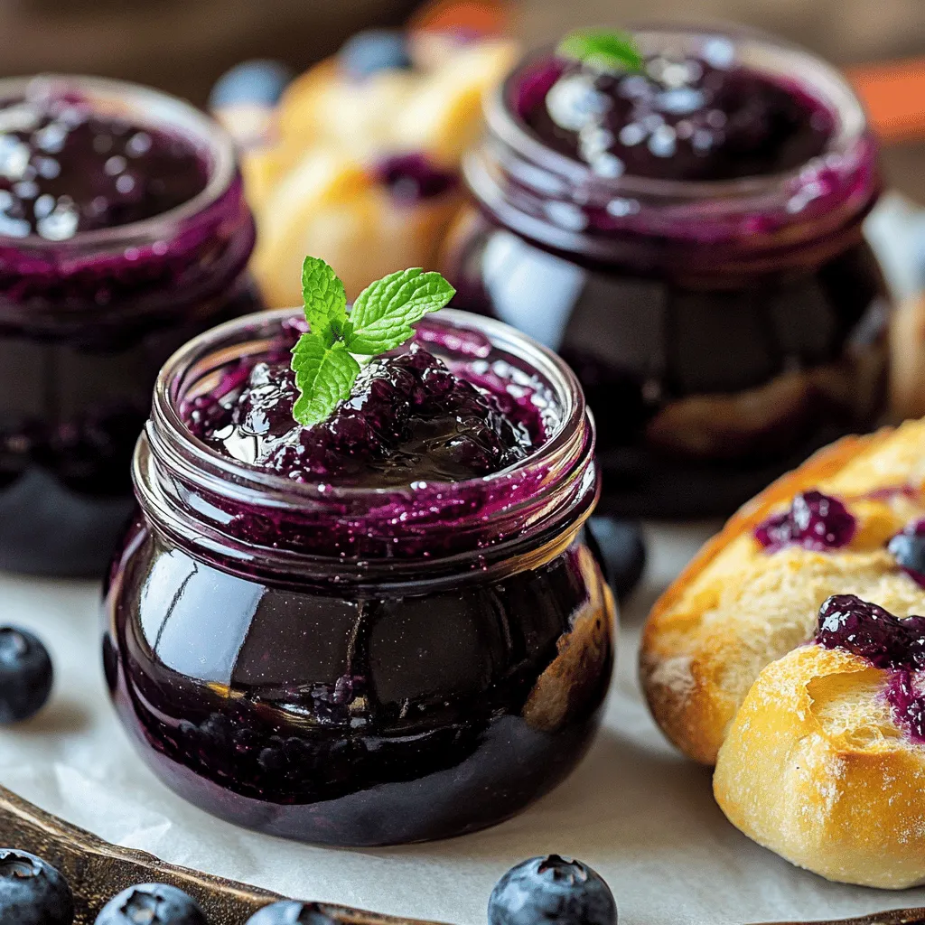 To make a tasty blueberry jam, you need these simple items: - 4 cups fresh blueberries, rinsed - 1 cup granulated sugar - 2 tablespoons lemon juice - 1 tablespoon lemon zest - 1/2 teaspoon ground cinnamon - 1/4 teaspoon salt - 1 package fruit pectin (1.75 oz, like Sure-Jell) These ingredients come together to create a bright and sweet jam. The blueberries give it that rich color and flavor. The sugar helps it thicken while adding sweetness. Lemon juice and zest give it a fresh taste. Cinnamon adds warmth, making it even better. You can add fun twists to your jam. Try these options: - 1/2 cup chopped strawberries or raspberries for a mixed berry jam. - 1 teaspoon vanilla extract for a sweet touch. - A pinch of nutmeg for a warm spice note. - Fresh herbs like basil or thyme for an herbal twist. These add-ins let you customize your jam. It’s great to experiment. You can find a flavor mix you love! Choosing the best blueberries makes a big difference. Here’s how to pick them: - Look for plump, firm berries with a deep blue color. - Avoid berries with wrinkles or soft spots. - Check for a dusty white coating, which is a natural protective layer. - Smell the berries; they should have a sweet aroma. Fresh blueberries will make your jam shine. Always rinse them well before use to remove any dirt or residue. Try these guidelines to ensure you make a delicious homemade blueberry jam. For the full recipe, check out the complete details on how to create this delightful spread! To make your blueberry jam, start with fresh blueberries. Rinse them well and place them in a large pot. Add sugar to the pot. Stir gently and let it sit for about 10 minutes. This helps the blueberries release their juices. After that, add lemon juice, lemon zest, ground cinnamon, and salt. Heat the mixture over medium heat. Stir constantly until it reaches a gentle boil. When it starts to boil, add the fruit pectin. Keep stirring and bring the mix to a rolling boil. Let it boil for one minute while stirring. Then, remove the pot from heat. Skim off any foam from the top with a spoon. For this recipe, you need: - 4 cups fresh blueberries, rinsed - 1 cup granulated sugar - 2 tablespoons lemon juice - 1 tablespoon lemon zest - 1/2 teaspoon ground cinnamon - 1/4 teaspoon salt - 1 package fruit pectin (1.75 oz, like Sure-Jell) Make sure your blueberries are fresh and firm. Choose berries that are dark blue and shiny. Avoid any that are soft or moldy. Pour the hot blueberry jam into sterilized jars. Leave about 1/4 inch of space at the top. Seal the jars with lids once filled. To ensure they are sealed, process the jars in a boiling water bath for 5-10 minutes. This step helps preserve the jam for long-term storage. After that, let the jars cool completely at room temperature. Store them in the fridge or pantry. Enjoy your homemade blueberry bliss jam! For the complete recipe, check the Full Recipe section. To make great blueberry jam, avoid adding too much sugar at once. This can make it too sweet and ruin the flavor. Mix sugar in small batches. Let the blueberries sit before cooking. This helps them release juices. If you skip this step, your jam may be too thick. The key to perfect jam is the right amount of pectin. Follow the package instructions closely. If your jam is runny, it means you might need more pectin. Don’t forget to boil it for one minute after adding the pectin. This step helps thicken the jam properly. You will need a few tools to make jam. Here’s a quick list: - A large pot for cooking - A stirring spoon - Measuring cups and spoons - Sterilized glass jars with lids - A canning pot or large pot with a lid for processing These tools will help you create your tasty blueberry jam. For the full recipe and more, check out the Full Recipe. {{image_2}} You can mix flavors to make your jam special. Try adding fresh herbs like mint or basil. A splash of vanilla can enhance the taste too. For a spicy kick, add a pinch of cayenne pepper. You can also mix in other fruits, like strawberries or raspberries, for a fun twist. Each mix can give your jam a unique flavor. If you want a healthier jam, you can use less sugar. Substitute half the sugar with honey or maple syrup. You can also use sugar substitutes like stevia or monk fruit. If you use these, check the package for the right amount. This way, you keep the sweetness without too much sugar. Frozen blueberries work great in this recipe. They are picked at peak freshness, so they taste good. Just thaw them and drain the extra liquid before starting. This can save time and still give you a tasty jam. Plus, it allows you to make blueberry jam any time of the year. For more tips, check the Full Recipe for details! Store your homemade blueberry jam in cool, dark areas. Keep jars in the pantry or a cupboard. After opening, move the jar to the fridge. Use clean spoons when you scoop out jam. This keeps it fresh and safe to eat. Always seal the lid tightly after use. Homemade blueberry jam can last up to one year in the pantry. If you keep it in the fridge, it stays good for about three weeks after opening. If you see signs of spoilage, it’s best to toss it. The jam can lose flavor over time but remains safe if stored well. Look for changes in color or texture. If the jam becomes moldy, that’s a clear sign to discard it. A strange smell or off taste means it has spoiled. Always check for bubbles in the jar. Bubbles can mean fermentation, which is not safe. Trust your senses; if it seems off, don’t use it. Yes, you can use other fruits! Fruits like strawberries, raspberries, or blackberries work great. Combine different fruits for fun flavors. For best results, use fruits with similar sugar and pectin levels. This helps the jam set well. Always adjust sugar based on the fruit's sweetness. To check if the jam is set, use the cold plate test. Place a small plate in the freezer for a few minutes. After boiling, spoon a little jam onto the cold plate. Let it sit for a moment, then push it with your finger. If it wrinkles and holds its shape, it’s ready. If not, boil it a bit more and retest. You can use homemade blueberry jam in many ways! Spread it on toast or pancakes for breakfast. Mix it into yogurt for a tasty snack. Use it in desserts like cakes, pies, or tarts. You can even swirl it into oatmeal for extra flavor. The possibilities are endless! For more ideas, check the Full Recipe. This guide covered everything you need to make great blueberry jam. You learned about fresh ingredients, cooking steps, and storage tips. I also shared how to avoid mistakes and tried different flavor combos. You can now store your jam and tell if it spoils. Whether using fresh or frozen blueberries, you're ready to create something delicious. Enjoy the process and share your jam with friends and family. Happy cooking!