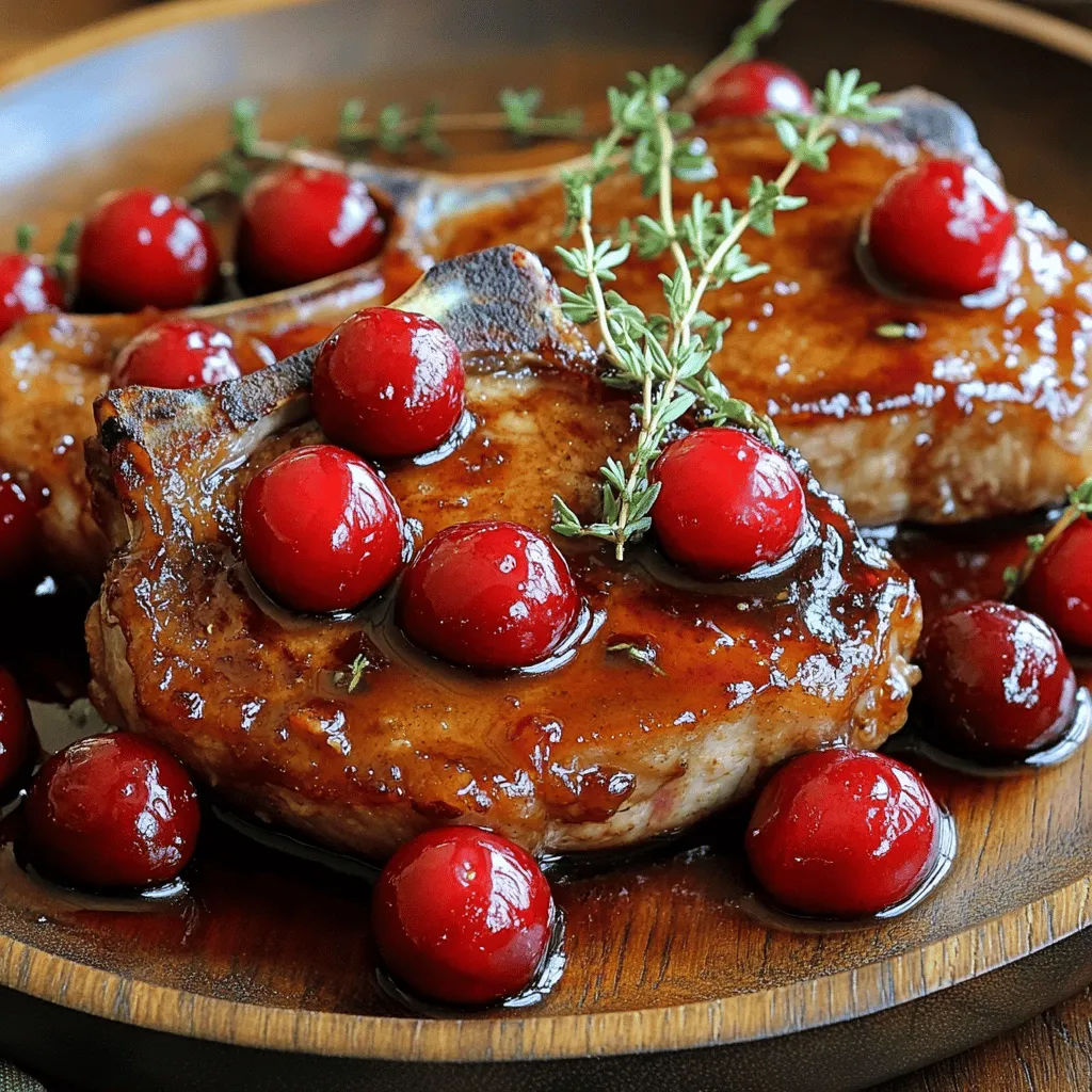 - Pork Chops: Use thick cuts for best results. Bone-in chops add flavor. Look for marbling, as it keeps the meat juicy. - Fresh Cherries: Choose ripe cherries for sweetness. Tart cherries provide a nice balance. Wash and pit them before cooking. - Essential Marinade Components: Start with soy sauce for umami. Add honey for sweetness and balance. These create a great base for the glaze. - Spices and Seasonings: Black pepper and garlic powder work well. You can also try onion powder for added depth. Experiment with smoked paprika for a hint of smokiness. - Variations on Fruit: You can swap cherries with peaches or apricots. These fruits also pair well with pork. - Herbs for Garnish: Fresh herbs like parsley or cilantro add color. Dried herbs will work in a pinch but may lack freshness. How to Prepare and Marinate Pork Chops Start with thick pork chops. I like to use bone-in chops for more flavor. First, rinse the chops and pat them dry with paper towels. Then, mix soy sauce, honey, and a bit of garlic for the marinade. Place the chops in a bowl or a zip-top bag, and pour the marinade over them. Let them marinate in the fridge for at least one hour. This step makes the meat tender and flavorful. Chopping Cherries: Techniques for Best Results When it comes to cherries, fresh ones work best. Rinse them under cold water. Use a sharp knife to cut them in half. Remove the pits carefully. If you want a finer texture in your glaze, chop them into small pieces. This helps release their juice and flavor. Grilling vs. Pan-Seering: Method Comparison Grilling gives a smoky flavor to the pork. Preheat your grill to medium heat. Place the marinated chops on the grill. Cook for about 6-8 minutes on each side. For pan-searing, heat a bit of oil in a skillet over medium-high heat. Cook the chops for about 5-7 minutes per side until they reach the right doneness. Both methods are tasty, but grilling adds a nice char. Creating the Glaze: Tips for Perfect Consistency To make the glaze, combine the chopped cherries, a bit of sugar, and some of the marinade in a pot. Cook over medium heat until it thickens. Stir often to prevent burning. If the glaze is too thick, add a splash of water. If it's too thin, let it simmer longer. It should coat the back of a spoon nicely. Ideal Side Dishes to Pair with Cherry Glazed Pork Chops Cherry glazed pork chops go well with many sides. Try serving them with creamy mashed potatoes or roasted vegetables. A fresh salad with mixed greens also adds a nice crunch. For a fun twist, serve them with a side of rice pilaf. Best Ways to Plate for Presentation To plate the dish, place the pork chop in the center of your plate. Drizzle the cherry glaze over the chop for a glossy look. Add your chosen sides next to the chop. You can garnish with fresh herbs like parsley for a pop of color. This makes your meal look as good as it tastes! Check out the Full Recipe for detailed steps and measurements to create this bold and flavorful dish! Adjusting Sweetness: How to Customize To make your cherry glaze just right, taste it as you go. If it is too sweet, add a splash of vinegar or lemon juice. This will balance out the flavors. If it is too tart, add more honey or sugar. Remember, small changes can make a big difference. Thickening Techniques for a Glossy Finish For a glossy glaze, heat your mixture until it bubbles. Let it cook until it thickens. You can also mix a bit of cornstarch with water. Stir this in for a quick thickening method. This technique gives your glaze a nice shine, making your dish more appealing. Ensuring Pork is Cooked Properly: Using a Meat Thermometer Always check the internal temperature of your pork chops. They should reach 145°F for safe eating. Insert your meat thermometer into the thickest part of the chop. This ensures even cooking and keeps the meat juicy. Resting Time: Importance and Duration Let your pork chops rest for about five minutes after cooking. This helps the juices redistribute throughout the meat. If you cut too soon, you risk losing those flavorful juices. Resting makes your dish tastier and more enjoyable. For more details, check out the Full Recipe. {{image_2}} Gluten-Free Substitutes: What to Use If you need a gluten-free option, use tamari instead of soy sauce. Tamari is a great choice and tastes similar. You can also swap out regular honey for a gluten-free syrup. This makes the dish safe for gluten-sensitive eaters. Vegetarian Options: Plant-Based Alternatives For a vegetarian twist, try using thick slices of eggplant or portobello mushrooms. These options absorb flavors well and can take on the cherry glaze nicely. Just make sure to adjust the cooking time, as veggies cook faster than pork. Adding Heat: Spice it Up with Peppers Want to spice things up? Add some diced jalapeños or crushed red pepper flakes to the glaze. This will give the dish a nice kick without overpowering the cherry flavor. Just start with a little and add more if you like it hot. Citrus Addition: Lemon or Lime for Brightness Adding lemon or lime juice can brighten the glaze. The acidity cuts through the sweet cherry flavor and brings balance. You can mix in the juice when cooking the glaze or drizzle it on top before serving. This extra layer makes the dish even more delightful. Explore these variations to make cherry glazed pork chops fit your taste and needs. For the complete method, check out the Full Recipe. To keep your cherry glazed pork chops fresh, store them in the fridge. Place them in an airtight container. This helps keep out moisture and air. Enjoy your leftovers within three days for the best taste. When you want to freeze your pork chops, wrap each one tightly in plastic wrap. Then, place them in a freezer bag. Remove as much air as you can. This method helps keep the flavor strong. You can freeze them for up to three months. To reheat your cherry glazed pork chops, use a skillet. Heat it on low. Add a splash of broth or water to keep them moist. Cover the pan to trap steam. This helps heat them evenly without drying out. You can also use the microwave. Place the pork chops on a microwave-safe plate. Cover them with a damp paper towel. Heat in short bursts of 30 seconds. Check often to avoid overcooking. Leftovers can become quick meals. Slice the pork and add it to salads or wraps. You can also mix it into fried rice or pasta for a tasty twist. For the full recipe, check the earlier sections. Can I use frozen pork chops for this recipe? Yes, you can use frozen pork chops. Just remember to thaw them completely first. This helps the meat cook evenly. I suggest placing them in the fridge overnight for safe thawing. What can I substitute for fresh cherries? If you can't find fresh cherries, frozen ones work well too. Just thaw and drain them before use. You can also use canned cherries, but be sure to choose those packed in juice, not syrup. How can I make the dish ahead of time? You can prepare the marinade and marinate the pork chops a day before. Store them in the fridge. Cook them right before serving for the best flavor. What is the best way to thaw frozen pork chops? Place the frozen pork chops in the fridge overnight. If you need them quicker, you can use the cold water method. Submerge the sealed bag in cold water for about an hour. How many calories are in cherry glazed pork chops? A typical serving of cherry glazed pork chops has about 350 calories. This can vary based on the cut of pork and the amount of glaze. Is this recipe healthy? What are the benefits? Yes, this recipe can be healthy. Pork is a good source of protein. Cherries add vitamins and antioxidants. The dish can fit well into a balanced diet. Just watch the sugar in the glaze. For the full recipe, check out the earlier sections. Cherry glazed pork chops offer a unique and tasty dish. We explored the key ingredients, cooking steps, and tips for perfect flavor. You can mix things up with fruits and adjust for dietary needs. Proper storage and reheating can help you enjoy leftovers without losing taste. Try this dish, and you may love it as much as I do. Cooking can be simple and fun with the right recipes. Enjoy your culinary journey!