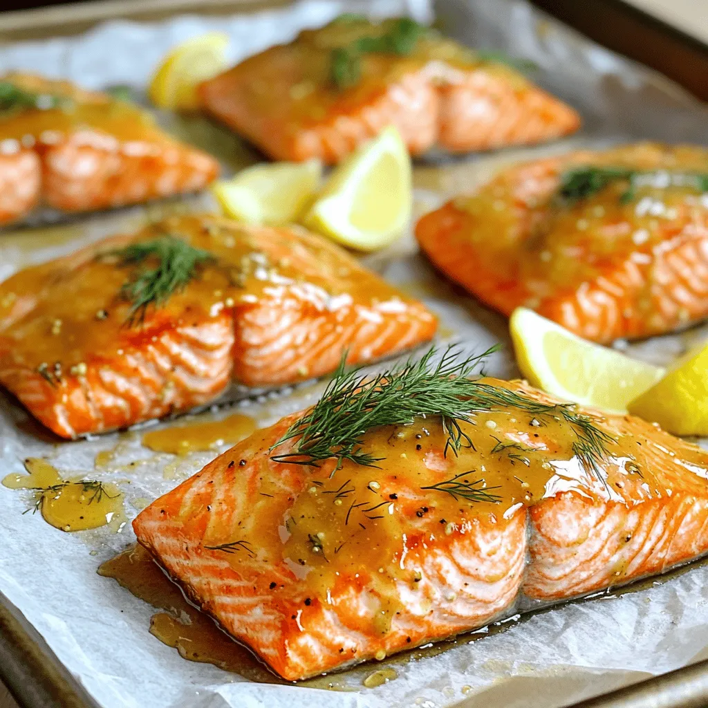 - 6 salmon fillets (about 6 oz each) - 1/3 cup honey - 1/4 cup Dijon mustard - 2 tablespoons olive oil - 2 cloves garlic, minced - 1 tablespoon apple cider vinegar - Salt and black pepper to taste - Fresh dill or parsley for garnish (optional) - Lemon wedges for serving Gather these fresh ingredients for the best flavor. Salmon is rich in omega-3 fatty acids. Honey adds sweetness, while Dijon mustard gives a nice tang. Olive oil helps with cooking and keeps the fish moist. Garlic adds depth to the glaze. Apple cider vinegar gives it a slight bite. Don't forget the salt and pepper for seasoning! Fresh herbs and lemon brighten the dish. This combination creates a balanced flavor that shines. You can enjoy it with many sides. Try serving it with rice or a fresh salad. The recipe is simple but tastes gourmet. For the full recipe, check out the detailed steps. - Preheat your oven to 375°F (190°C). - In a bowl, whisk together these ingredients: - 1/3 cup honey - 1/4 cup Dijon mustard - 2 tablespoons olive oil - 2 cloves garlic, minced - 1 tablespoon apple cider vinegar - Salt and black pepper to taste. This glaze brings together sweet and tangy flavors. The honey gives a nice sweetness, while the mustard adds a kick. The garlic enhances the taste, making it rich and inviting. - Place the salmon fillets skin side down on a lined baking sheet. - Generously brush the glaze on each salmon fillet. Save some glaze for later. Make sure to coat each fillet well. This ensures every bite has flavor. The skin helps lock in moisture, keeping the salmon tender as it cooks. - Bake the salmon for 15-20 minutes until cooked through. - In the last 5 minutes of baking, brush on the reserved glaze. This last brush adds an extra layer of flavor. The salmon is done when it flakes easily with a fork. Once you remove it from the oven, let it rest for a couple of minutes. This helps the juices settle, making every bite delicious. For the full recipe, check out the earlier section. To adjust the sweetness and tanginess of your glaze, play with the honey and mustard. If you want it sweeter, add more honey. For more tang, increase the Dijon mustard. Letting the glaze rest for a few minutes helps the flavors mix well. This step makes a big difference in taste. Baking salmon is easy. I suggest keeping the skin side down on the baking sheet. This helps keep the fish moist. If you prefer another method, try grilling or broiling. Both give a nice char and flavor. Just watch it closely to avoid overcooking. For creative plating, try stacking the salmon on a bed of greens. This adds color and freshness. Use fresh herbs like dill or parsley to enhance flavor and looks. A squeeze of lemon juice brightens the dish. It adds a zesty finish that everyone will love. {{image_2}} You can easily swap the salmon for other fish. Try using trout or cod. Both fish have a mild taste that goes well with the honey mustard glaze. If you want a more robust flavor, use halibut. You can also change the sweetener. Maple syrup or agave nectar works well instead of honey. If you prefer a different mustard, try whole grain or spicy brown mustard. Each choice will change the flavor a bit, making it your own. Adding spices or herbs can boost the flavor of the glaze. Consider mixing in paprika or cumin for warmth. Fresh herbs like thyme or rosemary can also add depth. Just chop them finely and mix them in. If you like heat, sprinkle in chili flakes or add a bit of sriracha. This will give your dish a nice kick. Adjust the amount to your taste for a fun twist. For sides, roasted veggies or a fresh salad work great with salmon. Try pairing it with quinoa or rice for a filling meal. When it comes to drinks, a crisp white wine like Sauvignon Blanc is perfect. If you prefer non-alcoholic options, a sparkling water with lemon is refreshing. For the full recipe, you can find it in the earlier section. Enjoy your meal! How do you store baked salmon? First, let it cool down to room temperature. Then, place the salmon in an airtight container. You can also wrap it tightly in plastic wrap or aluminum foil. Make sure to store it in the fridge. This keeps the salmon fresh for about three days. What storage containers work best? Glass containers are great. They do not absorb smells and are easy to clean. You can also use BPA-free plastic containers. Just ensure they seal well to keep air out. What is the best way to reheat salmon? The oven is the best choice. Preheat it to 275°F (135°C). Place the salmon on a baking sheet. Cover it with foil to keep it moist. Heat for about 15 minutes or until warm. Are there tips to keep flavor and texture? Yes! Add a splash of water or broth on the salmon before reheating. This helps keep it juicy. Avoid using the microwave, as it can make the salmon dry and tough. For a quick option, you can use a skillet over low heat. Just add a bit of oil and cover it. Now you’re ready to enjoy your honey mustard glazed salmon even after the first meal! For the full recipe, check out the Honey Mustard Glazed Salmon section. Bake the salmon for 15 to 20 minutes. You want it to flake easily with a fork. The fish should reach an internal temperature of 145°F (63°C). If your salmon is thicker, it may need a few extra minutes. Keep an eye on it to avoid overcooking. Yes, you can use other mustards. Here are some options: - Yellow mustard: It is milder and tangy. - Whole grain mustard: It gives a nice texture and flavor. - Spicy brown mustard: Adds heat and depth. Each type will change the taste, so choose based on your preference. Many sides go well with this salmon. Here are some favorites: - Roasted vegetables: Carrots, broccoli, or asparagus work well. - Rice: Jasmine or brown rice is a great choice. - Salad: A fresh green salad adds crunch. - Potatoes: Mashed or roasted potatoes are delicious too. These sides complement the sweet and tangy flavor of the salmon. Yes, honey mustard glazed salmon is healthy! Here are some benefits: - Salmon is high in omega-3 fatty acids, good for your heart. - Honey adds natural sweetness and has antioxidants. - Mustard can boost your metabolism. This dish offers a balance of protein, healthy fats, and flavor. Enjoy it guilt-free! For more details on making this dish, check out the Full Recipe. This blog post guides you on making honey mustard glazed salmon. We covered the best ingredients, step-by-step instructions, tips for a perfect glaze, and variations to try. Remember, the right cooking method can enhance the flavors. Storing leftovers properly helps keep them fresh. Enjoy experimenting with side dishes that pair well with your salmon. I hope you feel inspired to create this tasty meal at home. Happy cooking!