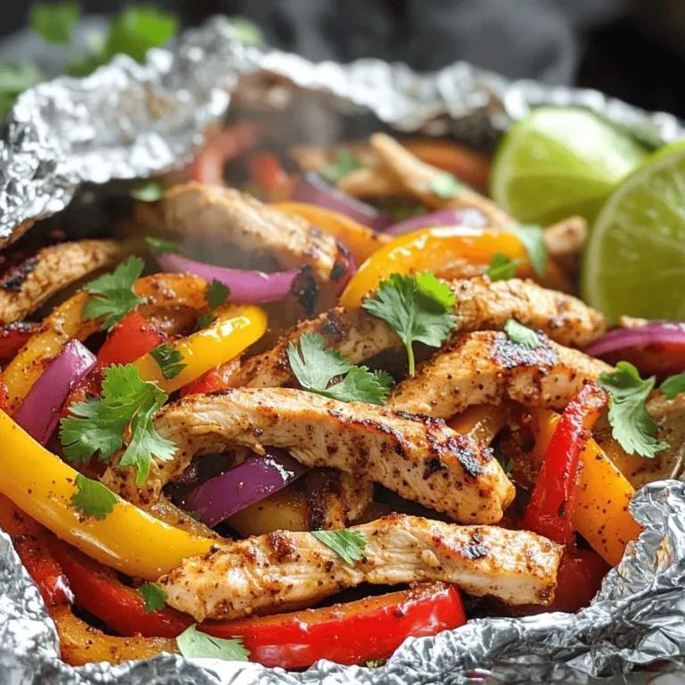 - Chicken and Vegetables For this recipe, I use 1 lb of chicken breast, sliced into thin strips. This keeps the chicken tender and cooks evenly. I also add a red bell pepper, a yellow bell pepper, and a red onion, all sliced. These veggies bring color and crunch to the dish. - Seasonings and Oils Seasoning makes or breaks the flavor. I use 2 tablespoons of olive oil to help everything cook nicely. Then, I add 1 tablespoon of fajita seasoning, 1 teaspoon of garlic powder, and 1 teaspoon of paprika. Salt and pepper are key for balancing the taste. - Garnishes and Serving Suggestions To finish, I like to garnish with fresh cilantro, chopped for a bright touch. Lime wedges on the side add a zesty kick when squeezed over the fajitas. This enhances the flavors and makes the meal feel fresh. These ingredients come together to create a tasty and colorful meal. You can find the Full Recipe [here]. Prepping the Chicken and Veggies Start with 1 pound of chicken breast. Slice it into thin strips. Next, take 1 red bell pepper, 1 yellow bell pepper, and 1 red onion. Slice them all into thin pieces. The thinner the slices, the better they cook. Mixing Ingredients In a large bowl, add the chicken and veggies. Pour in 2 tablespoons of olive oil. Then, add 1 tablespoon of fajita seasoning, 1 teaspoon of garlic powder, and 1 teaspoon of paprika. Season with salt and pepper to taste. Toss everything until well coated. This step adds flavor to your meal. Preparing the Foil Packets Tear off pieces of aluminum foil, each about 12x18 inches. Place a portion of the chicken and veggie mix in the center of each piece of foil. Fold the sides over the mixture, then fold the top and bottom to seal the packet. Make sure there are no holes. This helps keep the juices inside. Grilling vs. Oven Instructions You can cook these packets on the grill or in the oven. Preheat your grill or oven to 400°F (200°C). If grilling, place the packets directly on the grill. For the oven, place them on a baking sheet. Cooking Times and Tips Cook the packets for 20-25 minutes. Check to ensure the chicken is fully cooked. It should reach an internal temperature of 165°F. Be careful when opening the packets; hot steam will escape. How to Serve from Foil Packets After cooking, let the packets cool for a couple of minutes. Open the packets carefully. Serve the fajitas right from the foil. This keeps everything warm and adds to the fun. Suggested Pairings I love serving my Chicken Fajita Foil Packets with fresh lime wedges and chopped cilantro. You can also add tortillas or rice as a great side. Enjoy! Best Cuts for Fajitas For fajitas, I recommend using chicken breast. It is lean and cooks quickly. You can also use chicken thighs for a juicier option. Slice the chicken into thin strips. This helps it cook evenly and soak up flavors. Marinating Options Marinating adds great taste. Use a simple mix of olive oil, lime juice, and spices. Let the chicken marinate for at least 30 minutes. This will enhance its flavor and tenderness. Spice Level Adjustments Adjust the spice to your taste. If you like heat, add more fajita seasoning or chili powder. For a milder dish, reduce the spice. You can also include jalapeños for an extra kick. Adding Other Vegetables You can mix in other veggies too. Try zucchini, mushrooms, or corn. These add more color and flavor. Just be sure to slice them thinly to cook evenly with the chicken. Meal Prep Tips Prepare your chicken and veggies ahead of time. You can slice everything the night before. Store them in the fridge. This saves time on busy nights when you want a quick dinner. Making Ahead and Freezing You can make these packets ahead of time. Assemble the foil packets and freeze them. When you are ready to eat, just cook them straight from the freezer. This makes dinner easy and quick. For the full recipe, check out the Sizzling Chicken Fajita Foil Packets! {{image_2}} You can easily switch up the protein in your chicken fajita foil packets. If you want an alternative to chicken, try using shrimp or beef. Both cook well and absorb flavors nicely. For shrimp, use peeled and deveined pieces. For beef, choose flank steak or sirloin, sliced thin. Each option will give your dish a unique taste. If you're looking for vegetarian options, consider using tofu or tempeh. Cut them into strips and marinate them like you would with chicken. You can also add extra veggies like zucchini or mushrooms. This way, you keep the fajita vibe while making it plant-based. Changing the seasonings can give your fajitas a new twist. Instead of traditional fajita seasoning, try taco or chipotle seasoning. A little cumin or chili powder can add depth. Feel free to mix in fresh herbs like cilantro or oregano for freshness. For international flair, consider adding curry powder for an Indian twist or soy sauce for an Asian spin. These small changes can turn a simple dish into an exciting meal. When it comes to serving, think beyond just plates. You can wrap your fajitas in tortillas or corn tortillas. This makes for a fun, hands-on meal. You can even use lettuce leaves for a low-carb option. Pair your fajitas with tasty sides. Black beans or Mexican rice complement them well. Guacamole and salsa also add a fresh touch. For the full recipe, check out the details above. Happy cooking! To store leftovers, let the chicken fajitas cool completely. Place them in an airtight container. You can also use plastic wrap to cover the foil packets tightly. This keeps the flavors fresh. Your fajitas will last in the fridge for about three days. For best results, freeze the chicken fajitas in single portions. Use freezer-safe bags or containers. Remove as much air as possible to prevent freezer burn. You can freeze them for up to three months. To reheat, simply thaw the fajitas in the fridge overnight. Then, heat them in the oven at 350°F (175°C) for about 15-20 minutes. You can also pop them in the microwave until heated through. You can enjoy leftovers in many fun ways! Try adding them to a salad for a tasty lunch. You can also mix them into scrambled eggs for a flavorful breakfast. Another idea is to use the fajitas as a filling for tacos or burritos. Get creative and repurpose them into new dishes that your family will love! The best way to cook these packets is on a grill or in an oven. Preheat your grill or oven to 400°F (200°C). This heat cooks the chicken and veggies evenly, giving you tender results. Place the prepared foil packets on the grill or a baking sheet in the oven. Cook for 20-25 minutes until everything is done. Remember to check the steam when opening! Yes, you can prepare these foil packets ahead of time. Simply mix your chicken and veggies, then wrap them in foil. Store them in the fridge for up to a day before cooking. This method saves time on busy nights. When you’re ready to cook, just pop them on the grill or oven. To check if the chicken is fully cooked, use a meat thermometer. The internal temperature should reach 165°F (75°C). If you don’t have a thermometer, cut into a piece of chicken. It should be white all the way through with no pink parts. If you see any pink, cook it a bit longer. You can serve these foil packets with many tasty sides. Some great options are: - Rice or quinoa for a hearty base - Tortillas for wrapping the fajitas - Salsa or pico de gallo for extra flavor - Guacamole or sour cream for creaminess - Fresh lime wedges to squeeze on top For the full recipe, check out the detailed cooking steps and tips to make your meal a success! In this blog post, we explored how to make chicken fajita foil packets. We discussed essential ingredients, step-by-step cooking methods, and helpful tips. You learned about different protein options, flavor twists, and storage suggestions. This recipe is easy and fun, perfect for any meal. Whether you grill or bake, you can enjoy tasty fajitas. Get creative with your spices and veggies for a unique twist. Now, you’re ready to make your own delicious fajita packets!