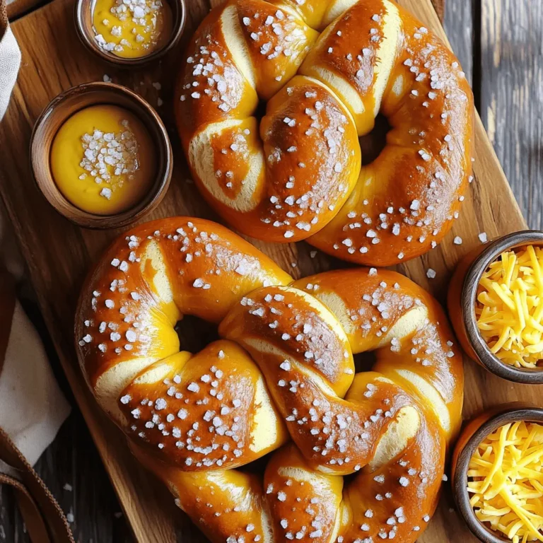 To make soft pretzels at home, gather these simple ingredients: - 4 cups all-purpose flour - 1 packet (2 ¼ tsp) active dry yeast - 1 ½ cups warm water (110°F) - 1 tablespoon granulated sugar - 1 teaspoon salt - ⅓ cup baking soda - 1 large egg (for egg wash) - Coarse sea salt (for sprinkling) - Optional toppings: garlic powder, sesame seeds, or shredded cheese These ingredients work together to create a soft, chewy pretzel with a golden crust. The flour gives it structure, while the yeast helps it rise. Warm water activates the yeast, and sugar feeds it, creating a delightful flavor. Salt enhances the taste, and baking soda gives that beautiful, shiny crust after boiling. The egg wash adds a rich color. You can customize your pretzels with fun toppings, making them your own. Check out the Full Recipe for more details! To start, you need to activate the yeast. In a large bowl, mix warm water, sugar, and yeast. Wait about 5 to 10 minutes. You will see bubbles form, and it will look frothy. This shows that the yeast is ready to work. Now, it’s time to make the dough. Add salt to the yeast mixture. Then, mix in the flour one cup at a time. You want a sticky dough. Knead the dough on a floured surface for about 5 to 7 minutes. It should feel smooth and elastic when done. Next, let the dough rise. Place it in a greased bowl. Cover it with a clean cloth. Keep it in a warm spot for about 1 hour. The dough should double in size. This rising time helps create a fluffy pretzel. After the dough has risen, it’s time to shape the pretzels. Preheat your oven to 425°F (220°C). Punch down the dough gently. Divide it into 8 equal pieces. Roll each piece into a long rope, about 24 inches. To shape, form a “U,” twist the ends, and fold them back to create the pretzel shape. Practice makes perfect! Now, prepare the baking soda bath. In a large pot, bring 10 cups of water to a boil. Carefully add the baking soda. It will bubble up, so be cautious! This bath gives pretzels their classic flavor and texture. Next, it’s time to boil the pretzels. Working in batches, gently place each pretzel in the boiling water for about 30 seconds. Then, remove them and place the pretzels on a parchment-lined baking sheet. For a nice finish, beat the egg in a small bowl and brush it over each pretzel. Sprinkle with coarse sea salt and any toppings you like. Finally, bake the pretzels for 12 to 15 minutes. They should be golden brown and smell amazing. For the full recipe, refer to the earlier section. Enjoy your homemade soft pretzels! To create soft pretzels, kneading is key. Knead the dough for about 5-7 minutes. Focus on stretching and folding to build gluten. This gives pretzels their chewy texture. To achieve that classic soft interior, let your dough rise well. It should double in size. This first rise is crucial for flavor and texture. If the dough is too dense, your pretzels will be heavy. Watch your pretzels closely while they bake. They should turn golden brown. If they are too light, they may be undercooked. If they are too dark, they might taste burnt. Every oven is different. If your pretzels bake unevenly, try rotating the pan halfway through. This helps ensure all sides get that perfect color. Over-kneading can make your pretzels tough. If your dough feels very firm, you might have gone too far. On the other hand, under-kneading leads to a weak structure. Aim for a balance. Handle boiled pretzels carefully. They are delicate after boiling. Use a slotted spoon to lift them out of the water. This helps prevent them from tearing. For more details, check out the Full Recipe. {{image_2}} You can have fun with toppings on your pretzels. One popular choice is garlic butter. This adds a rich flavor. To make this, melt butter and mix in garlic powder. Brush it on right after baking. You can also sprinkle shredded cheese on top. This gives a cheesy twist that everyone loves! For a sweet treat, try cinnamon sugar. Mix sugar and cinnamon in a bowl. After baking, brush your pretzels with melted butter. Then, roll them in the cinnamon sugar mix. This makes for a delicious dessert or snack. If you need gluten-free pretzels, you can use gluten-free flour. Look for a blend that works for baking. Follow the same steps in the recipe. The texture may be different, but they will still taste great. For vegan options, skip the egg wash. Instead, use a mix of water and a bit of plant-based milk. This will help the toppings stick. You can also choose vegan cheese for your pretzel toppings. Shaping your pretzels can be fun! Try making pretzel knots. Roll your dough into smaller pieces and twist them. You can also make pretzel sticks. Just roll the dough into long, thin shapes. Mini pretzels or pretzel bites are great for parties. Roll the dough into small balls and shape them like mini pretzels. These bite-sized treats are perfect for dipping! Explore these variations and let your creativity shine with your homemade soft pretzels! For the full recipe, check out the Twisted Bliss Pretzels above. After making your soft pretzels, you might have some left. To keep them fresh, store them in a paper bag or wrap them in a clean kitchen towel. This method keeps pretzels soft. If you need to store them longer, place them in an airtight container in the fridge. They will stay fresh for about 3 days. For longer storage, you can freeze them. In the freezer, they last for up to 3 months. When you're ready to enjoy your pretzels again, reheating is key. For the best texture, use the oven. Preheat your oven to 350°F (175°C). Place the pretzels on a baking sheet and heat for about 10 minutes. This method keeps them soft and warm. If you’re short on time, you can use the microwave. Heat each pretzel for 10-15 seconds. Keep in mind, this method may make them a bit chewy. Soft pretzels are fun to serve! Pair them with mustard, cheese dip, or even spicy salsa. They make great appetizers for parties. You can also serve them alongside soups or salads for a tasty meal. For a twist, try topping them with garlic butter or herbs before baking. These ideas make your pretzels even more delicious. Enjoy your homemade soft pretzels with great friends! To check if your yeast is active, mix warm water, sugar, and yeast. Wait for 5-10 minutes. If it bubbles and froths, your yeast is good. If it doesn’t, your yeast may be old or the water too hot or cold. Use fresh yeast for best results. Yes, you can make the dough ahead. After kneading, place it in a greased bowl. Cover it with plastic wrap or a clean cloth. Store it in the fridge for up to 24 hours. When you’re ready, let it come to room temperature before shaping. If your pretzels turn out too hard, try soaking them in warm water. Place them in a damp cloth for a few minutes. This can help soften them. You can also serve with dips to add moisture. Yes, you can freeze pretzels. Allow them to cool completely. Wrap each pretzel tightly in plastic wrap. Place them in a freezer bag. To defrost, leave them in the fridge overnight or let them sit at room temperature for a few hours. Enjoy them warm! Making pretzels at home is rewarding and fun. We covered the key ingredients, from all-purpose flour to optional toppings. You learned how to prepare the yeast, knead the dough, and shape pretzels. I shared tips to avoid common mistakes and variations to try, like different toppings and shapes. Remember, practice makes perfect. With the right techniques, you can impress family and friends with delicious homemade pretzels any time. Enjoy experimenting with flavors, shapes, and serving ideas. Your pretzel journey starts now!