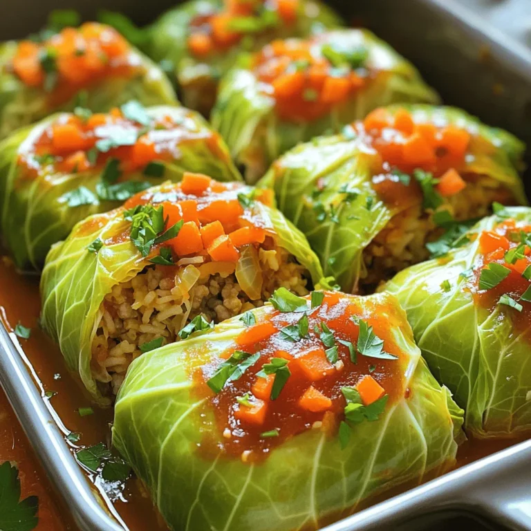 To make stuffed cabbage rolls, you will need the following ingredients: - 1 large head of green cabbage - 1 cup cooked rice (white or brown) - 1 lb ground turkey or chicken - 1 small onion, finely chopped - 2 cloves garlic, minced - 1 carrot, grated - 1 can (14 oz) diced tomatoes, undrained - 1 tablespoon Worcestershire sauce - 1 tablespoon fresh parsley, chopped - 1 teaspoon paprika - 1 teaspoon salt - 1/2 teaspoon black pepper - 1 tablespoon olive oil - 1 cup vegetable broth You can adapt this recipe for different diets. Here are some ideas: - Vegetarian Option: Use lentils or mushrooms instead of meat. - Gluten-Free: Ensure your Worcestershire sauce is gluten-free. - Low-Carb: Replace rice with cauliflower rice for a lighter option. Choosing fresh ingredients makes a big difference in flavor. Here are some tips: - Cabbage: Look for a firm head with crisp leaves. Avoid any that feel soft. - Meat: Pick lean ground turkey or chicken for a healthier mix. - Produce: Choose bright, firm vegetables. They should smell fresh and clean. - Tomatoes: Select cans with no added sugar or preservatives for the best taste. For the full recipe, refer to the section above. First, you need a large pot of water. Bring it to a boil. While waiting, remove the core from the cabbage. Carefully lower the whole head into the boiling water. Let it cook for about 5-7 minutes. The outer leaves will soften. Gently peel off about 12 large leaves. Set them aside to cool. This step is key; tender leaves roll better. Now, grab a skillet and heat some olive oil over medium heat. Add your finely chopped onion and minced garlic. Cook them until the onion turns soft and clear. Next, add the grated carrot and stir for another 2-3 minutes. You want the flavors to mix well. In a large bowl, combine the cooked rice, ground turkey or chicken, and the sautéed mix. Then, add Worcestershire sauce, half of the diced tomatoes, fresh parsley, paprika, salt, and pepper. Mix it all until it’s well blended. Take a cabbage leaf and lay it flat on a clean surface. At the stem end, place about 2-3 tablespoons of the filling. Fold the sides over the filling and start rolling it up tightly. Make sure it stays snug. Repeat this with all the leaves and filling. This process is fun and satisfying. Once they are all rolled, you are ready for the next step. You can find the full recipe details to guide you through the baking process and sauce preparation. Enjoy making your stuffed cabbage rolls! Many home cooks struggle with stuffed cabbage rolls. The biggest mistake is overcooking the cabbage. Boiling it for too long makes the leaves too soft. You want them flexible, not mushy. Another common error is not seasoning the filling. The mix must have flavor, so don't skip the salt and spices. Lastly, don’t cram too much filling into each leaf. This can lead to tears and spills. Each roll should be filled just right. To save time, prep your ingredients first. Chop your onion and garlic and grate your carrot while the cabbage boils. Another great tip is to use leftover rice. If you have rice in your fridge, it works perfectly here. You can also make the filling ahead of time. Store it in the fridge for up to two days. This way, you can assemble the rolls quickly when you are ready to cook. For baking, arrange the rolls seam-side down in the dish. This helps them stay closed while cooking. Make sure to cover the dish with foil. This keeps moisture in and prevents drying out. After 30 minutes, remove the foil to let the tops brown slightly. A little browning adds flavor and texture. Following these tips will lead to tender, flavorful stuffed cabbage rolls every time. For the full recipe, check the details above. {{image_2}} Vegetarian stuffed cabbage rolls are a great option for meat-free meals. You can use cooked quinoa or lentils as the base. These ingredients add protein and flavor. Add diced bell peppers, mushrooms, and fresh herbs to enhance taste. You can still include rice for texture and bulk. Tomato sauce or vegetable broth works well to keep them moist while baking. Different cultures have their own takes on stuffed cabbage. In Eastern Europe, you'll find rice and pork in the filling. In the Middle East, spices like cumin and cinnamon add warmth. In Southern Italy, they use ground beef and a rich tomato sauce. Each region adds unique flavors that reflect local ingredients and traditions. You can customize the filling to suit your taste. Consider adding shredded cheese for creaminess. Chopped nuts like walnuts can add crunch and depth. For a spicy kick, include diced jalapeños or crushed red pepper flakes. Herbs like dill, thyme, or basil can brighten the flavor. Be creative and mix your favorite ingredients to make every batch special. For a full recipe and detailed cooking steps, check out the Full Recipe. After enjoying your stuffed cabbage rolls, let them cool down. Place them in a glass or plastic container with a tight lid. This keeps the rolls fresh and tasty. Store them in the fridge for up to four days. Make sure to label the container with the date. You’ll know when to finish them off! You can freeze stuffed cabbage rolls for later. First, let them cool completely. Then, wrap each roll tightly in plastic wrap. Place them in a freezer-safe bag or container. They can last in the freezer for up to three months. When you’re ready to eat, just thaw them in the fridge overnight. To reheat, take the rolls out of the fridge or freezer. If frozen, let them thaw first. Place them in a baking dish and add a splash of vegetable broth or sauce. Cover the dish with foil to keep moisture in. Heat in the oven at 350°F for about 20-25 minutes. This keeps the rolls soft and flavorful. Enjoy your delicious meal again! Yes, you can use various types of meat for stuffed cabbage rolls. Ground beef, pork, or lamb work well. If you prefer a leaner option, turkey or chicken are great choices too. Each meat brings its own flavor. Just remember to adjust the seasoning based on your meat choice. For example, beef might need more salt. Always taste the filling before you stuff the cabbage! Absolutely! You can prepare stuffed cabbage rolls ahead of time. After you roll them, store them in the fridge for up to 24 hours. Just keep them covered tightly. If you want to make them even earlier, freeze the rolls. Place them in a freezer-safe container. They can last for up to three months. Just remember to thaw them in the fridge before baking. Stuffed cabbage rolls pair well with many sides. I love serving them with crusty bread or a fresh salad. You can also try mashed potatoes or rice. If you want a tangy twist, serve with a dollop of sour cream. For extra flavor, a sprinkle of fresh herbs on top adds a nice touch. These sides complement the savory taste of the rolls well. For the full recipe, check out the details above! Stuffed cabbage rolls are a delicious dish you can make easily. We covered ingredients, steps, tips, and variations to help you succeed. Remember to choose fresh ingredients and avoid common mistakes. You can also try different fillings to suit your taste. Storing leftovers properly keeps them tasty for later. With this guide, you can enjoy perfect stuffed cabbage rolls anytime. Happy cooking!