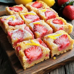 To make tasty Strawberry Lemon Blondies, gather these simple ingredients: - 1 cup unsalted butter, melted - 1 cup brown sugar, packed - 1/2 cup granulated sugar - 2 large eggs - 2 teaspoons vanilla extract - 2 cups all-purpose flour - 1 teaspoon baking powder - 1/2 teaspoon baking soda - 1/4 teaspoon salt - Zest of 1 lemon - 1/4 cup freshly squeezed lemon juice - 1 cup fresh strawberries, hulled and diced - 1/2 cup white chocolate chips (optional) Each ingredient plays a key role in creating the perfect blondie. The unsalted butter gives a rich flavor and moist texture. Brown sugar adds depth and chewiness, while granulated sugar balances the sweetness. Eggs bind everything together and create a soft crumb. Lemon zest and juice contribute a bright, refreshing taste. Fresh strawberries add bursts of sweetness and color. White chocolate chips bring an extra layer of sweetness, but they are optional. This combination of flavors makes these blondies delightful and perfect for sharing. For the full recipe, check out the [Full Recipe]. 1. Preheat your oven to 350°F (175°C). This step helps the blondies bake evenly. 2. Grease a 9x13 inch baking pan or line it with parchment paper. This makes removing the blondies easy. 3. In a large bowl, mix 1 cup of melted butter with 1 cup of brown sugar and 1/2 cup of granulated sugar. Whisk these together until smooth and creamy. This blend gives the blondies a rich taste. 4. Add 2 large eggs to the bowl, one at a time. Mix well after each egg. Then, add 2 teaspoons of vanilla extract for extra flavor. 1. In a separate bowl, sift together 2 cups of all-purpose flour, 1 teaspoon of baking powder, 1/2 teaspoon of baking soda, and 1/4 teaspoon of salt. Sifting helps mix these dry ingredients evenly and prevents lumps. 1. Gradually add the dry mix to the wet mix. Stir until just combined. Avoid over-mixing to keep the blondies tender. 2. Gently fold in the zest of 1 lemon, 1/4 cup of freshly squeezed lemon juice, and 1 cup of diced strawberries. If you want a sweeter touch, add 1/2 cup of white chocolate chips. 3. Pour the batter into the prepared baking pan. Spread it evenly with a spatula. 4. Bake in the preheated oven for 25-30 minutes. Check doneness by inserting a toothpick into the center. It should come out clean or with a few moist crumbs. 5. Let the blondies cool in the pan for about 10 minutes. Then transfer them to a wire rack. Cool completely before cutting into squares. For the full recipe, refer to the section above. Baking time can change with your oven. Start checking the blondies at 25 minutes. Use a toothpick to test. If it comes out clean or with a few crumbs, they are done. If it still has wet batter, bake for another 3-5 minutes. If you can’t find fresh strawberries, try using frozen ones. Just thaw and drain the liquid before adding them. For gluten-free options, use a 1:1 gluten-free flour blend. This keeps the texture light and fluffy. Present your blondies on a lovely platter. Dust them with powdered sugar for a sweet touch. Add fresh strawberry slices and lemon zest to make them pop. For drinks, pair these blondies with lemonade or a nice cup of tea. For the complete recipe, check out the [Full Recipe]. {{image_2}} You can make your strawberry lemon blondies even better. One fun way is to add nuts or seeds. I love using chopped walnuts or sliced almonds for a nice crunch. Sunflower seeds add a unique twist too. You can also try different fruit combinations. How about using blueberries or raspberries instead of strawberries? Mixing fruits can create new flavors. You can even combine lemon with lime for a zesty kick. If you want a vegan version of strawberry lemon blondies, it’s easy! Replace eggs with flaxseed meal or applesauce. Use plant-based butter instead of regular butter. This keeps the taste great while making it vegan-friendly. Making it sugar-free is another option. You can use natural sweeteners like stevia or monk fruit. Just remember to adjust the measurements. This way, you can enjoy the blondies without the extra sugar. For the full recipe, check out the comprehensive guide above! To keep your strawberry lemon blondies fresh, start by letting them cool completely. Then, place them in an airtight container. This method helps to maintain moisture and prevent them from drying out. - Room Temperature: Store them at room temperature for up to 3 days. - Refrigerator: If you want them to last longer, refrigerate them for up to a week. The cold air helps them stay fresh and tasty. If you want to store your blondies for a long time, freezing is a great option. To freeze them, follow these steps: 1. Cut into squares: After they cool, cut the blondies into squares. 2. Wrap tightly: Wrap each square in plastic wrap or aluminum foil to protect them. 3. Use a freezer bag: Place the wrapped squares in a freezer-safe bag. This will help prevent freezer burn. To thaw, remove them from the freezer and let them sit at room temperature for about 30 minutes. You can also warm them in the microwave for a few seconds. Enjoy your blondies later with their fresh taste! For the full recipe, check out the details above. How can I make my blondies more lemony? To boost the lemon flavor, add more lemon zest and juice. You can also try adding lemon extract. The zest packs a punch of fresh flavor. It brightens the blondies and makes them pop. Can I use frozen strawberries instead of fresh? Yes, you can use frozen strawberries. Thaw them first and drain excess water. This helps keep the blondies from becoming soggy. Frozen strawberries work well when fresh ones aren’t in season. What are the best ways to serve Strawberry Lemon Blondies? Serve them warm or at room temperature. Dust with powdered sugar for a sweet touch. Pair with whipped cream or vanilla ice cream for extra delight. You can even add a slice of lemon or a strawberry for garnish. What is the difference between blondies and brownies? The main difference lies in the flavor and color. Blondies are made with brown sugar and have a vanilla base. Brownies usually have cocoa powder, giving them a chocolate flavor. Blondies are lighter in color and have a rich, buttery taste. Can I add more white chocolate for extra sweetness? Absolutely! You can add more white chocolate chips if you want sweeter blondies. Just remember, too much can make them overly sweet. Balance is key to keep the lemon flavor shining through. For the full recipe, check out the details above! To summarize, we explored the ingredients, preparation steps, and tips for making Strawberry Lemon Blondies. You learned how to mix flavors and adjust for dietary needs. Finally, we covered storage methods and answered common questions. These blondies are versatile and easy to make. You can enjoy them fresh or store them for later. By following these steps, you will impress your friends and family. Happy baking!