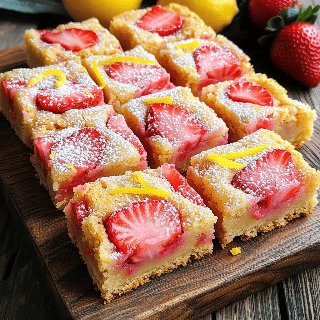 To make tasty Strawberry Lemon Blondies, gather these simple ingredients: - 1 cup unsalted butter, melted - 1 cup brown sugar, packed - 1/2 cup granulated sugar - 2 large eggs - 2 teaspoons vanilla extract - 2 cups all-purpose flour - 1 teaspoon baking powder - 1/2 teaspoon baking soda - 1/4 teaspoon salt - Zest of 1 lemon - 1/4 cup freshly squeezed lemon juice - 1 cup fresh strawberries, hulled and diced - 1/2 cup white chocolate chips (optional) Each ingredient plays a key role in creating the perfect blondie. The unsalted butter gives a rich flavor and moist texture. Brown sugar adds depth and chewiness, while granulated sugar balances the sweetness. Eggs bind everything together and create a soft crumb. Lemon zest and juice contribute a bright, refreshing taste. Fresh strawberries add bursts of sweetness and color. White chocolate chips bring an extra layer of sweetness, but they are optional. This combination of flavors makes these blondies delightful and perfect for sharing. For the full recipe, check out the [Full Recipe]. 1. Preheat your oven to 350°F (175°C). This step helps the blondies bake evenly. 2. Grease a 9x13 inch baking pan or line it with parchment paper. This makes removing the blondies easy. 3. In a large bowl, mix 1 cup of melted butter with 1 cup of brown sugar and 1/2 cup of granulated sugar. Whisk these together until smooth and creamy. This blend gives the blondies a rich taste. 4. Add 2 large eggs to the bowl, one at a time. Mix well after each egg. Then, add 2 teaspoons of vanilla extract for extra flavor. 1. In a separate bowl, sift together 2 cups of all-purpose flour, 1 teaspoon of baking powder, 1/2 teaspoon of baking soda, and 1/4 teaspoon of salt. Sifting helps mix these dry ingredients evenly and prevents lumps. 1. Gradually add the dry mix to the wet mix. Stir until just combined. Avoid over-mixing to keep the blondies tender. 2. Gently fold in the zest of 1 lemon, 1/4 cup of freshly squeezed lemon juice, and 1 cup of diced strawberries. If you want a sweeter touch, add 1/2 cup of white chocolate chips. 3. Pour the batter into the prepared baking pan. Spread it evenly with a spatula. 4. Bake in the preheated oven for 25-30 minutes. Check doneness by inserting a toothpick into the center. It should come out clean or with a few moist crumbs. 5. Let the blondies cool in the pan for about 10 minutes. Then transfer them to a wire rack. Cool completely before cutting into squares. For the full recipe, refer to the section above. Baking time can change with your oven. Start checking the blondies at 25 minutes. Use a toothpick to test. If it comes out clean or with a few crumbs, they are done. If it still has wet batter, bake for another 3-5 minutes. If you can’t find fresh strawberries, try using frozen ones. Just thaw and drain the liquid before adding them. For gluten-free options, use a 1:1 gluten-free flour blend. This keeps the texture light and fluffy. Present your blondies on a lovely platter. Dust them with powdered sugar for a sweet touch. Add fresh strawberry slices and lemon zest to make them pop. For drinks, pair these blondies with lemonade or a nice cup of tea. For the complete recipe, check out the [Full Recipe]. {{image_2}} You can make your strawberry lemon blondies even better. One fun way is to add nuts or seeds. I love using chopped walnuts or sliced almonds for a nice crunch. Sunflower seeds add a unique twist too. You can also try different fruit combinations. How about using blueberries or raspberries instead of strawberries? Mixing fruits can create new flavors. You can even combine lemon with lime for a zesty kick. If you want a vegan version of strawberry lemon blondies, it’s easy! Replace eggs with flaxseed meal or applesauce. Use plant-based butter instead of regular butter. This keeps the taste great while making it vegan-friendly. Making it sugar-free is another option. You can use natural sweeteners like stevia or monk fruit. Just remember to adjust the measurements. This way, you can enjoy the blondies without the extra sugar. For the full recipe, check out the comprehensive guide above! To keep your strawberry lemon blondies fresh, start by letting them cool completely. Then, place them in an airtight container. This method helps to maintain moisture and prevent them from drying out. - Room Temperature: Store them at room temperature for up to 3 days. - Refrigerator: If you want them to last longer, refrigerate them for up to a week. The cold air helps them stay fresh and tasty. If you want to store your blondies for a long time, freezing is a great option. To freeze them, follow these steps: 1. Cut into squares: After they cool, cut the blondies into squares. 2. Wrap tightly: Wrap each square in plastic wrap or aluminum foil to protect them. 3. Use a freezer bag: Place the wrapped squares in a freezer-safe bag. This will help prevent freezer burn. To thaw, remove them from the freezer and let them sit at room temperature for about 30 minutes. You can also warm them in the microwave for a few seconds. Enjoy your blondies later with their fresh taste! For the full recipe, check out the details above. How can I make my blondies more lemony? To boost the lemon flavor, add more lemon zest and juice. You can also try adding lemon extract. The zest packs a punch of fresh flavor. It brightens the blondies and makes them pop. Can I use frozen strawberries instead of fresh? Yes, you can use frozen strawberries. Thaw them first and drain excess water. This helps keep the blondies from becoming soggy. Frozen strawberries work well when fresh ones aren’t in season. What are the best ways to serve Strawberry Lemon Blondies? Serve them warm or at room temperature. Dust with powdered sugar for a sweet touch. Pair with whipped cream or vanilla ice cream for extra delight. You can even add a slice of lemon or a strawberry for garnish. What is the difference between blondies and brownies? The main difference lies in the flavor and color. Blondies are made with brown sugar and have a vanilla base. Brownies usually have cocoa powder, giving them a chocolate flavor. Blondies are lighter in color and have a rich, buttery taste. Can I add more white chocolate for extra sweetness? Absolutely! You can add more white chocolate chips if you want sweeter blondies. Just remember, too much can make them overly sweet. Balance is key to keep the lemon flavor shining through. For the full recipe, check out the details above! To summarize, we explored the ingredients, preparation steps, and tips for making Strawberry Lemon Blondies. You learned how to mix flavors and adjust for dietary needs. Finally, we covered storage methods and answered common questions. These blondies are versatile and easy to make. You can enjoy them fresh or store them for later. By following these steps, you will impress your friends and family. Happy baking!