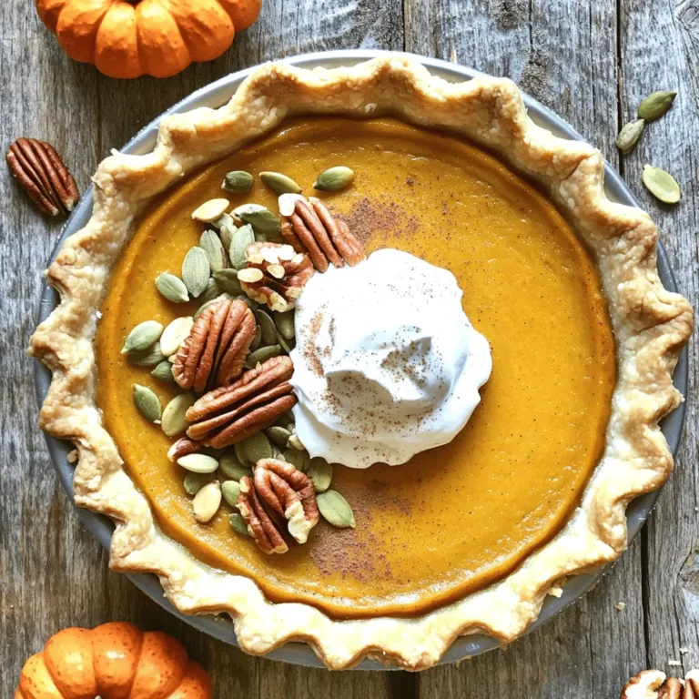 To make this vegan pumpkin pie, you need the following ingredients: - 1 ½ cups pumpkin puree (fresh or canned) - 1 cup coconut milk (full-fat) - ¾ cup maple syrup - ¼ cup brown sugar - 1 tablespoon cornstarch - 1 teaspoon vanilla extract - 1 teaspoon cinnamon - ½ teaspoon nutmeg - ½ teaspoon ground ginger - ¼ teaspoon allspice - ¼ teaspoon salt - 1 pre-made vegan pie crust (store-bought or homemade) Each ingredient in this pie brings something special. Pumpkin puree gives a creamy texture and natural sweetness. It is rich in vitamins A and C. Coconut milk adds a rich, creamy taste. It is dairy-free and great for the gut. Maple syrup and brown sugar are natural sweeteners. They add depth and flavor without refined sugars. Spices like cinnamon, nutmeg, and ginger add warmth and aroma. They also have health benefits, such as anti-inflammatory properties. Cornstarch helps the pie set well. The vegan pie crust holds it all together and is easy to work with. Need substitutions? No problem! If you can’t find pumpkin puree, you can use butternut squash puree instead. Almond milk can replace coconut milk if you want a lighter option. For sweeteners, agave syrup works well in place of maple syrup. If you don't have cornstarch, try arrowroot powder or tapioca starch. For spices, you can mix different ones, like cardamom or cloves, to change the flavor. Finally, if you want a nut-free option, look for a gluten-free pie crust made from oats or rice flour. First, gather your ingredients. You will need pumpkin puree, coconut milk, maple syrup, and brown sugar. Mix these in a bowl. Use a whisk to combine them until smooth. Next, add cornstarch, vanilla extract, cinnamon, nutmeg, ginger, allspice, and salt. This mix gives the pie its warm flavor. Stir until everything blends well. Now, pour the pumpkin filling into your vegan pie crust. Make sure you spread it evenly. Use a spatula to smooth the top. This step makes your pie look nice and neat. Place your pie in a preheated oven at 350°F (175°C). Bake it for about 50-60 minutes. Check if the filling is set. The edges of the crust should be golden brown. Once it’s done, take it out and let it cool. Cooling on a wire rack helps it set. Leave it for at least one hour. For the best taste, chill the pie in the fridge for a few hours or overnight. This enhances the flavors. Enjoy your cooking! For the full recipe, check the ingredients and instructions above. To get a smooth and creamy filling, use full-fat coconut milk. This adds richness and creaminess to your pie. Mix the pumpkin puree and coconut milk well. Whisk until there are no lumps. Cornstarch helps to thicken the filling. Make sure to mix it in well. This will keep your pie from being too runny. For the best pie crust, use a pre-made vegan crust. It saves time and effort. If you want to make your own, choose a recipe that uses coconut oil or vegan butter. Make sure your crust is cold before baking. This helps it stay flaky. Blind bake the crust for ten minutes before adding the filling. This step prevents a soggy bottom. Serve your pie chilled for the best flavor. A dollop of coconut whipped cream adds a nice touch. Sprinkle cinnamon on top for extra spice. You can also add pecans or pumpkin seeds for crunch. This makes the pie look festive and inviting. Enjoy with a warm cup of tea or coffee. For more details, refer to the Full Recipe. {{image_2}} You can change the sweeteners in this vegan pumpkin pie. Instead of maple syrup, try agave nectar. It adds a nice flavor. You can also use coconut sugar for a lower GI option. Honey is not vegan, so keep that in mind. Want to add more taste? You can mix in cocoa powder for a chocolate twist. It adds a nice depth to the pie. If you want a caramel flavor, add a bit of caramel sauce into the filling. This makes the pie richer and sweeter. You can choose various crusts for this pie. A gluten-free option works well for those with gluten issues. Use almond flour or coconut flour for a nut-based crust. You can also make a simple oat crust with rolled oats. This adds a great texture. Each crust gives the pie a unique taste. For the complete recipe, check the Full Recipe section. To keep your vegan pumpkin pie fresh, cover it well. Use plastic wrap or foil. You can also place it in an airtight container. Store it in the fridge. It will last about 3 to 5 days. The cool air keeps the flavors intact. Make sure it is fully cooled before storing. Freezing is great if you have extra pie. First, slice the pie into pieces. Wrap each slice in plastic wrap tightly. Then place the slices in a freezer-safe bag. Remove as much air as you can to prevent freezer burn. You can freeze it for up to 2 months. Label the bag with the date for easy tracking. When you want to enjoy your pie again, take it out of the freezer. Let it thaw in the fridge overnight. To reheat, preheat your oven to 350°F (175°C). Place the pie in the oven for about 15 to 20 minutes. This warms it up nicely without drying it out. Serve with coconut whipped cream for a tasty treat. Enjoy every bite of your Vegan Pumpkin Delight Pie! For the full recipe, check above. To make pumpkin puree, you can use fresh pumpkins or canned pumpkin. If using fresh pumpkins, choose small sugar pumpkins. Cut them in half, scoop out the seeds, and roast them in the oven until soft. This usually takes about 45 minutes at 400°F (200°C). After roasting, scoop out the flesh and blend it until smooth. For canned pumpkin, just open the can and stir it before using. Both options work well in vegan pumpkin pie. Yes, vegan pumpkin pie can be healthier than traditional pie. It uses plant-based ingredients, which can lower saturated fat. Coconut milk provides creaminess while being dairy-free. Maple syrup and brown sugar are less processed than white sugar. This pie also has more fiber from pumpkin. These factors can lead to a lighter dessert that many enjoy. You can find pre-made vegan pumpkin pie at health food stores or large grocery chains. Many brands offer vegan options, especially around holidays. Check the frozen section or the bakery area. You can also find them online at specialty vegan shops. If you want the freshest taste, consider making one at home with the full recipe. This blog post covered all you need to know about vegan pumpkin pie. We looked at the key ingredients, their benefits, and what to use instead. I shared step-by-step instructions for making the pie, including tips to get a creamy filling. We explored fun variations and how to store your pie afterward. With these insights, you can confidently bake a delicious vegan pumpkin pie that everyone will love. Enjoy your baking journey and impress your friends and family!