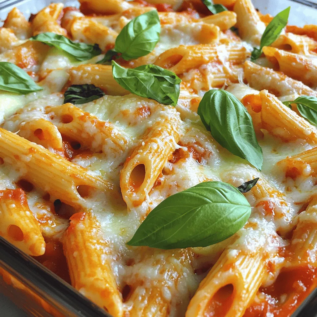 To make Cheesy Baked Penne, gather these tasty ingredients: - 12 oz penne pasta - 2 cups marinara sauce - 1 cup ricotta cheese - 1 cup shredded mozzarella cheese - 1 cup grated Parmesan cheese - 2 cloves garlic, minced - 1 teaspoon dried oregano - 1 teaspoon dried basil - 1/2 teaspoon red pepper flakes (optional) - Salt and pepper to taste - Fresh basil leaves for garnish These simple ingredients come together to create a dish that warms your heart. You can switch things up a bit if you want. Here are some fun ideas: - Vegetables: Add chopped spinach, bell peppers, or mushrooms for a veggie boost. - Protein: Mix in cooked chicken, ground beef, or sausage for a heartier meal. - Cheese: Try adding different cheeses like fontina or goat cheese for unique flavors. These variations keep the dish fresh and exciting. Sometimes you might not have every item at home. Here are some smart swaps: - Pasta: Use any other short pasta like rigatoni or ziti if you run out of penne. - Marinara Sauce: If you don’t have marinara, any tomato-based sauce works well. - Ricotta Cheese: Cottage cheese can replace ricotta if you need a lighter option. These substitutions maintain the dish's flavor while making it easier to prepare. Check out the Full Recipe for more details! Start by preheating your oven to 375°F (190°C). This warms up the oven for baking. Next, cook 12 oz of penne pasta in a large pot of salted water. Follow the package's cooking time until the pasta is al dente. Drain the pasta well and set it aside. In a large mixing bowl, combine 2 cups of marinara sauce, 1 cup of ricotta cheese, and 2 cloves of minced garlic. Add 1 teaspoon of dried oregano, 1 teaspoon of dried basil, and optional red pepper flakes for heat. Season with salt and pepper to your taste. Mix everything until it is well blended. Now, add the cooked penne pasta to the sauce mixture. Stir gently until the pasta is fully coated with sauce. This step ensures every bite is flavorful. Grease a large baking dish with non-stick spray or olive oil. Pour half of the pasta mixture into the dish, spreading it evenly. Sprinkle half of 1 cup of shredded mozzarella cheese and half of 1 cup of grated Parmesan cheese over the pasta. Then, add the rest of the pasta mixture on top. Finish by adding the remaining mozzarella and Parmesan cheese. Cover the dish with aluminum foil to keep the moisture in while baking. Bake for 20 minutes covered. After that, remove the foil and bake for an extra 10-15 minutes. You want the cheese to be bubbly and golden brown. Once baked, let the dish sit for about 5 minutes before serving. To make your dish look great, garnish it with fresh basil leaves before serving. This adds color and a fresh taste. Serve the cheesy baked penne in bowls or on plates, making sure to scoop out some of the melted cheese. Pair it with a simple green salad and some crusty bread for a complete meal. Enjoy this comforting dish with family and friends! For more details, check the Full Recipe. When making Cheesy Baked Penne, watch out for these common mistakes. First, don’t overcook the pasta. You want it al dente, so it holds up in the oven. Second, be careful not to skimp on the sauce. A dry dish is not what you want. Lastly, avoid crowding the pan. If you pack it too tight, the heat can’t circulate well. To achieve a creamy texture, mix the ricotta with the marinara sauce well. This step ensures the cheese blends evenly. Use full-fat cheese for best results. Low-fat options may not give that rich taste. Adding a splash of pasta water can also help. It adds moisture without making the dish too watery. You can easily adjust spice levels to suit your taste. If you like heat, add more red pepper flakes. For a milder dish, skip them altogether. Fresh herbs can brighten flavors too. Use more dried basil or oregano if you love their taste. Feel free to experiment and make it your own! For more ideas, check the Full Recipe. {{image_2}} For a tasty vegetarian twist on Cheesy Baked Penne, you can add veggies. Zucchini, spinach, and mushrooms work great. You can also use roasted bell peppers for a sweet flavor. Just sauté them before mixing them with the pasta. This adds color and nutrition. If you want to add meat, ground beef or sausage is a good choice. Cook it first before adding it to your sauce mix. For seafood lovers, shrimp or crab can elevate your dish. Just make sure to cook the seafood quickly to keep it tender. Both options add a hearty flavor to the dish. For a gluten-free version, swap penne pasta with gluten-free pasta. Many brands make great gluten-free options. Make sure to check the cooking time, as it may vary. You can also use zucchini noodles for a lighter dish. They add freshness and taste without the carbs. For the full recipe, check out the [Full Recipe]. After you enjoy your Cheesy Baked Penne, store leftovers in an airtight container. This keeps the dish fresh and tasty. Make sure to let it cool to room temperature before sealing. It’s best to eat the leftovers within three to four days. Label the container with the date to keep track. If you want to save some for later, freezing is a great option. Use a freezer-safe dish and wrap it tightly with plastic wrap. Then, cover it with aluminum foil. This prevents freezer burn. You can freeze Cheesy Baked Penne for up to three months. When you are ready to enjoy it, simply thaw it in the fridge overnight before reheating. To reheat your Cheesy Baked Penne, preheat the oven to 350°F (175°C). Place the dish in the oven, covered with foil. This keeps the cheese from drying out. Heat for about 20-25 minutes, or until it is hot all the way through. If you want to make it extra cheesy, add a sprinkle of mozzarella on top before reheating. You can also reheat it in the microwave, but be careful not to overcook it. The goal is to have a warm and gooey meal, just like when it was fresh. Yes, you can make Cheesy Baked Penne ahead of time. Prepare the dish as directed, but do not bake it. Cover it well and store it in the fridge. When ready to eat, bake it directly from the fridge. This saves time on busy days. You can serve Cheesy Baked Penne with a fresh green salad. A side of garlic bread pairs nicely too. For a heartier meal, add roasted veggies or grilled chicken. Each option balances the rich flavors of the pasta. Cheesy Baked Penne will last about 3 to 5 days in the fridge. Make sure to cover it tightly to keep it fresh. If you need to store it longer, consider freezing it. In this blog post, we covered the key ingredients for Cheesy Baked Penne and provided step-by-step cooking instructions. I shared tips for making perfect textures and avoiding common mistakes. We explored variations, including vegetarian and gluten-free options. Lastly, I included storage tips to keep leftovers fresh. By following these guidelines, you can enjoy a delicious meal any day. Embrace these ideas and get creative in your kitchen!