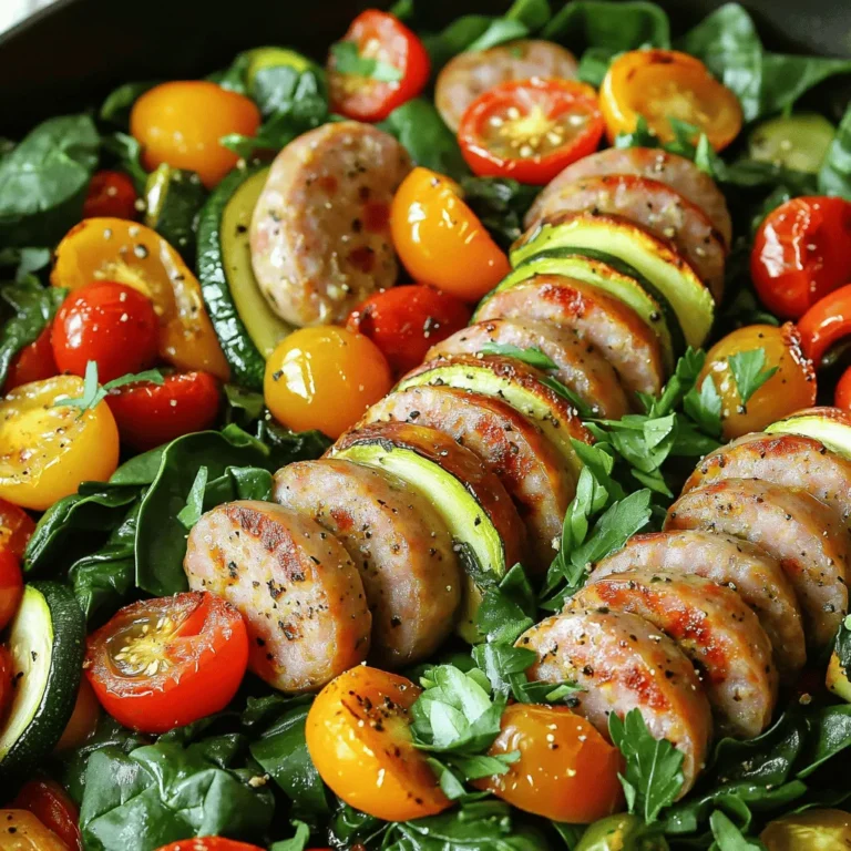 To make the One-Pan Sausage Veggie Skillet, you will need: - 4 Italian sausages (chicken or turkey for a lighter option) - 1 medium bell pepper, diced (any color) - 1 medium zucchini, sliced - 1 cup cherry tomatoes, halved - 1 red onion, sliced - 2 cups baby spinach - 2 cloves garlic, minced - 2 tablespoons olive oil - 1 teaspoon dried oregano - 1 teaspoon smoked paprika - Salt and pepper to taste - Fresh parsley for garnish You can swap Italian sausages with other types. Try chicken, turkey, or even plant-based options. Each choice gives a different taste. If you prefer less fat, go for chicken or turkey. For a vegetarian twist, use veggie sausages. The key is to find flavors you enjoy. Fresh vegetables taste great and add crunch. They also cook quickly. However, frozen veggies are just as good. They save time and are often more convenient. If you use frozen, make sure to thaw them first. This way, they cook evenly and mix well with the sausages. Both options work well in this dish. Choose what fits your needs best! First, grab a large skillet and place it on the stove. Turn the heat to medium. Pour in two tablespoons of olive oil. Let it heat up for a minute. This oil will help cook the sausages and veggies nicely. Next, take four Italian sausages and add them to the hot skillet. Cook them for about 5 to 7 minutes. Turn them often. You want them brown and fully cooked. Once done, remove them from the skillet and set them aside on a plate. Now, it’s time for the veggies! In the same skillet, add one sliced red onion. Cook it for 2 to 3 minutes until it softens. Then, add one diced bell pepper and one sliced zucchini. Sauté these for about 5 minutes. You want them to be tender but not mushy. After the veggies are ready, stir in one cup of halved cherry tomatoes and two minced garlic cloves. Cook this for another 2 to 3 minutes. The tomatoes should soften and give off their juices. Then, slice the cooked sausages into bite-sized pieces. Add them back to the skillet along with two cups of baby spinach, one teaspoon of dried oregano, one teaspoon of smoked paprika, salt, and pepper to taste. Cook everything together for another 2 to 3 minutes until the spinach wilts. When everything is mixed well and heated through, remove the skillet from the heat. For a touch of freshness, garnish your dish with some chopped parsley. This One-Pan Sausage Veggie Skillet is ready to enjoy! Serve it hot and watch everyone dig in. When picking sausages, think about flavor and type. Italian sausages bring a nice taste. You can also try chicken or turkey for lighter meals. Check the label for quality. Look for sausages without many fillers. Fresh sausages have a better texture and taste. To cook veggies evenly, cut them into similar sizes. This helps them cook at the same rate. Start with firmer veggies like onions and peppers. Then add softer ones like zucchini and tomatoes. Stir often to prevent sticking. This will keep them bright and tasty. Garnishing can make your dish pop. Fresh parsley adds color and flavor. You might also sprinkle some grated cheese on top. Crushed red pepper flakes can give a nice kick. A squeeze of lemon juice brightens the dish too. Use your favorite herbs to match your taste. {{image_2}} You can make a tasty vegetarian version of this dish. Swap the Italian sausages with plant-based sausage or leave them out entirely. Use firm tofu or tempeh instead. This adds protein and keeps the meal filling. You can also add more beans like chickpeas or black beans. They add fiber and flavor. Feel free to get creative with your veggies! You can add broccoli, asparagus, or carrots. Each of these adds unique flavors and textures. Just chop them into small pieces for faster cooking. You can also mix in sweet corn or peas for a pop of color. The goal is to keep it colorful and vibrant! If you like heat, you can spice things up! Add some crushed red pepper flakes when cooking. You can also use spicy sausage instead of mild. For an extra kick, try jalapeños or diced chili peppers. These will make your meal exciting and full of flavor. Enjoy the burst of spice with each bite! For the complete recipe and more ideas, check out the Full Recipe. To keep your One-Pan Sausage Veggie Skillet fresh, let it cool first. Then, place the leftovers in an airtight container. Store it in the fridge for up to three days. Make sure to label the container with the date. This way, you can easily track how long it’s been stored. When you're ready to enjoy leftovers, you have a couple of easy options. You can reheat in the microwave for 1-2 minutes. Stir halfway through to heat evenly. Alternatively, heat it on the stove over medium-low heat. This method keeps the flavors vibrant. Add a splash of olive oil if needed to prevent sticking. If you want to save some for later, freezing is a great choice. Allow the skillet to cool completely. Then, transfer it to a freezer-safe container. It’s best to use it within three months for the best taste. When ready to eat, thaw it in the fridge overnight. Reheat as mentioned above. Enjoy your delicious meal anytime! Yes, you can use any sausage you like. Try chicken, turkey, or pork. Each type brings a different flavor. If you prefer a bit of heat, use spicy sausage. You can also try plant-based sausage for a meat-free option. To make this dish gluten-free, choose gluten-free sausage. Most chicken and turkey sausages are gluten-free. You can also check labels for any added sauces or spices. This meal pairs well with rice, quinoa, or crusty bread. You can also serve a simple green salad on the side. These options add texture and balance to your plate. If cooking for more people, simply double the ingredients. Use a larger skillet or two pans. Cooking in batches helps keep everything evenly cooked. Adjust seasonings to taste as needed. Yes, you can prepare this dish ahead of time. Store it in an airtight container in the fridge for up to three days. Reheat on the stove or in the microwave. It tastes great even after a day or two! For the full recipe, check the above sections. This blog covered the key parts of making a One-Pan Sausage Veggie Skillet. We talked about ingredients, cooking steps, and great tips to enhance your dish. You can swap ingredients and even make it vegetarian. Remember, cooking should be fun and easy. Use this guide to create tasty meals with what you have. Enjoy your time in the kitchen and savor every bite!