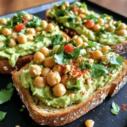 - 2 ripe avocados - 1 can (15 oz) chickpeas, drained and rinsed - 1 tablespoon tahini - 1 tablespoon lemon juice - 1 garlic clove, minced - 4 slices of whole grain bread - Salt and pepper to taste - ½ teaspoon smoked paprika - Fresh herbs (like cilantro or parsley) for garnish - Optional toppings: red pepper flakes, cherry tomatoes, or radish slices To make Smashed Avocado Chickpea Toast, you start with fresh and vibrant ingredients. Ripe avocados bring creaminess and healthy fats. Chickpeas add protein and fiber, making this meal filling. The tahini gives it a nutty flavor, while lemon juice brightens everything up. Garlic adds a nice kick that rounds out the taste. Whole grain bread gives the toast a hearty base. You can choose any bread you like, but whole grain is best for extra nutrients. For seasoning, salt and pepper are must-haves. The smoked paprika adds a hint of smokiness that pairs well with the avocado. Fresh herbs like cilantro or parsley brighten the dish and make it look nice. You can also add optional toppings for fun. Red pepper flakes bring heat. Cherry tomatoes add sweetness and color. Radish slices give a crunchy bite. Each ingredient plays a role in making this toast not just healthy, but also a joy to eat. For the full recipe, visit the section above. - In a mixing bowl, combine the drained chickpeas with tahini, lemon juice, garlic, and smoked paprika. - Use a fork or potato masher to smash the mixture. Aim for a mostly smooth yet textured consistency. This adds depth to the flavor and makes the chickpeas more enjoyable. - Next, scoop out the flesh of the ripe avocados into another bowl. - Mash the avocados with a fork until creamy. Season with salt and pepper to taste. Adjust the seasoning to your liking for the best flavor. - Toast the slices of whole grain bread until they are golden and crispy. This step is crucial for adding crunch to your meal. - Spread a generous layer of smashed avocado over each slice of toast. - Top each avocado toast with a layer of the smashed chickpea mixture. This adds protein and flavor. - Feel free to garnish with fresh herbs and any extra toppings you desire. Enjoy your meal! For the full recipe, check the earlier section. To get the right texture for your smashed avocado chickpea toast, it’s all about balance. You want the chickpeas to be mostly smooth but still have some bite. Use a fork for a chunkier mash or a potato masher for a smoother finish. For the avocados, make sure they are ripe. A ripe avocado mashes easily and blends well with the chickpeas. Aim for a creamy yet slightly chunky mix. This will add nice depth to your toast. Spices and herbs can really boost the flavor of your dish. Consider adding cumin, chili powder, or fresh herbs like dill or basil. These will make your toast pop with flavor. Pair your toast with a refreshing drink. A cool lemonade or herbal tea complements the creamy texture of the avocado and chickpeas. This makes for a well-rounded meal. Garnishing your dish makes it look appealing. Sprinkle fresh herbs on top for color. You can also add red pepper flakes for a pop of color and heat. For gatherings, use different platters. A large wooden board allows everyone to dig in. Arrange the toast with colorful toppings like sliced radishes or cherry tomatoes for a beautiful spread. For the complete recipe, check out the [Full Recipe]. {{image_2}} You can make this recipe gluten-free by using alternative bread. Look for gluten-free options like rice bread or almond flour bread. These still taste great and keep the meal healthy. For vegan-friendly substitutions, you can swap tahini with sunflower seed butter or a nut-free spread. This keeps your dish creamy and rich while meeting various dietary needs. To change the taste, think about adding spices. Cumin brings a warm flavor, while chili powder adds heat. You can also try mixing in seasonal vegetables like roasted bell peppers or sautéed spinach. Other legumes, like black beans or lentils, can add protein and texture. They make the dish even more filling. This smashed avocado chickpea toast works well with many sides. Pair it with a fresh salad or some sliced fruit for a balanced meal. You can enjoy this dish for breakfast, lunch, or as a snack. It’s quick to make and perfect any time of day. Check the Full Recipe for more details! To store leftover smashed chickpea and avocado mixtures, use an airtight container. This keeps air out and helps prevent browning. If you have avocado left, squeeze some lemon juice on it. This helps slow down oxidation. For the chickpea mix, store it separately to keep the flavors fresh. To keep the bread from getting soggy, store it in a bread box or a paper bag. Avoid plastic bags, as they trap moisture. If you want to eat it later, toast the slices right before serving. This ensures a crisp texture. You can freeze both the chickpea mix and the avocado separately. For the chickpea mix, place it in a freezer-safe bag. Squeeze out extra air and seal it tightly. For avocados, mash them first and add a little lemon juice to keep the color. Then, put the mash in a bag and remove the air. When you want to use the frozen mixes, thaw them in the fridge overnight. For reheating, place the chickpeas in a pan over low heat. Stir until warm, but avoid overcooking. If the avocado mash is thick, add a splash of lemon juice to help smooth it out. Enjoy your Smashed Avocado Chickpea Toast fresh and delicious! For the full recipe, check out the earlier section. To pick ripe avocados, look for a few signs: - Firmness: Gently squeeze the avocado. It should feel slightly soft but not mushy. - Color: Dark green or black skin indicates ripeness. - Stem Check: If you see a small stem, remove it. A green stem means it's ripe. A brown stem means it's overripe. Yes, you can meal prep this recipe! Here are some tips: - Chickpea Mixture: Make it in advance. Store it in an airtight container. - Avocado: Mash it fresh. To keep it green, add lemon juice before storing. - Bread: Toast slices just before serving. This keeps the bread crispy. If you have allergies or dietary needs, try these substitutes: - Sunflower Seed Butter: Great for nut allergies and has a similar taste. - Greek Yogurt: Adds creaminess without nuts. - Peanut Butter: Use smooth peanut butter for a unique flavor twist. Add some heat with these ideas: - Red Pepper Flakes: Sprinkle them on top for a quick kick. - Sriracha Sauce: Drizzle it over the avocado for spicy flavor. - Infused Oils: Use chili-infused oil for a more intense heat. For the complete Smashed Avocado Chickpea Toast recipe, check out the Full Recipe above. This blog covered how to make delicious smashed avocado chickpea toast. You learned about key ingredients and step-by-step instructions. I shared tips for texture, flavor, and presentation to make your dish stand out. You can customize the recipe to meet dietary needs and enjoy leftovers later. With these insights, you can create a yummy and fun meal. Enjoy sharing and tasting this healthy toast!