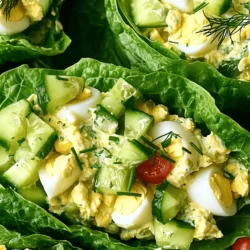 - 4 large eggs, hard-boiled and chopped - 3 tablespoons mayonnaise - 1 tablespoon Greek yogurt - 1 teaspoon Dijon mustard - 1 tablespoon fresh chives, chopped - 1 tablespoon fresh dill, chopped - Salt and pepper to taste - 1 head of romaine lettuce, leaves separated - 1/4 cup cucumber, finely diced - Optional: Cherry tomatoes, sliced for garnish Egg salad lettuce wraps are not only tasty but also healthy. The main ingredients come together to create a balance of flavors. The hard-boiled eggs provide protein, while the mayonnaise and Greek yogurt add creaminess. Fresh herbs like chives and dill give a vibrant taste. I always use romaine lettuce for the wraps. Its sturdy leaves hold the filling well. Cucumber adds a nice crunch, making every bite refreshing. You can also top the wraps with cherry tomatoes for extra color and flavor. For the full recipe, check out the Egg-cellent Egg Salad Lettuce Wraps section. You’ll find all the steps to make this easy meal. The fresh ingredients in this recipe make it perfect for a light lunch or snack. To hard-boil eggs perfectly, place them in a pot. Cover them with water and bring it to a boil. Once boiling, reduce the heat to low. Simmer the eggs for 9-12 minutes. After cooking, remove the pot from heat. Quickly transfer the eggs to an ice bath for 5 minutes. This cools them down fast. Once cooled, peel the eggs and chop them into small pieces. In a mixing bowl, combine the chopped eggs with mayonnaise, Greek yogurt, and Dijon mustard. Add in fresh chives and dill for great flavor. Stir the mixture until all the ingredients blend well. Taste the egg salad and adjust the flavors. You can add more salt, pepper, or even more yogurt for creaminess. Start by washing the romaine lettuce leaves. Dry them thoroughly so they stay crisp. Choose sturdy leaves to hold the filling well. Spoon the egg salad mixture into the center of each lettuce leaf. Make sure to leave space on the edges for folding. This helps keep the filling inside. Top the wraps with diced cucumbers for a nice crunch. You can also add sliced cherry tomatoes for a splash of color. Enjoy your fresh and healthy egg salad lettuce wraps right away or chill them for a bit before serving. For the full recipe, check out the details above. To create a creamy egg salad, I suggest a good ratio. Use three tablespoons of mayonnaise for every four eggs. Adding one tablespoon of Greek yogurt makes it light and tangy. You can also mix in one teaspoon of Dijon mustard for a zesty kick. For extra flavor, try adding different herbs and spices. Fresh chives and dill work well, but consider parsley or tarragon too. A dash of garlic powder or smoked paprika adds depth to the taste. Egg salad wraps shine when paired with fresh ingredients. Slice cucumbers into tiny pieces for a crisp bite. Cherry tomatoes not only taste great but also add color. You can also serve them with a side of carrot sticks or radishes for crunch. When plating your dish, arrange the wraps neatly. Place them on a colorful plate to make the meal pop. Garnish with extra herbs for freshness. This will make your dish look as good as it tastes. For the full recipe on how to make these wraps, check out the earlier sections. {{image_2}} You can make your egg salad even better with fun add-ins. Try adding protein like diced chicken or tuna. You can also mix in some beans for extra fiber. For veggies, think about including bell peppers or shredded carrots. They add crunch and color. Different dressings can change the flavor too. Try using ranch dressing instead of mayonnaise for a zesty twist. A splash of hot sauce can give it a kick. You can also add spices like paprika or celery salt for more taste. Lettuce isn't the only way to wrap your egg salad. You can use large collard greens or even Swiss chard. Both provide a nice, sturdy base. Want something different? Try using a whole grain tortilla. It adds fiber and taste. You can also serve egg salad in a bowl with veggies around for dipping. This way, it becomes a fun snack for everyone. For the full recipe, check out the Egg-cellent Egg Salad Lettuce Wraps. To keep your egg salad fresh, place it in an airtight container. This helps prevent it from drying out. You can store it in the fridge for up to three days. If you have leftovers in lettuce wraps, try to eat them within a day. The lettuce can get soggy over time. If you notice any changes in smell or color, it’s best to toss it out. It’s best to eat egg salad cold, but if you want to warm it up, here’s how. Place the egg salad in a microwave-safe bowl. Heat it in short bursts of 10-15 seconds, stirring in between. Check the temperature to avoid overheating. Always make sure to reheat egg dishes to at least 165°F for safety. This helps kill any harmful bacteria. How to make egg salad healthier? To make egg salad healthier, use less mayonnaise. Swap some mayonnaise for Greek yogurt. Add more vegetables like diced cucumbers or bell peppers. These changes boost nutrition without losing flavor. Can I use different herbs in the recipe? Yes, you can use different herbs! Try parsley, cilantro, or even basil. Each herb adds a unique taste. Experiment to find your favorite mix. How long can egg salad be kept in the refrigerator? Egg salad stays fresh in the fridge for up to three days. Be sure to store it in an airtight container. This keeps it tasty and safe to eat. Is this recipe gluten-free? Yes, this recipe is gluten-free! Using lettuce as a wrap means no gluten. Just check all your ingredients, like mayonnaise, to ensure they are gluten-free. Can I meal prep egg salad wraps in advance? You can meal prep egg salad wraps! Prepare the egg salad and store it separately from the lettuce. Assemble them just before eating to keep the lettuce crisp. For the full recipe, check the earlier section. This blog post covered making egg salad lettuce wraps from scratch. You learned about ingredients, step-by-step directions, and useful tips. I shared ways to customize your dish and store leftovers too. Egg salad wraps are easy, tasty, and offer many variations. Try new flavors to keep things fresh. Enjoy your cooking while impressing your family and friends with this healthy meal.