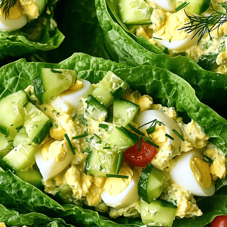 - 4 large eggs, hard-boiled and chopped - 3 tablespoons mayonnaise - 1 tablespoon Greek yogurt - 1 teaspoon Dijon mustard - 1 tablespoon fresh chives, chopped - 1 tablespoon fresh dill, chopped - Salt and pepper to taste - 1 head of romaine lettuce, leaves separated - 1/4 cup cucumber, finely diced - Optional: Cherry tomatoes, sliced for garnish Egg salad lettuce wraps are not only tasty but also healthy. The main ingredients come together to create a balance of flavors. The hard-boiled eggs provide protein, while the mayonnaise and Greek yogurt add creaminess. Fresh herbs like chives and dill give a vibrant taste. I always use romaine lettuce for the wraps. Its sturdy leaves hold the filling well. Cucumber adds a nice crunch, making every bite refreshing. You can also top the wraps with cherry tomatoes for extra color and flavor. For the full recipe, check out the Egg-cellent Egg Salad Lettuce Wraps section. You’ll find all the steps to make this easy meal. The fresh ingredients in this recipe make it perfect for a light lunch or snack. To hard-boil eggs perfectly, place them in a pot. Cover them with water and bring it to a boil. Once boiling, reduce the heat to low. Simmer the eggs for 9-12 minutes. After cooking, remove the pot from heat. Quickly transfer the eggs to an ice bath for 5 minutes. This cools them down fast. Once cooled, peel the eggs and chop them into small pieces. In a mixing bowl, combine the chopped eggs with mayonnaise, Greek yogurt, and Dijon mustard. Add in fresh chives and dill for great flavor. Stir the mixture until all the ingredients blend well. Taste the egg salad and adjust the flavors. You can add more salt, pepper, or even more yogurt for creaminess. Start by washing the romaine lettuce leaves. Dry them thoroughly so they stay crisp. Choose sturdy leaves to hold the filling well. Spoon the egg salad mixture into the center of each lettuce leaf. Make sure to leave space on the edges for folding. This helps keep the filling inside. Top the wraps with diced cucumbers for a nice crunch. You can also add sliced cherry tomatoes for a splash of color. Enjoy your fresh and healthy egg salad lettuce wraps right away or chill them for a bit before serving. For the full recipe, check out the details above. To create a creamy egg salad, I suggest a good ratio. Use three tablespoons of mayonnaise for every four eggs. Adding one tablespoon of Greek yogurt makes it light and tangy. You can also mix in one teaspoon of Dijon mustard for a zesty kick. For extra flavor, try adding different herbs and spices. Fresh chives and dill work well, but consider parsley or tarragon too. A dash of garlic powder or smoked paprika adds depth to the taste. Egg salad wraps shine when paired with fresh ingredients. Slice cucumbers into tiny pieces for a crisp bite. Cherry tomatoes not only taste great but also add color. You can also serve them with a side of carrot sticks or radishes for crunch. When plating your dish, arrange the wraps neatly. Place them on a colorful plate to make the meal pop. Garnish with extra herbs for freshness. This will make your dish look as good as it tastes. For the full recipe on how to make these wraps, check out the earlier sections. {{image_2}} You can make your egg salad even better with fun add-ins. Try adding protein like diced chicken or tuna. You can also mix in some beans for extra fiber. For veggies, think about including bell peppers or shredded carrots. They add crunch and color. Different dressings can change the flavor too. Try using ranch dressing instead of mayonnaise for a zesty twist. A splash of hot sauce can give it a kick. You can also add spices like paprika or celery salt for more taste. Lettuce isn't the only way to wrap your egg salad. You can use large collard greens or even Swiss chard. Both provide a nice, sturdy base. Want something different? Try using a whole grain tortilla. It adds fiber and taste. You can also serve egg salad in a bowl with veggies around for dipping. This way, it becomes a fun snack for everyone. For the full recipe, check out the Egg-cellent Egg Salad Lettuce Wraps. To keep your egg salad fresh, place it in an airtight container. This helps prevent it from drying out. You can store it in the fridge for up to three days. If you have leftovers in lettuce wraps, try to eat them within a day. The lettuce can get soggy over time. If you notice any changes in smell or color, it’s best to toss it out. It’s best to eat egg salad cold, but if you want to warm it up, here’s how. Place the egg salad in a microwave-safe bowl. Heat it in short bursts of 10-15 seconds, stirring in between. Check the temperature to avoid overheating. Always make sure to reheat egg dishes to at least 165°F for safety. This helps kill any harmful bacteria. How to make egg salad healthier? To make egg salad healthier, use less mayonnaise. Swap some mayonnaise for Greek yogurt. Add more vegetables like diced cucumbers or bell peppers. These changes boost nutrition without losing flavor. Can I use different herbs in the recipe? Yes, you can use different herbs! Try parsley, cilantro, or even basil. Each herb adds a unique taste. Experiment to find your favorite mix. How long can egg salad be kept in the refrigerator? Egg salad stays fresh in the fridge for up to three days. Be sure to store it in an airtight container. This keeps it tasty and safe to eat. Is this recipe gluten-free? Yes, this recipe is gluten-free! Using lettuce as a wrap means no gluten. Just check all your ingredients, like mayonnaise, to ensure they are gluten-free. Can I meal prep egg salad wraps in advance? You can meal prep egg salad wraps! Prepare the egg salad and store it separately from the lettuce. Assemble them just before eating to keep the lettuce crisp. For the full recipe, check the earlier section. This blog post covered making egg salad lettuce wraps from scratch. You learned about ingredients, step-by-step directions, and useful tips. I shared ways to customize your dish and store leftovers too. Egg salad wraps are easy, tasty, and offer many variations. Try new flavors to keep things fresh. Enjoy your cooking while impressing your family and friends with this healthy meal.