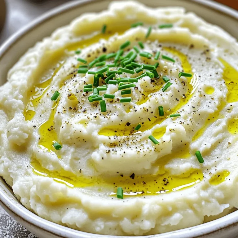 - 1 large head of cauliflower, cut into florets - 6 cloves of garlic, unpeeled - 2 tablespoons olive oil - Salt and pepper to taste - 1/2 cup unsweetened almond milk (or regular milk) - 1/4 cup sour cream or Greek yogurt - 2 tablespoons butter (or vegan alternative) - Fresh chives or parsley, chopped for garnish - Nutritional yeast for a cheesy flavor - Alternative milk options - Other herbs for garnishing To make Roasted Garlic Mashed Cauliflower, gather these ingredients first. Cauliflower is the star of this dish. It brings a light, fluffy texture. Garlic adds rich flavor and sweetness when roasted. Olive oil helps with roasting and gives a nice finish. Salt and pepper enhance the taste. The almond milk or regular milk creates creaminess. Sour cream or Greek yogurt adds tang and richness. Butter gives that extra lusciousness. Fresh herbs like chives or parsley brighten up the dish. You might want to explore some optional ingredients too. Nutritional yeast can mimic cheese flavor. You can also use different types of milk for variety. Fresh herbs can change the look and taste, so feel free to experiment. For the full recipe, check out Roasted Garlic Mashed Cauliflower. This dish will impress your family and friends! - Preheat the oven to 400°F (200°C). - Toss garlic and cauliflower in olive oil. Start by preheating your oven. The heat will help roast the veggies perfectly. Next, grab a large baking sheet. Toss the unpeeled garlic cloves in one tablespoon of olive oil. Then, add the cauliflower florets and drizzle with the remaining olive oil. Sprinkle some salt and pepper to taste. This simple step brings out the flavor. - Roast in the oven for 25-30 minutes. - Stir halfway through for even cooking. Place the baking sheet in the oven. Roast the garlic and cauliflower for about 25 to 30 minutes. You want the cauliflower to be tender and slightly caramelized. Stir halfway through cooking. This ensures that everything roasts evenly and doesn't burn. The smell will make your kitchen feel so warm and inviting! - Squeeze roasted garlic into a mixing bowl. - Blend roasted cauliflower with milk, sour cream, and butter. - Adjust seasoning and transfer to a serving dish. Once the veggies cool slightly, squeeze the roasted garlic from its skins into a mixing bowl. Discard the peels; they won’t add any flavor. Next, add the roasted cauliflower, almond milk, sour cream, and butter to the bowl. Use a potato masher or hand mixer to blend it all together. Keep mixing until you reach a smooth and creamy texture. Taste it and adjust the seasoning if needed. Now, transfer your mashed cauliflower to a serving dish. For a nice touch, you can garnish it with fresh chives or parsley. This dish looks fancy but is easy to make. For the full recipe, check the details above! - Use fresh ingredients for enhanced taste. Fresh garlic and cauliflower make a big difference. - Experiment with seasoning before serving. Taste as you go. Adjust salt and pepper as needed. - For a chunkier texture, mash less. This gives you a hearty feel. - Adjust almond milk to your preferred creaminess. Add more for a smoother mash. - Use colorful garnishes like chives or parsley. This adds brightness to your dish. - Serve in a decorative dish for visual appeal. A nice bowl makes your meal pop. These tips will make your Roasted Garlic Mashed Cauliflower shine. For the full recipe, check the section above. {{image_2}} You can easily make this dish vegan. First, substitute butter with a vegan alternative like coconut oil. This keeps the creamy texture while making it plant-based. Next, use coconut milk instead of almond milk. It adds a unique flavor and richness to the dish. For a keto-friendly version, skip the sour cream. You can also use a low-carb alternative if you prefer. Adding cheese like cream cheese or cheddar cheese gives you a creamier texture. This keeps the dish satisfying while remaining low in carbs. Want to jazz up your mashed cauliflower? Mix in roasted red peppers or fresh spinach for extra color and nutrients. You can also add spices like nutmeg or cumin to deepen the flavor. These small changes can make a big difference in taste. For the full recipe, check out the details above! You can store leftovers in an airtight container. Refrigerate them for up to 3 days. Allow the mashed cauliflower to cool before sealing. This step helps keep it fresh longer. To reheat, warm it in the microwave or stovetop. Add a splash of almond milk for creaminess. Stir it often to keep the texture smooth and lovely. For easy meals, freeze the mashed cauliflower in portions. This way, you can grab what you need. Remember to thaw it in the refrigerator before reheating. This method ensures the best taste and texture. Yes, but adjust cooking time accordingly. Frozen cauliflower may take longer to soften. Make sure to check it often to avoid overcooking. You can still enjoy a creamy texture even if using frozen. Yes, it's low in carbs and high in nutrients. Cauliflower gives you fiber, vitamins, and minerals. This dish is a great alternative to traditional mashed potatoes. It also provides healthy fats from olive oil and butter. Add red pepper flakes or diced jalapeños while mashing. You can also mix in hot sauce for an extra kick. Spice level is easy to adjust based on personal taste. It pairs well with grilled meats and roasted vegetables. Try serving it next to chicken, steak, or fish. Roasted garlic mashed cauliflower also complements sautéed greens or a fresh salad. For the full recipe, you can check out the earlier sections. Roasted Garlic Mashed Cauliflower is an easy and tasty dish. We reviewed the main ingredients, like cauliflower and garlic, and shared step-by-step instructions for cooking. I also included tips for flavor, texture, and appealing presentation. Plus, you can explore variations for vegan or keto diets. In my experience, this dish delights everyone and suits many meals. Enjoy the satisfaction of making a healthy, flavorful side that you can customize to fit your taste. Try it out and make this recipe your own!
