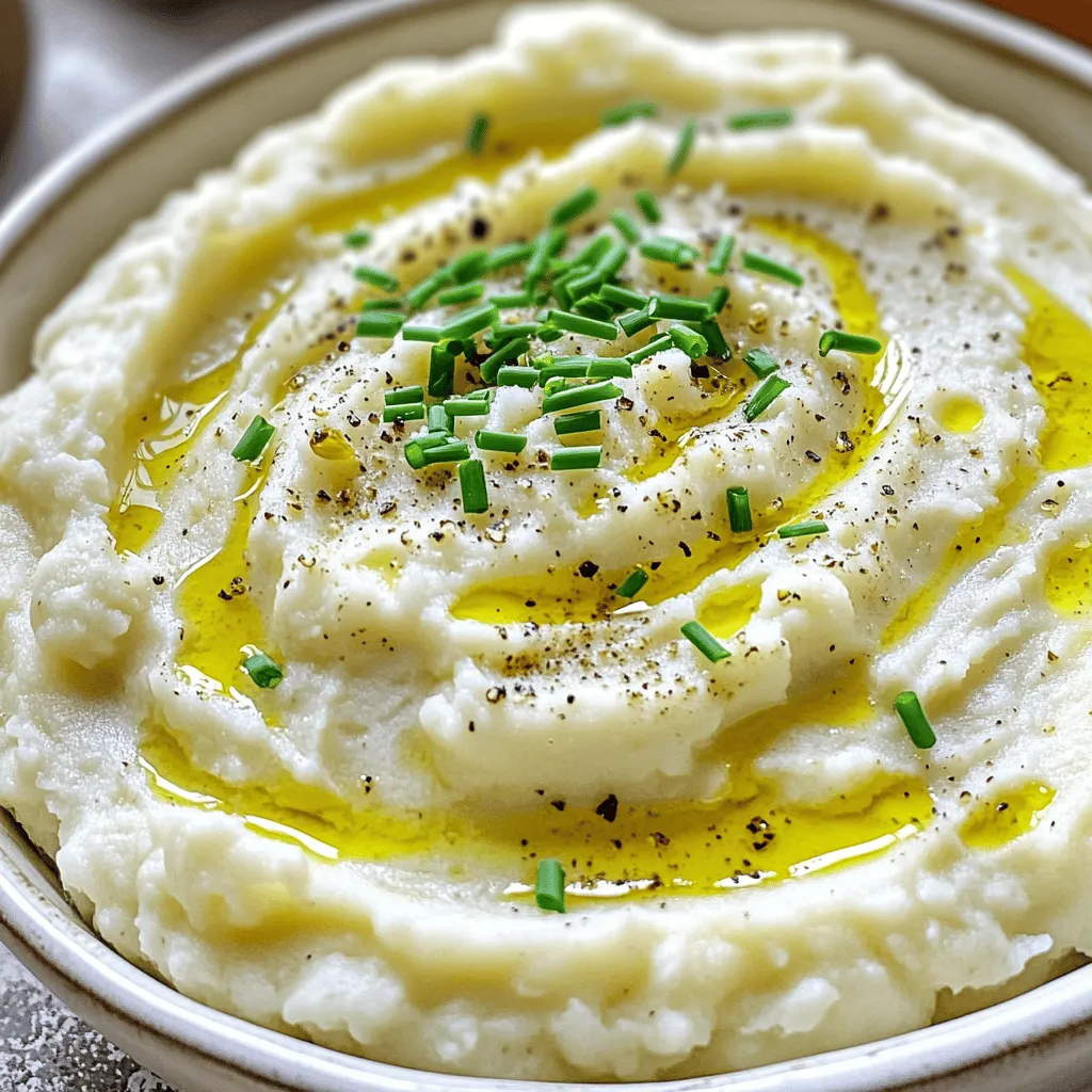 - 1 large head of cauliflower, cut into florets - 6 cloves of garlic, unpeeled - 2 tablespoons olive oil - Salt and pepper to taste - 1/2 cup unsweetened almond milk (or regular milk) - 1/4 cup sour cream or Greek yogurt - 2 tablespoons butter (or vegan alternative) - Fresh chives or parsley, chopped for garnish - Nutritional yeast for a cheesy flavor - Alternative milk options - Other herbs for garnishing To make Roasted Garlic Mashed Cauliflower, gather these ingredients first. Cauliflower is the star of this dish. It brings a light, fluffy texture. Garlic adds rich flavor and sweetness when roasted. Olive oil helps with roasting and gives a nice finish. Salt and pepper enhance the taste. The almond milk or regular milk creates creaminess. Sour cream or Greek yogurt adds tang and richness. Butter gives that extra lusciousness. Fresh herbs like chives or parsley brighten up the dish. You might want to explore some optional ingredients too. Nutritional yeast can mimic cheese flavor. You can also use different types of milk for variety. Fresh herbs can change the look and taste, so feel free to experiment. For the full recipe, check out Roasted Garlic Mashed Cauliflower. This dish will impress your family and friends! - Preheat the oven to 400°F (200°C). - Toss garlic and cauliflower in olive oil. Start by preheating your oven. The heat will help roast the veggies perfectly. Next, grab a large baking sheet. Toss the unpeeled garlic cloves in one tablespoon of olive oil. Then, add the cauliflower florets and drizzle with the remaining olive oil. Sprinkle some salt and pepper to taste. This simple step brings out the flavor. - Roast in the oven for 25-30 minutes. - Stir halfway through for even cooking. Place the baking sheet in the oven. Roast the garlic and cauliflower for about 25 to 30 minutes. You want the cauliflower to be tender and slightly caramelized. Stir halfway through cooking. This ensures that everything roasts evenly and doesn't burn. The smell will make your kitchen feel so warm and inviting! - Squeeze roasted garlic into a mixing bowl. - Blend roasted cauliflower with milk, sour cream, and butter. - Adjust seasoning and transfer to a serving dish. Once the veggies cool slightly, squeeze the roasted garlic from its skins into a mixing bowl. Discard the peels; they won’t add any flavor. Next, add the roasted cauliflower, almond milk, sour cream, and butter to the bowl. Use a potato masher or hand mixer to blend it all together. Keep mixing until you reach a smooth and creamy texture. Taste it and adjust the seasoning if needed. Now, transfer your mashed cauliflower to a serving dish. For a nice touch, you can garnish it with fresh chives or parsley. This dish looks fancy but is easy to make. For the full recipe, check the details above! - Use fresh ingredients for enhanced taste. Fresh garlic and cauliflower make a big difference. - Experiment with seasoning before serving. Taste as you go. Adjust salt and pepper as needed. - For a chunkier texture, mash less. This gives you a hearty feel. - Adjust almond milk to your preferred creaminess. Add more for a smoother mash. - Use colorful garnishes like chives or parsley. This adds brightness to your dish. - Serve in a decorative dish for visual appeal. A nice bowl makes your meal pop. These tips will make your Roasted Garlic Mashed Cauliflower shine. For the full recipe, check the section above. {{image_2}} You can easily make this dish vegan. First, substitute butter with a vegan alternative like coconut oil. This keeps the creamy texture while making it plant-based. Next, use coconut milk instead of almond milk. It adds a unique flavor and richness to the dish. For a keto-friendly version, skip the sour cream. You can also use a low-carb alternative if you prefer. Adding cheese like cream cheese or cheddar cheese gives you a creamier texture. This keeps the dish satisfying while remaining low in carbs. Want to jazz up your mashed cauliflower? Mix in roasted red peppers or fresh spinach for extra color and nutrients. You can also add spices like nutmeg or cumin to deepen the flavor. These small changes can make a big difference in taste. For the full recipe, check out the details above! You can store leftovers in an airtight container. Refrigerate them for up to 3 days. Allow the mashed cauliflower to cool before sealing. This step helps keep it fresh longer. To reheat, warm it in the microwave or stovetop. Add a splash of almond milk for creaminess. Stir it often to keep the texture smooth and lovely. For easy meals, freeze the mashed cauliflower in portions. This way, you can grab what you need. Remember to thaw it in the refrigerator before reheating. This method ensures the best taste and texture. Yes, but adjust cooking time accordingly. Frozen cauliflower may take longer to soften. Make sure to check it often to avoid overcooking. You can still enjoy a creamy texture even if using frozen. Yes, it's low in carbs and high in nutrients. Cauliflower gives you fiber, vitamins, and minerals. This dish is a great alternative to traditional mashed potatoes. It also provides healthy fats from olive oil and butter. Add red pepper flakes or diced jalapeños while mashing. You can also mix in hot sauce for an extra kick. Spice level is easy to adjust based on personal taste. It pairs well with grilled meats and roasted vegetables. Try serving it next to chicken, steak, or fish. Roasted garlic mashed cauliflower also complements sautéed greens or a fresh salad. For the full recipe, you can check out the earlier sections. Roasted Garlic Mashed Cauliflower is an easy and tasty dish. We reviewed the main ingredients, like cauliflower and garlic, and shared step-by-step instructions for cooking. I also included tips for flavor, texture, and appealing presentation. Plus, you can explore variations for vegan or keto diets. In my experience, this dish delights everyone and suits many meals. Enjoy the satisfaction of making a healthy, flavorful side that you can customize to fit your taste. Try it out and make this recipe your own!