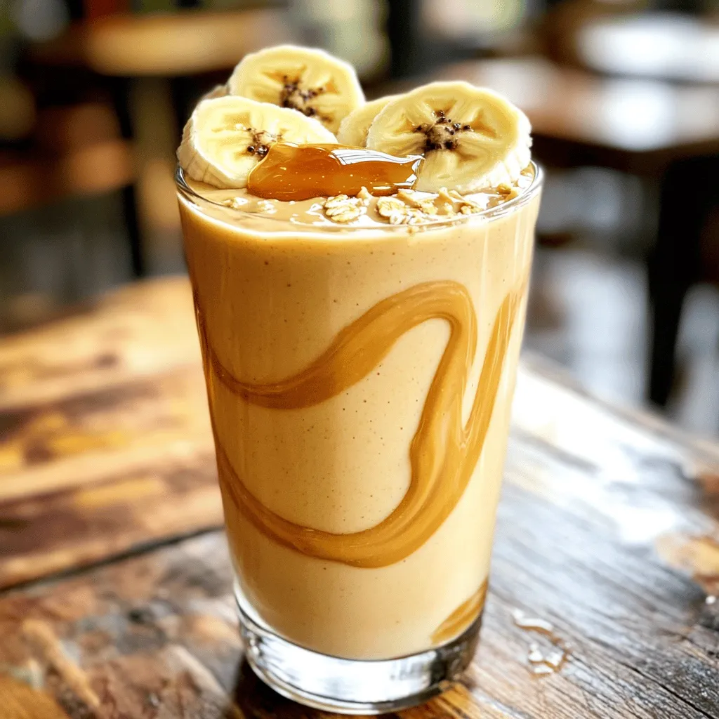 To make a tasty Peanut Butter Banana Smoothie, gather these simple ingredients: - 2 ripe bananas, sliced - 3 tablespoons creamy peanut butter - 1 cup almond milk (or your preferred milk) - 1 tablespoon honey (or maple syrup for a vegan option) - 1/2 cup rolled oats - 1/2 teaspoon vanilla extract - 1/4 teaspoon cinnamon - Ice cubes (optional) Using ripe bananas gives your smoothie a natural sweetness. The creamy peanut butter adds a rich flavor and protein. Almond milk keeps it light, but you can use any milk you like. Honey or maple syrup sweetens the mix, while oats provide fiber. Vanilla extract and cinnamon enhance the flavor, making it even more delicious. You can add ice cubes if you want a chilled smoothie. This recipe is quick and easy, taking just five minutes to prep. You can find the full recipe above to help you get started! - Step 1: Combine ingredients in a blender. Start by adding the sliced bananas, creamy peanut butter, almond milk, honey, rolled oats, vanilla extract, and cinnamon to your blender. This mix creates a tasty base. - Step 2: Adjust for temperature with ice (optional). If you want a chilled smoothie, toss in a handful of ice cubes. This step makes it refreshing. - Step 3: Blend until smooth. Blend on high speed until the mixture is creamy. Make sure there are no oat chunks left. You want it nice and smooth. - Step 4: Taste and adjust sweetness. After blending, taste your smoothie. If you want it sweeter, add a little more honey or maple syrup. Blend again briefly to mix. - Step 5: Serve and garnish (optional). Pour your smoothie into a glass. For a fun touch, add banana slices or a drizzle of peanut butter on top. Enjoy your Peanut Butter Banana Bliss Smoothie! For the full recipe, check out the earlier section. - Use ripe bananas for the best flavor. Ripe bananas add natural sweetness and creaminess. - Blend longer for a creamier texture. This helps break down the oats and makes it smooth. - Adjust milk for desired thickness. Add more milk for a thinner drink or less for a thicker one. - Substitute almond milk with dairy or other plant-based milk. This allows you to find your favorite taste. - Use flavored peanut butter for added taste. Flavors like honey or chocolate can enhance your smoothie. - Add protein powder or greens for extra nutrition. This is a great way to boost your smoothie’s health benefits. For the full recipe, check the Peanut Butter Banana Bliss Smoothie section. {{image_2}} You can mix up your Peanut Butter Banana Smoothie in fun ways. Here are some ideas that I love. - Chocolate Peanut Butter Banana Smoothie: Add 2 tablespoons of cocoa powder. This will give you a rich, chocolatey taste. Blend it with the other ingredients for a sweet treat. - Peanut Butter Banana Protein Smoothie: For a protein boost, add a scoop of your favorite protein powder. This is great after a workout. It keeps you full and supports muscle recovery. - Tropical Peanut Butter Banana Smoothie: Add a handful of tropical fruits. Try mango or pineapple for a sunny twist. This will brighten up the flavor and make your smoothie feel like a vacation. Experimenting with these variations keeps your smoothie fresh and exciting. You can find the full recipe for the classic Peanut Butter Banana Smoothie at the beginning of this article. Enjoy creating your perfect blend! To keep your Peanut Butter Banana Smoothie fresh, follow these tips: - Best practices for storing leftovers: Store any leftover smoothie in an airtight container. Glass or plastic containers work well. Keep it in the fridge for up to 24 hours. Shake or stir before drinking, as ingredients may separate. - Freezing smoothies for later use: If you have extra smoothie, pour it into ice cube trays. Once frozen, pop the cubes into a zip-top bag. This way, you can blend them later for a quick treat or snack. Just remember to use them within three months for the best taste. - Reblending after refrigeration: If your smoothie thickens in the fridge, don't worry. Just add a splash of almond milk or water and blend again. This will restore its creamy texture. Enjoy your smoothie again without losing any flavor! Can I make this smoothie in advance? Yes, you can prep this smoothie ahead of time. Blend the ingredients and store it in the fridge for up to 24 hours. Just give it a shake or stir before drinking. What can I substitute for peanut butter? If you need a swap, try almond butter or sunflower seed butter. Both work well and taste great. They also add a unique flavor to the smoothie. Is this smoothie suitable for kids? Absolutely! This smoothie is a fun and tasty treat for kids. It’s packed with nutrients, and they usually love the sweet taste of bananas and peanut butter. How many calories are in a Peanut Butter Banana Smoothie? A serving typically has around 300-400 calories. This can vary based on your milk choice and added sweeteners. Check the ingredients to get an exact number. Can I add vegetables to this smoothie? Yes, you can! Spinach or kale blends nicely without changing the taste a lot. It’s a smart way to sneak in extra nutrients. You learned about making a tasty Peanut Butter Banana Smoothie. We covered the key ingredients like ripe bananas and creamy peanut butter. I shared simple steps for blending and tips for the best texture. You can customize your smoothie with various flavors and add-ins. Storing your smoothie is easy, too, for later enjoyment. Enjoy trying different recipes and making it your own. Smoothies can be quick, nutritious, and delicious!
