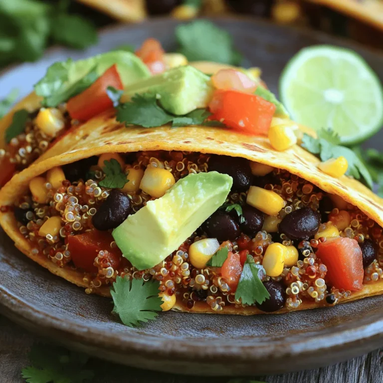 To make a tasty Vegan Crunchwrap Supreme, gather these ingredients: - 4 large flour tortillas - 1 cup cooked quinoa - 1 can black beans, rinsed and drained - 1 cup corn kernels (fresh or frozen) - 1 cup shredded lettuce - 1 large tomato, diced - 1/2 cup diced red onion - 1 avocado, sliced - 1 cup vegan cheese shreds - 1/4 cup salsa - 1 tablespoon taco seasoning - Olive oil for cooking - Salt and pepper to taste You can add some fun twists to your crunchwrap. Here are optional ingredients: - Sliced jalapeños for heat - Chopped cilantro for freshness - Sliced black olives for extra flavor - A squeeze of lime for zest These options let you make each crunchwrap your own! Each serving of your Vegan Crunchwrap Supreme packs a punch! Here's the nutritional info: - Calories: 400 - Protein: 15g - Fat: 18g - Carbohydrates: 45g - Fiber: 12g This meal is not only delicious but also healthy! You can enjoy it guilt-free. For the full recipe, check the details above. To start, grab a mixing bowl. Add 1 cup of cooked quinoa. Next, toss in 1 can of black beans that you rinsed and drained. Then, add 1 cup of corn kernels. You can use fresh or frozen corn. Now, dice 1 large tomato and 1/2 cup of red onion. Mix these in too. Finally, sprinkle in 1 tablespoon of taco seasoning. Add salt and pepper to taste. Stir everything well. This will be your filling for the crunchwrap. Now, get a large flour tortilla. Place it on a clean surface. In the center, add a few tablespoons of your filling mixture. Top it with a handful of shredded lettuce. Then, add a few slices of avocado and a sprinkle of vegan cheese. Top it off with a spoonful of salsa. Next, fold the edges of the tortilla inward. Make pleats as you go to fully enclose the filling. It should look like a round envelope. Repeat this for all the tortillas and filling. Heat a skillet over medium heat. Drizzle some olive oil in the pan. Carefully place a folded crunchwrap seam-side down. Cook it for about 3-4 minutes until it turns golden brown. Flip the crunchwrap and cook the other side for another 3-4 minutes. Repeat this for all the crunchwraps. When they are done, let them rest for a minute. Cut each crunchwrap in half diagonally. Serve with extra salsa on the side. You can find the full recipe for more details. To make your Vegan Crunchwrap Supreme shine, focus on flavor balance. Use fresh veggies for crunch and color. Add more spices to the filling for extra zest. You can try different beans or grains. For a richer taste, use smoked paprika or cumin. Cooking your crunchwrap until golden brown gives it that nice crunch. Adjust the heat to avoid burning. Many people overfill their crunchwraps. This can lead to messy folding. Remember to keep the filling in the center. Make sure your tortillas are large enough to fold easily. If they tear, they won't hold the filling well. Also, avoid cooking at too high of a heat. It can burn the outside before the inside warms up. When serving, cut the crunchwraps in half for a nice look. Arrange the halves on a plate like triangles. Add a sprinkle of fresh cilantro on top for color. A lime wedge adds a fun twist and freshness. Serve with extra salsa for dipping. This makes it more appealing and tasty. For a complete meal, pair with a side salad or chips. {{image_2}} You can easily spice up your crunchwrap. Just add sliced jalapeños to the filling. The heat adds a wonderful kick. It pairs well with the creamy avocado and cool salsa. You can adjust the amount based on your taste. If you love heat, use more! Want a gluten-free crunchwrap? You can swap out flour tortillas for corn tortillas. They are just as tasty and hold the filling well. Check the label to ensure they're certified gluten-free. This way, everyone can enjoy the crunchwrap without worries. You can customize the filling to fit different diets. Here are a few ideas: - For protein lovers: Add some grilled tofu or tempeh. - For a Mediterranean twist: Use hummus, cucumber, and olives. - For a cheesy option: Replace vegan cheese with cashew cheese. Feel free to mix and match to create your own version. The full recipe gives you a great base to start from! To store leftover crunchwraps, let them cool first. Place them in an airtight container. You can keep them in the fridge for up to three days. If you want to store them longer, freezing is best. To reheat, use a skillet for the best crisp. Heat the skillet over medium heat. Add a bit of olive oil. Place the crunchwrap seam-side down and cook for about 3 minutes. Flip and cook for another 3 minutes. This keeps them crispy. To freeze, wrap each crunchwrap in plastic wrap. Then, place them in a freezer bag. This protects them from freezer burn. They can last up to three months in the freezer. When ready to eat, thaw them overnight in the fridge before reheating. For the full recipe, check the earlier sections. Yes, you can make the Vegan Crunchwrap Supreme ahead of time. Prepare the filling and wrap them up. Store the wrapped crunchwraps in the fridge for one day. When you're ready to eat, just heat them in the skillet until crispy. This saves time on busy days. A few great side dishes pair well with the crunchwrap. Here are some ideas: - Fresh guacamole - Crispy tortilla chips - A simple green salad - Mexican street corn - Spicy black bean soup These sides add flavor and texture to your meal. To lower the calories in your crunchwrap, try these tips: - Use smaller tortillas - Replace vegan cheese with avocado for creaminess - Skip the olive oil and use a non-stick pan - Reduce the amount of quinoa and beans - Add more fresh veggies instead These changes keep the crunchwrap tasty while cutting calories. Enjoy your delicious meal while keeping it light! In this post, you learned how to make a tasty Vegan Crunchwrap Supreme. I shared a full list of ingredients and tips for perfecting your dish. You can customize it with spicy or gluten-free options. I also covered how to store leftovers and reheat them well. Making your crunchwrap fun and tasty is easy! Enjoy your cooking and share this yummy meal with others.
