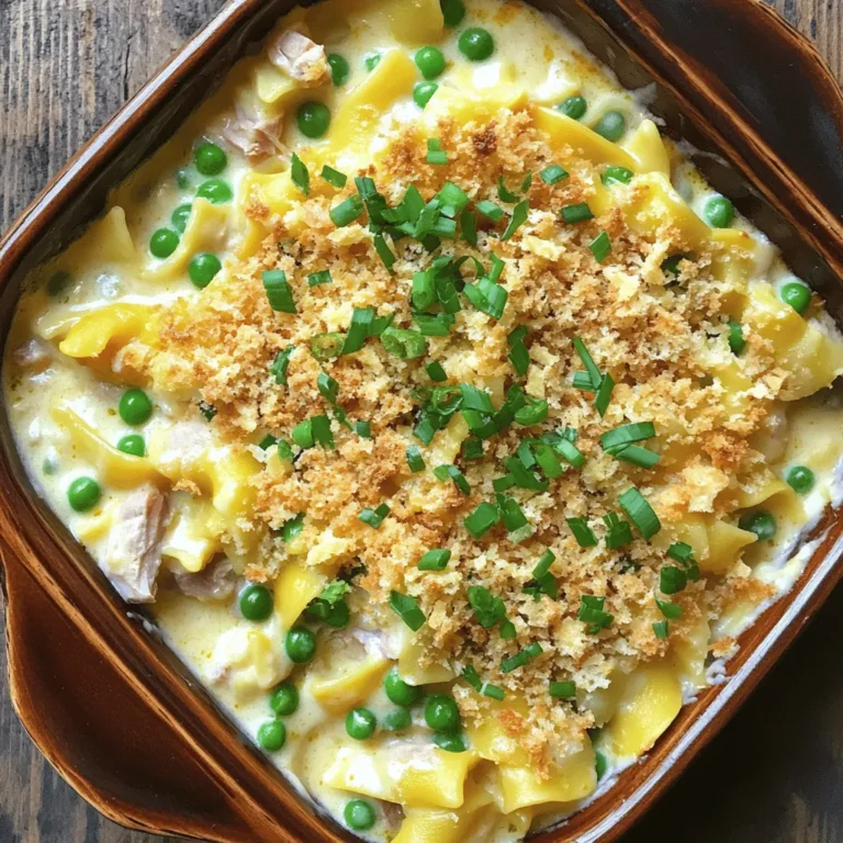 - 12 oz egg noodles - 2 cans (5 oz each) tuna in water, drained - 1 can (10.5 oz) cream of mushroom soup - 1 cup frozen peas - 1/2 cup mayonnaise - 1 cup shredded sharp cheddar cheese - 1/4 cup grated Parmesan cheese - 1/2 cup milk - 1/4 cup chopped green onions - 1 tsp garlic powder - Salt and pepper to taste - 1 cup breadcrumbs - 2 tbsp olive oil When I make a classic tuna noodle casserole, I rely on simple yet tasty ingredients. Each one adds a unique flavor and texture that makes this dish special. The egg noodles provide a soft base, while the tuna gives a nice protein boost. Cream of mushroom soup adds creaminess, and frozen peas add color and some sweetness. Mayonnaise is key for richness. The sharp cheddar cheese brings a robust flavor, and Parmesan gives a nice salty touch. The milk helps to bind everything together, while green onions add a fresh crunch. Garlic powder adds depth, and salt and pepper enhance all the flavors. The breadcrumbs create a golden, crunchy topping that contrasts nicely with the creamy filling. You can even mix it up with different cheeses or fresh herbs. This flexibility lets you create your own version of this comforting dish. Check out the Full Recipe for more details on how to put it all together! - Preheat the oven to 350°F (175°C). - Cook the egg noodles according to package directions. This usually takes about 7-10 minutes. Drain them after cooking. - In a large mixing bowl, combine all main ingredients. - Add the drained tuna, cream of mushroom soup, frozen peas, mayonnaise, cheese, milk, green onions, garlic powder, salt, and pepper. - Mix until well blended. Make sure everything is combined evenly. - Gently fold in the cooked noodles. - Transfer this mixture to a greased casserole dish. Spread it out evenly. - For the topping, mix breadcrumbs with olive oil in a small bowl. - Sprinkle this topping over the casserole. - Bake for 25-30 minutes. The top should turn golden brown and look crisp. - Let it cool for about 5 minutes before serving. For the full recipe, check the details above. To get the best texture, bake your tuna noodle casserole for 25 to 30 minutes. This time allows the flavors to meld and the top to become golden. I recommend checking for doneness by inserting a knife into the center. If it comes out hot, your dish is ready. You can make this dish dairy-free by using almond milk and a dairy-free cream soup. For those who prefer a different protein, canned chicken works well in place of tuna. This swap still gives you that hearty feel while adding a new flavor twist. Pair your cozy casserole with a fresh side salad. A simple green salad with a light vinaigrette complements the rich flavors. Other great sides include steamed broccoli or a light coleslaw. These add crunch and balance to your meal. Explore the [Full Recipe] for more details on how to prepare this classic dish! {{image_2}} You can make this dish lighter. One way is to use whole wheat noodles. They add fiber and nutrients. Whole wheat noodles also have a nice texture. Another great swap is yogurt instead of mayonnaise. Greek yogurt adds creaminess without the extra fat. Plus, it brings a bit of tang to the dish. These small changes help you enjoy comfort food while keeping it healthy. To boost the taste, you can add spices. Paprika brings a smoky flavor. Cayenne adds a little heat. Just a pinch can transform your casserole into a flavor-packed meal. You can also mix in vegetables. Bell peppers add crunch and sweetness. Mushrooms give a rich, earthy taste. Adding veggies not only enhances flavor but also packs in more nutrients. You can even use leftover veggies you have at home. This makes the dish even more versatile and fun. For the full recipe, check out the details above! To keep your tuna noodle casserole fresh, follow these tips: - Refrigeration: Place leftovers in an airtight container. Store in the fridge for up to 3 days. Make sure to cool it down before sealing. - Freezing: For longer storage, you can freeze the casserole. Use a freezer-safe container. It will keep well for about 3 months. Label the container with the date to help you remember. When it's time to enjoy your casserole again, proper reheating is key: - Oven Method: Preheat your oven to 350°F (175°C). Place the casserole in a baking dish. Cover it with foil to retain moisture. Heat for about 20-25 minutes. - Microwave Method: If you're short on time, use the microwave. Place a serving on a microwave-safe plate. Heat for 1-2 minutes, checking every 30 seconds to avoid drying it out. These methods help keep your casserole creamy and tasty, just like when it was first made. For the complete recipe, check out the Full Recipe section above. Yes, you can prepare this dish ahead of time. Cook the noodles and make the filling as usual. Combine them and place everything in the casserole dish. Cover it tightly and store it in the fridge. You can do this up to 24 hours before baking. When ready to eat, simply bake it straight from the fridge. Just add about 10 extra minutes to the baking time to ensure it's heated through. Absolutely! You can use canned chicken or salmon instead of tuna. These proteins will work well with the same filling. If you prefer a plant-based option, try chickpeas or a mix of vegetables. Just be sure to keep the overall flavor balanced. This way, you can still enjoy that creamy texture and comforting taste. Tuna noodle casserole pairs nicely with a fresh side salad. A light green salad with vinaigrette adds a nice crunch. You can also serve it with garlic bread or steamed vegetables. If you want a drink, a crisp white wine or lemonade goes well. These options help cut through the richness of the casserole. Yes, this casserole freezes well! To freeze it, let it cool completely after baking. Cover it tightly with plastic wrap and then with foil. It can stay in the freezer for about 2-3 months. To reheat, thaw it overnight in the fridge. Then, bake it in the oven at 350°F until hot. This way, you can enjoy a comforting meal anytime! For the full recipe, check out the ingredients and steps above. This blog post covered how to make a tasty tuna noodle casserole. You learned the key ingredients, simple steps, and tips for a great bake. I shared variations to suit your tastes and storage advice for leftovers. Tuna noodle casserole gives you a warm, comforting meal that’s easy to make and share. Remember, you can tweak it to fit your diet or preferences. Try it out and enjoy a delicious dish!
