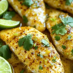 For this Chili Lime Baked Tilapia, you need: - 4 tilapia fillets - 2 tablespoons olive oil - 2 limes (juiced and zested) - 1 tablespoon chili powder - 1 teaspoon smoked paprika - 1 teaspoon garlic powder - 1 teaspoon cumin - Salt and pepper to taste These ingredients create a bright and zesty flavor. The tilapia fillets soak up the tangy lime and spicy chili. Each bite bursts with freshness. To elevate your dish, consider these garnishes: - Fresh cilantro - Lime wedges Cilantro adds a nice herbal touch. Lime wedges give you a zesty kick when you squeeze them on top. These garnishes make your dish look beautiful and taste even better. Each serving of this baked tilapia offers great nutrition. Here’s what you get: - Calories: 220 - Protein: 30g - Fat: 10g - Carbohydrates: 2g This dish is low in carbs and high in protein. It fits well into many diets. Enjoy a healthy meal without sacrificing flavor. For the complete cooking steps, check out the Full Recipe. To start, gather your ingredients. You need olive oil, lime juice, lime zest, chili powder, smoked paprika, garlic powder, cumin, salt, and pepper. In a small bowl, combine these ingredients. Stir them well until they mix into a smooth marinade. This blend packs a punch of flavor. The lime juice gives it a zesty kick, while the chili powder adds heat. Next, take your tilapia fillets and place them in a baking dish. Pour the marinade over the fish. Make sure each piece is well coated. This step is key for flavor. Let the tilapia marinate for at least 15 to 20 minutes. You can leave it at room temperature. The longer it sits, the more the flavors soak in. Now, it's time to bake. Preheat your oven to 400°F (200°C). Once it reaches this temperature, place the baking dish in the oven. Bake the tilapia for 12 to 15 minutes. You will know it’s ready when it flakes easily with a fork. After baking, let it rest for a couple of minutes. Garnish with fresh cilantro and serve with lime wedges. Enjoy this tasty dish! For the detailed cooking instructions, check the Full Recipe. I love baking tilapia for this recipe. Baking keeps the fish moist and tender. You can also grill it for a smoky flavor. If you prefer frying, use a light coating of flour. Frying gives a crispy texture. To get that perfect flaky texture, make sure to not overcook the fish. Bake it just until it flakes easily with a fork. The ideal cooking time for tilapia is around 12-15 minutes at 400°F. If you see the fish turn opaque, it’s ready. Want more heat? Add extra chili powder to the marinade. For a milder taste, cut back on the spice. You can also add fresh herbs like cilantro for a burst of flavor without the heat. Experiment to find your ideal balance! For the full recipe, check out the detailed steps above. {{image_2}} You can make this dish even better by adding vegetables. Try bell peppers, zucchini, or corn. Cut the veggies into small pieces. Toss them in the marinade. Place them around the tilapia in the baking dish. The veggies will soak up the flavor and add color. They also give you extra nutrients. If you want a change, use other fish. Cod, snapper, or salmon work well. They each have unique flavors. Cod is mild and flaky. Snapper has a slightly sweet taste. Salmon offers a rich, buttery flavor. Simply adjust cooking time based on the thickness of the fillets. You can switch up the marinade for new tastes. Try adding honey for sweetness. A dash of soy sauce gives a savory kick. You can also use fresh herbs like parsley or dill. If you want more heat, add more chili powder or even some cayenne. These small changes can create a whole new dish. For the full recipe, check out the detailed steps above. You can store any leftover Chili Lime Baked Tilapia in an airtight container. Make sure to cool it first. Keep it in the fridge for up to three days. The fish will stay fresh and tasty when stored this way. To reheat your tilapia, use the oven for the best results. Preheat your oven to 350°F (175°C). Place the fish on a baking sheet and cover it with foil. Heat for about 10 minutes or until warm. This method keeps the fish moist and prevents it from drying out. If you want to freeze your baked tilapia, wrap each piece tightly in plastic wrap. Then, put them in a freezer bag. Make sure to remove all the air. You can freeze it for up to two months. When you're ready to eat, thaw it in the fridge overnight before reheating. For more details, check the Full Recipe. Yes, you can use frozen tilapia fillets. Just thaw them first. Place the fillets in the fridge overnight or run them under cool water. Once thawed, pat them dry with paper towels. This step helps the marinade stick better. You can tell tilapia is cooked when it flakes easily with a fork. The fish should look opaque and firm. You can also use a food thermometer. The internal temperature should reach 145°F (63°C). Chili lime baked tilapia goes great with many sides. Here are some ideas: - Rice: White or brown rice soaks up the flavors well. - Quinoa: This adds a nice texture and is healthy. - Roasted Vegetables: Zucchini, bell peppers, or asparagus enhance the meal. - Salad: A fresh salad with citrus dressing can be refreshing. These sides balance the dish and add more color to your plate. For more details, check out the Full Recipe. You learned about the key ingredients and steps for making Chili Lime Baked Tilapia. I shared tips on cooking methods and ways to achieve flaky fish. You saw variations to make the dish more exciting. I also covered important storage tips and answered common questions. Use this guide to make a tasty meal. Enjoy experimenting with flavors and ingredients. Your kitchen adventures await—happy cooking!