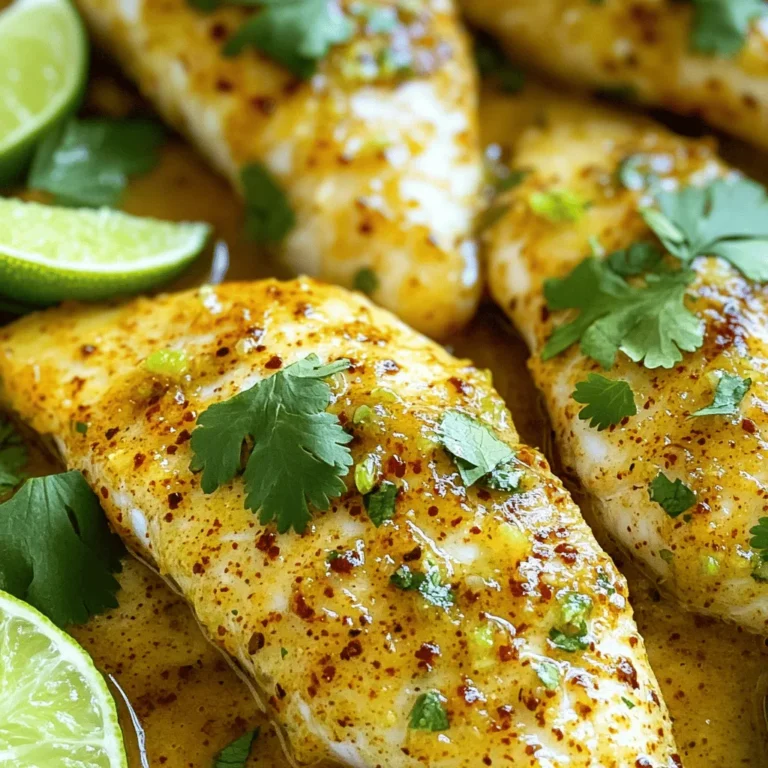 For this Chili Lime Baked Tilapia, you need: - 4 tilapia fillets - 2 tablespoons olive oil - 2 limes (juiced and zested) - 1 tablespoon chili powder - 1 teaspoon smoked paprika - 1 teaspoon garlic powder - 1 teaspoon cumin - Salt and pepper to taste These ingredients create a bright and zesty flavor. The tilapia fillets soak up the tangy lime and spicy chili. Each bite bursts with freshness. To elevate your dish, consider these garnishes: - Fresh cilantro - Lime wedges Cilantro adds a nice herbal touch. Lime wedges give you a zesty kick when you squeeze them on top. These garnishes make your dish look beautiful and taste even better. Each serving of this baked tilapia offers great nutrition. Here’s what you get: - Calories: 220 - Protein: 30g - Fat: 10g - Carbohydrates: 2g This dish is low in carbs and high in protein. It fits well into many diets. Enjoy a healthy meal without sacrificing flavor. For the complete cooking steps, check out the Full Recipe. To start, gather your ingredients. You need olive oil, lime juice, lime zest, chili powder, smoked paprika, garlic powder, cumin, salt, and pepper. In a small bowl, combine these ingredients. Stir them well until they mix into a smooth marinade. This blend packs a punch of flavor. The lime juice gives it a zesty kick, while the chili powder adds heat. Next, take your tilapia fillets and place them in a baking dish. Pour the marinade over the fish. Make sure each piece is well coated. This step is key for flavor. Let the tilapia marinate for at least 15 to 20 minutes. You can leave it at room temperature. The longer it sits, the more the flavors soak in. Now, it's time to bake. Preheat your oven to 400°F (200°C). Once it reaches this temperature, place the baking dish in the oven. Bake the tilapia for 12 to 15 minutes. You will know it’s ready when it flakes easily with a fork. After baking, let it rest for a couple of minutes. Garnish with fresh cilantro and serve with lime wedges. Enjoy this tasty dish! For the detailed cooking instructions, check the Full Recipe. I love baking tilapia for this recipe. Baking keeps the fish moist and tender. You can also grill it for a smoky flavor. If you prefer frying, use a light coating of flour. Frying gives a crispy texture. To get that perfect flaky texture, make sure to not overcook the fish. Bake it just until it flakes easily with a fork. The ideal cooking time for tilapia is around 12-15 minutes at 400°F. If you see the fish turn opaque, it’s ready. Want more heat? Add extra chili powder to the marinade. For a milder taste, cut back on the spice. You can also add fresh herbs like cilantro for a burst of flavor without the heat. Experiment to find your ideal balance! For the full recipe, check out the detailed steps above. {{image_2}} You can make this dish even better by adding vegetables. Try bell peppers, zucchini, or corn. Cut the veggies into small pieces. Toss them in the marinade. Place them around the tilapia in the baking dish. The veggies will soak up the flavor and add color. They also give you extra nutrients. If you want a change, use other fish. Cod, snapper, or salmon work well. They each have unique flavors. Cod is mild and flaky. Snapper has a slightly sweet taste. Salmon offers a rich, buttery flavor. Simply adjust cooking time based on the thickness of the fillets. You can switch up the marinade for new tastes. Try adding honey for sweetness. A dash of soy sauce gives a savory kick. You can also use fresh herbs like parsley or dill. If you want more heat, add more chili powder or even some cayenne. These small changes can create a whole new dish. For the full recipe, check out the detailed steps above. You can store any leftover Chili Lime Baked Tilapia in an airtight container. Make sure to cool it first. Keep it in the fridge for up to three days. The fish will stay fresh and tasty when stored this way. To reheat your tilapia, use the oven for the best results. Preheat your oven to 350°F (175°C). Place the fish on a baking sheet and cover it with foil. Heat for about 10 minutes or until warm. This method keeps the fish moist and prevents it from drying out. If you want to freeze your baked tilapia, wrap each piece tightly in plastic wrap. Then, put them in a freezer bag. Make sure to remove all the air. You can freeze it for up to two months. When you're ready to eat, thaw it in the fridge overnight before reheating. For more details, check the Full Recipe. Yes, you can use frozen tilapia fillets. Just thaw them first. Place the fillets in the fridge overnight or run them under cool water. Once thawed, pat them dry with paper towels. This step helps the marinade stick better. You can tell tilapia is cooked when it flakes easily with a fork. The fish should look opaque and firm. You can also use a food thermometer. The internal temperature should reach 145°F (63°C). Chili lime baked tilapia goes great with many sides. Here are some ideas: - Rice: White or brown rice soaks up the flavors well. - Quinoa: This adds a nice texture and is healthy. - Roasted Vegetables: Zucchini, bell peppers, or asparagus enhance the meal. - Salad: A fresh salad with citrus dressing can be refreshing. These sides balance the dish and add more color to your plate. For more details, check out the Full Recipe. You learned about the key ingredients and steps for making Chili Lime Baked Tilapia. I shared tips on cooking methods and ways to achieve flaky fish. You saw variations to make the dish more exciting. I also covered important storage tips and answered common questions. Use this guide to make a tasty meal. Enjoy experimenting with flavors and ingredients. Your kitchen adventures await—happy cooking!