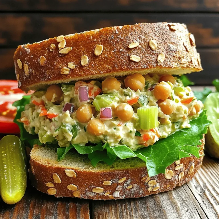 Making a vegan chickpea salad sandwich is simple and fun. You only need a few key ingredients to create a tasty meal. Here’s what you will need: - 1 can (15 oz) chickpeas, drained and rinsed - 3 tablespoons vegan mayonnaise - 1 tablespoon Dijon mustard - 1 tablespoon lemon juice - 1 celery stalk, finely chopped - 1 small red onion, finely chopped - 1 carrot, grated - 1 tablespoon fresh dill (or 1 teaspoon dried dill) - Salt and pepper to taste - Whole grain or gluten-free bread - Lettuce leaves - Tomato slices (optional) These ingredients blend together to create a creamy, flavorful filling. The chickpeas provide protein and fiber, making this sandwich both healthy and satisfying. The vegan mayonnaise and Dijon mustard add a nice tang, while the lemon juice brightens the flavors. Fresh veggies like celery, onion, and carrot offer crunch and texture. You can also play around with the seasonings. For the bread, whole grain or gluten-free works well. It gives the sandwich a great base. If you want to make it even more exciting, you can add some fresh herbs or spices. If you're interested in the full recipe, check out the Chickpea Delight Sandwich 🥙 for detailed steps. To start, you need to mash the chickpeas. Open a can of chickpeas, drain, and rinse them. Place them in a bowl. Use a fork or a potato masher. Mash them lightly, leaving some whole. This gives your salad some good texture. Next, mix in the condiments. Add three tablespoons of vegan mayonnaise, one tablespoon of Dijon mustard, and one tablespoon of lemon juice. Stir well until everything is blended together. The mixture should be creamy and flavorful. Now, it’s time to add fresh veggies. Chop one celery stalk, and finely chop one small red onion. Grate one carrot. Toss these into your chickpea mix. Stir until all the veggies are evenly mixed in. Then, you’ll adjust the seasoning. Add salt and pepper to taste. This is where you can make the dish your own. Taste it and see if you want more salt or pepper. Now let’s assemble the sandwich. Take a slice of whole grain or gluten-free bread. Scoop a generous amount of the chickpea salad and spread it on the bread. Next, add some lettuce leaves. You can also include tomato slices if you like. Place another slice of bread on top to finish your sandwich. Finally, cut the sandwich in half and serve it right away. Enjoy every bite of this tasty vegan chickpea salad sandwich! For the full recipe, check out the details above. To make your Vegan Chickpea Salad Sandwich burst with flavor, consider adding spices and herbs. Here are some great options: - Garlic powder: It adds a nice kick. - Cumin: This gives a warm, earthy taste. - Paprika: A dash will add a sweet smokiness. Using fresh ingredients makes a big difference. Fresh dill or parsley brightens the dish. Always choose crisp veggies like lettuce and tomatoes for crunch. Choosing the right bread is key. Whole grain bread is hearty and adds fiber. If you prefer gluten-free, look for options that are soft and tasty. Toasting or grilling your bread enhances its flavor. A little crunch adds texture to your sandwich. Just toast until golden brown for the best result. When serving, presentation matters! Cut your sandwich in half and arrange it neatly on a plate. Pair your sandwich with sides like: - Crispy chips: They add crunch. - Simple green salad: It complements the flavors nicely. You can also wrap your sandwich in parchment paper for a rustic touch. This makes it easy to grab and go while looking great! {{image_2}} You can switch out chickpeas for other legumes. Try black beans or white beans for a new taste. You can also use lentils. They add a nice texture and flavor. For dressings, vegan mayonnaise is great, but you can try tahini too. It adds a creamy, nutty flavor. You could also use hummus as a spread. It gives a rich taste with less fuss. Feel free to add more veggies to your salad. Diced bell peppers add crunch and color. You can also mix in chopped cucumbers for a refreshing bite. If you want a sweeter taste, add diced apples or raisins. For toppings, consider avocado slices for creaminess. Microgreens can add a nice pop of flavor. You could also sprinkle some sunflower seeds on top for a nutty touch. Want to change up the flavor? Try adding curry powder for a spicy twist. This makes your sandwich warm and fragrant. If you like Mediterranean flavors, mix in olives and artichokes. You can customize your sandwich with spices too. A dash of smoked paprika gives a nice depth. Using flavored oils, like garlic oil, can enhance the taste further. For the full recipe, check out the Chickpea Delight Sandwich 🥙. To keep your chickpea salad fresh, store it in an airtight container. Make sure the lid is tight. This keeps air out and helps the salad stay tasty. If you want to freeze the chickpea salad, use a freezer bag. Press out as much air as you can. This helps prevent freezer burn. When you want to eat it, thaw it in the fridge overnight. Your chickpea salad can last up to three days in the fridge. After that, it may start to lose its flavor and crunch. Watch out for signs of spoilage. If your salad smells sour or has a strange color, it’s time to throw it away. Freshness is key for great taste! You can eat this sandwich cold, which is great for a quick meal. If you prefer it warm, heat it gently in a pan. Use low heat to avoid burning the bread. If you want a crispy texture, try toasting the sandwich in a skillet. This adds a nice crunch. Pair it with a side salad or pickles for a delightful meal. For the full recipe, check out the Chickpea Delight Sandwich. A Vegan Chickpea Salad Sandwich is a tasty, plant-based meal. It features mashed chickpeas mixed with vegan mayo, mustard, and fresh veggies. This sandwich is packed with protein and fiber, making it filling and healthy. It’s a great choice for lunch or a snack. You can enjoy it cold, which makes it perfect for warm days. Yes, you can make this sandwich gluten-free! Choose gluten-free bread for your sandwich. Always check labels to ensure the bread is safe. You can also use lettuce wraps instead of bread for a low-carb option. This keeps the flavors while making it gluten-free. To add heat, try mixing in some cayenne pepper or red pepper flakes. You can also use spicy mustard instead of Dijon. Hot sauce is another great option. Start with a small amount and adjust to your taste. This way, you can control the spice level. You can customize your sandwich with various ingredients. Try adding chopped bell peppers or cucumbers for crunch. Avocado adds creaminess and healthy fats. You can also swap chickpeas for other beans like black beans or white beans. Get creative with your mix! Absolutely! This recipe is perfect for meal prep. You can make the chickpea salad ahead of time and store it in the fridge for up to three days. Just assemble the sandwich when you are ready to eat. This saves time and makes lunch easy. For the full recipe, check out the Chickpea Delight Sandwich. This blog post shared an easy chickpea salad sandwich recipe. We covered ingredients, step-by-step instructions, and helpful tips. You learned about variations and how to store leftovers. In closing, this sandwich offers a tasty, healthy option for lunch. Feel free to experiment with flavors and enjoy the process. Simple is best, and you'll impress your friends with this quick meal. Try it, and you'll see how fun cooking can be!
