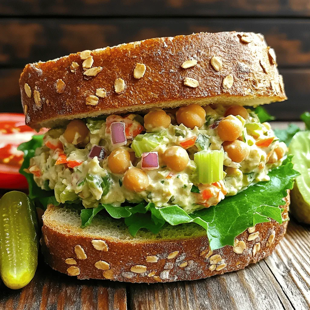 Making a vegan chickpea salad sandwich is simple and fun. You only need a few key ingredients to create a tasty meal. Here’s what you will need: - 1 can (15 oz) chickpeas, drained and rinsed - 3 tablespoons vegan mayonnaise - 1 tablespoon Dijon mustard - 1 tablespoon lemon juice - 1 celery stalk, finely chopped - 1 small red onion, finely chopped - 1 carrot, grated - 1 tablespoon fresh dill (or 1 teaspoon dried dill) - Salt and pepper to taste - Whole grain or gluten-free bread - Lettuce leaves - Tomato slices (optional) These ingredients blend together to create a creamy, flavorful filling. The chickpeas provide protein and fiber, making this sandwich both healthy and satisfying. The vegan mayonnaise and Dijon mustard add a nice tang, while the lemon juice brightens the flavors. Fresh veggies like celery, onion, and carrot offer crunch and texture. You can also play around with the seasonings. For the bread, whole grain or gluten-free works well. It gives the sandwich a great base. If you want to make it even more exciting, you can add some fresh herbs or spices. If you're interested in the full recipe, check out the Chickpea Delight Sandwich 🥙 for detailed steps. To start, you need to mash the chickpeas. Open a can of chickpeas, drain, and rinse them. Place them in a bowl. Use a fork or a potato masher. Mash them lightly, leaving some whole. This gives your salad some good texture. Next, mix in the condiments. Add three tablespoons of vegan mayonnaise, one tablespoon of Dijon mustard, and one tablespoon of lemon juice. Stir well until everything is blended together. The mixture should be creamy and flavorful. Now, it’s time to add fresh veggies. Chop one celery stalk, and finely chop one small red onion. Grate one carrot. Toss these into your chickpea mix. Stir until all the veggies are evenly mixed in. Then, you’ll adjust the seasoning. Add salt and pepper to taste. This is where you can make the dish your own. Taste it and see if you want more salt or pepper. Now let’s assemble the sandwich. Take a slice of whole grain or gluten-free bread. Scoop a generous amount of the chickpea salad and spread it on the bread. Next, add some lettuce leaves. You can also include tomato slices if you like. Place another slice of bread on top to finish your sandwich. Finally, cut the sandwich in half and serve it right away. Enjoy every bite of this tasty vegan chickpea salad sandwich! For the full recipe, check out the details above. To make your Vegan Chickpea Salad Sandwich burst with flavor, consider adding spices and herbs. Here are some great options: - Garlic powder: It adds a nice kick. - Cumin: This gives a warm, earthy taste. - Paprika: A dash will add a sweet smokiness. Using fresh ingredients makes a big difference. Fresh dill or parsley brightens the dish. Always choose crisp veggies like lettuce and tomatoes for crunch. Choosing the right bread is key. Whole grain bread is hearty and adds fiber. If you prefer gluten-free, look for options that are soft and tasty. Toasting or grilling your bread enhances its flavor. A little crunch adds texture to your sandwich. Just toast until golden brown for the best result. When serving, presentation matters! Cut your sandwich in half and arrange it neatly on a plate. Pair your sandwich with sides like: - Crispy chips: They add crunch. - Simple green salad: It complements the flavors nicely. You can also wrap your sandwich in parchment paper for a rustic touch. This makes it easy to grab and go while looking great! {{image_2}} You can switch out chickpeas for other legumes. Try black beans or white beans for a new taste. You can also use lentils. They add a nice texture and flavor. For dressings, vegan mayonnaise is great, but you can try tahini too. It adds a creamy, nutty flavor. You could also use hummus as a spread. It gives a rich taste with less fuss. Feel free to add more veggies to your salad. Diced bell peppers add crunch and color. You can also mix in chopped cucumbers for a refreshing bite. If you want a sweeter taste, add diced apples or raisins. For toppings, consider avocado slices for creaminess. Microgreens can add a nice pop of flavor. You could also sprinkle some sunflower seeds on top for a nutty touch. Want to change up the flavor? Try adding curry powder for a spicy twist. This makes your sandwich warm and fragrant. If you like Mediterranean flavors, mix in olives and artichokes. You can customize your sandwich with spices too. A dash of smoked paprika gives a nice depth. Using flavored oils, like garlic oil, can enhance the taste further. For the full recipe, check out the Chickpea Delight Sandwich 🥙. To keep your chickpea salad fresh, store it in an airtight container. Make sure the lid is tight. This keeps air out and helps the salad stay tasty. If you want to freeze the chickpea salad, use a freezer bag. Press out as much air as you can. This helps prevent freezer burn. When you want to eat it, thaw it in the fridge overnight. Your chickpea salad can last up to three days in the fridge. After that, it may start to lose its flavor and crunch. Watch out for signs of spoilage. If your salad smells sour or has a strange color, it’s time to throw it away. Freshness is key for great taste! You can eat this sandwich cold, which is great for a quick meal. If you prefer it warm, heat it gently in a pan. Use low heat to avoid burning the bread. If you want a crispy texture, try toasting the sandwich in a skillet. This adds a nice crunch. Pair it with a side salad or pickles for a delightful meal. For the full recipe, check out the Chickpea Delight Sandwich. A Vegan Chickpea Salad Sandwich is a tasty, plant-based meal. It features mashed chickpeas mixed with vegan mayo, mustard, and fresh veggies. This sandwich is packed with protein and fiber, making it filling and healthy. It’s a great choice for lunch or a snack. You can enjoy it cold, which makes it perfect for warm days. Yes, you can make this sandwich gluten-free! Choose gluten-free bread for your sandwich. Always check labels to ensure the bread is safe. You can also use lettuce wraps instead of bread for a low-carb option. This keeps the flavors while making it gluten-free. To add heat, try mixing in some cayenne pepper or red pepper flakes. You can also use spicy mustard instead of Dijon. Hot sauce is another great option. Start with a small amount and adjust to your taste. This way, you can control the spice level. You can customize your sandwich with various ingredients. Try adding chopped bell peppers or cucumbers for crunch. Avocado adds creaminess and healthy fats. You can also swap chickpeas for other beans like black beans or white beans. Get creative with your mix! Absolutely! This recipe is perfect for meal prep. You can make the chickpea salad ahead of time and store it in the fridge for up to three days. Just assemble the sandwich when you are ready to eat. This saves time and makes lunch easy. For the full recipe, check out the Chickpea Delight Sandwich. This blog post shared an easy chickpea salad sandwich recipe. We covered ingredients, step-by-step instructions, and helpful tips. You learned about variations and how to store leftovers. In closing, this sandwich offers a tasty, healthy option for lunch. Feel free to experiment with flavors and enjoy the process. Simple is best, and you'll impress your friends with this quick meal. Try it, and you'll see how fun cooking can be!