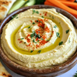 - 1 can (15 oz) chickpeas, drained and rinsed - 1/4 cup tahini - 2 tablespoons olive oil - 2 tablespoons lemon juice - 1 garlic clove, minced Classic hummus starts with simple ingredients. Chickpeas are the base. They give hummus its creamy texture and nutty flavor. Tahini, made from ground sesame seeds, adds richness. Olive oil enhances the taste and gives a smooth finish. Fresh lemon juice brightens the flavor, while garlic adds a nice kick. - 1/2 teaspoon ground cumin - Salt to taste - Water (as needed for desired consistency) - Paprika for garnish - Fresh parsley for garnish Cumin adds warmth and depth to the hummus. Adjust the salt to your liking. Water helps achieve the right texture. Paprika and fresh parsley are great for garnishing. They make the dish look pretty and add extra flavor. - Warm pita bread - Fresh vegetable sticks - Crispy pita chips Classic hummus pairs well with many foods. Warm pita bread is soft and perfect for dipping. Fresh vegetable sticks like carrots and cucumbers add crunch and freshness. Crispy pita chips add a nice texture. Enjoy these with your creamy dream hummus! For the full recipe, check out the section above. First, drain and rinse the chickpeas. This helps remove any extra salt and makes the hummus taste fresh. Use a colander to drain them well. Next, measure out the tahini. You need a quarter cup. Gather the olive oil, lemon juice, garlic, and cumin. Make sure everything is ready to go. Now, it’s time to blend! In a food processor, combine the chickpeas, tahini, olive oil, lemon juice, minced garlic, cumin, and a pinch of salt. It’s important to blend until smooth. Stop to scrape down the sides of the bowl if needed. This ensures every bit mixes well. If your hummus is too thick, add water. Start with one tablespoon at a time. Blend again after each addition. Keep going until you reach your desired creaminess. After that, taste your hummus. Adjust the seasoning if you want more salt or lemon juice. Make it perfect for you! For the full recipe, check out the details provided earlier. Enjoy your cooking! To make creamy hummus, you need to blend well. Start with a good food processor. Add all your ingredients in one go. Blend until smooth. Scrape down the sides to mix evenly. If it feels thick, add water slowly. This helps get the right texture. Temperature matters. Use room temperature ingredients. Cold tahini or chickpeas can make blending hard. Let them sit out for a bit. This small step helps you achieve that smooth, creamy finish. Garlic and lemon bring life to hummus. Taste as you blend. If you want more punch, add more garlic. Start with a small amount, then build up. The same goes for lemon juice. A little can go a long way. Olive oil quality matters too. Use extra virgin for the best flavor. It adds richness and depth. A good olive oil can change your hummus from good to great. Garnishing makes your hummus look special. After you blend, smooth the top with a spoon. Drizzle olive oil in the center. Sprinkle paprika for color. Add fresh parsley for a pop of green. When serving, use warm pita bread or fresh veggies. Arrange them around the bowl. This makes your dish inviting. It’s perfect for sharing at parties or family meals. For the full recipe, check out the instructions earlier. {{image_2}} To make roasted red pepper hummus, add roasted red peppers to your classic mix. You can use jarred peppers or roast fresh ones at home. Just blend one or two peppers with the other ingredients. This gives your hummus a sweet and smoky flavor. You can adjust the amount based on how bold you want the taste. For garlic lovers, adding more garlic can enhance the flavor. You can use two or three cloves instead of one. Roasting the garlic first can make it milder and sweeter. Blend your garlic of choice with the other ingredients for a rich and deep flavor. The more garlic, the stronger the taste! If you like heat, try adding chili powder or sriracha. Start with a small amount, then taste. You can add more if you want it spicier. This variation adds a nice kick to your hummus. It pairs well with cool veggies or creamy dips. To keep your hummus fresh, store it in the fridge. Use an airtight container. This helps seal in moisture and flavor. Make sure to cover the surface with a thin layer of olive oil. This extra layer keeps it from drying out. You can enjoy homemade hummus for about a week in the fridge. If you want to save hummus for later, freezing is a great option. First, place the hummus in a freezer-safe container. Leave some space at the top. Hummus can expand when frozen. Seal tightly to prevent freezer burn. When you’re ready to enjoy it, move the container to the fridge to thaw overnight. For best results, stir the hummus after thawing to restore its creamy texture. Hummus stays fresh in the fridge for about a week. Look for signs of spoilage. If it smells off or shows mold, it’s time to toss it. Hummus can also separate as it sits. Just give it a good stir before serving again. Enjoy your Classic Hummus Delightful and Simple Recipe knowing how to store it right! Classic hummus pairs well with many tasty items. Here are some popular choices: - Warm pita bread - Fresh vegetable sticks (like carrots, cucumbers, and bell peppers) - Crispy pita chips - Toasted bread - Crackers These options add crunch and freshness. They also make for great snacks or appetizers. Yes, you can prepare hummus in advance. Here are some tips: - Make the hummus a day ahead for best flavor. - Store it in an airtight container in the fridge. - Add a drizzle of olive oil on top to keep it fresh. - Stir it well before serving to get a smooth texture. This way, you save time and enjoy a quick, tasty dip later. Classic hummus is a healthy choice. It offers many benefits: - Chickpeas are high in protein and fiber. - Tahini provides healthy fats. - Olive oil adds heart-healthy monounsaturated fats. - Low in calories, making it a great snack option. One serving has about 100 calories. It's a perfect dip that satisfies your cravings without guilt. Classic hummus is simple and fun to make. We explored its main ingredients, like chickpeas and tahini, that create this tasty dip. I shared step-by-step instructions to blend it perfectly. You learned tips for a creamy texture and creative flavor ideas, from roasted red pepper to spicy versions. Store your hummus well, either in the fridge or freezer. Remember, it’s great for snacks or meals. Enjoy making and sharing this healthy dish. You know now how easy classic hummus can fit into your meals.
