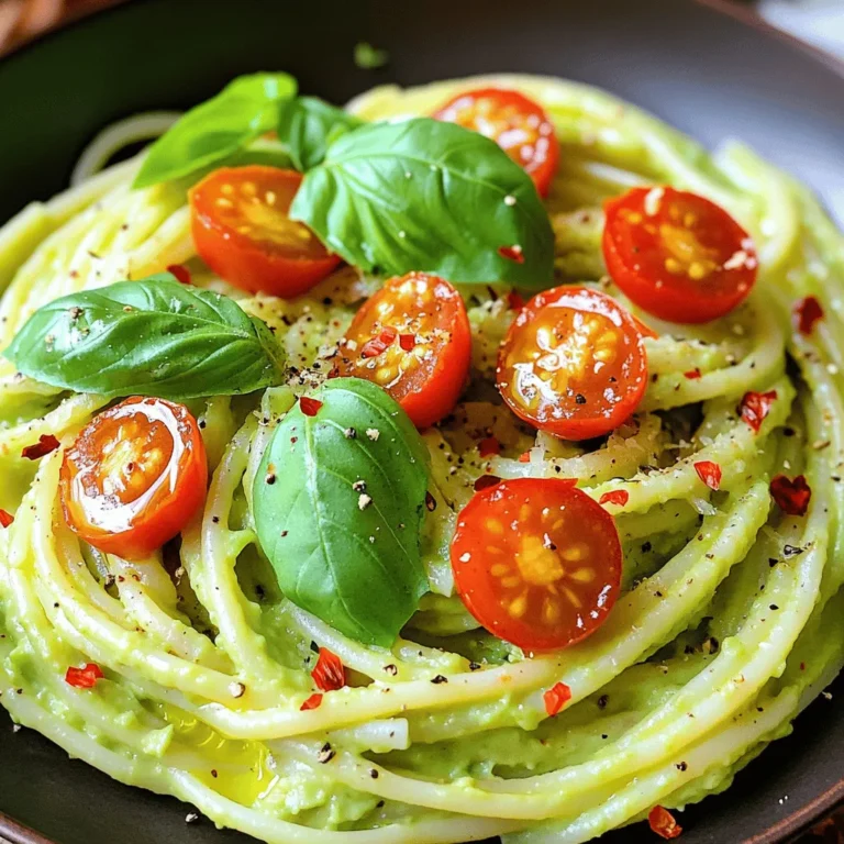 To make creamy avocado pasta, gather these simple ingredients: - Spaghetti or linguine - Ripe avocados - Garlic - Lemon juice - Fresh basil leaves - Grated Parmesan cheese or nutritional yeast - Olive oil - Cherry tomatoes - Salt and pepper - Red pepper flakes (optional) These ingredients come together to create a rich, flavorful sauce that coats your pasta perfectly. The avocados provide creaminess, while the garlic and lemon juice add a nice zing. Fresh basil gives a lovely herbal note, and the cheese or nutritional yeast adds depth. To make your dish even more special, consider these optional garnishes: - Extra basil leaves - Lime wedges - Additional olive oil These garnishes not only enhance the look of your dish but also add layers of flavor. A sprinkle of extra basil or a squeeze of lime can really elevate your creamy avocado pasta. You can find the full recipe with detailed instructions to guide you in this delicious cooking adventure! To start, fill a large pot with water. Add a pinch of salt to the water. Bring it to a boil over high heat. Once boiling, add 12 ounces of spaghetti or linguine. Cook the pasta according to the package instructions until it is al dente. This usually takes about 8 to 10 minutes. After cooking, drain the pasta. Make sure to save a bit of the pasta water for later. Next, let's make the creamy avocado sauce. In a blender or food processor, add the following ingredients: - 2 ripe avocados, pitted and peeled - 1 garlic clove, minced - 1 tablespoon lemon juice - 1/4 cup fresh basil leaves - 1/4 cup grated Parmesan cheese (or nutritional yeast) - 2 tablespoons olive oil - Salt and pepper to taste Blend these ingredients until smooth and creamy. If the sauce seems too thick, add a splash of the reserved pasta water. This helps achieve the perfect consistency. Blend again until it is nice and creamy. Now, it's time to mix the pasta and sauce. In a large mixing bowl, combine the cooked pasta and the creamy avocado sauce. Toss gently until the pasta is evenly coated. If you find the sauce is not sticking well, add more reserved pasta water. Serve the pasta right away. For a beautiful presentation, garnish with halved cherry tomatoes and, if you like, a sprinkle of red pepper flakes. Enjoy your creamy avocado pasta! For the full recipe, check out the details above. To make your sauce creamier, use pasta water. After cooking, save some water before draining. This starchy water helps the sauce stick. Add a little at a time until you reach the right texture. If you want more options, try adding a splash of coconut milk or a dollop of Greek yogurt. These will give a rich, smooth feel. Adding spices can take your dish to the next level. Consider using crushed red pepper flakes for heat. Fresh herbs like parsley or cilantro also brighten the flavor. To boost nutrition, mix in protein or veggies. Grilled chicken or shrimp works well. You can also add spinach or peas for a healthy touch. Serve creamy avocado pasta in deep bowls. This keeps the sauce from spilling over. Drizzle extra olive oil on top for a nice finish. Pair it with a side salad or garlic bread. A crisp white wine or sparkling water complements the dish perfectly. Explore the [Full Recipe](#) for more details! {{image_2}} To make this dish vegan, swap the cheese for nutritional yeast. Nutritional yeast adds a cheesy flavor without dairy. You can also add more plant-based ingredients to amp up the taste. Try adding fresh spinach or arugula for a nutrient boost. You can mix in roasted garlic for deeper flavor or even some sun-dried tomatoes for a tangy twist. If you need a gluten-free meal, choose gluten-free pasta. Many brands offer great options made from rice, quinoa, or lentils. Just check the label to be sure it’s certified gluten-free. When cooking, watch for cross-contamination. Use clean utensils and pots to keep your meal safe and gluten-free. Herbs can change the taste of your creamy avocado pasta. Try using cilantro, parsley, or dill for a fresh twist. Adding spices like smoked paprika or cumin can give it an extra kick. You might even sprinkle some lemon zest on top for brightness. Explore different herb and spice combos to find your favorite! To keep your creamy avocado pasta fresh, place it in an airtight container. This helps prevent moisture loss and keeps the flavor intact. If you have leftover pasta, store it in the fridge right away. It will stay good for about 2 to 3 days. Make sure to check for any signs of spoilage before eating. When you’re ready to enjoy your leftovers, reheating is key. You can use the microwave or a skillet. For the microwave, place the pasta in a bowl and cover it. Heat in short bursts, stirring in between. This helps it heat evenly. If using a skillet, add a splash of olive oil to keep it moist. To refresh the sauce, consider adding a bit of lemon juice or a splash of pasta water. This brings back the creamy texture and bright flavor. Yes, you can freeze creamy avocado pasta! However, the texture might change after thawing. To freeze, place the pasta in a freezer-safe container. Make sure to leave some space for expansion. It can last in the freezer for about 1 to 2 months. When you’re ready to eat, thaw it in the fridge overnight. To reheat, follow the same methods mentioned before. You might need to add more lemon juice or olive oil to restore the flavor and creaminess. Enjoy your pasta again with ease! Yes, you can make this dish ahead of time. Cook the pasta and keep it separate from the sauce. Store the sauce in the fridge. When you are ready to eat, mix them together. This keeps the pasta fresh and tasty. However, the sauce is best when made fresh. To stop avocados from browning, use lemon juice. The acid in lemon juice slows down the browning. You can mix it into the sauce right away. Cover the sauce tightly with plastic wrap to keep air out. Use it as soon as you can for the best color. Creamy avocado pasta pairs well with many sides. Here are some ideas: - A crisp green salad - Garlic bread or breadsticks - Roasted vegetables - Grilled chicken or shrimp These sides add extra flavor and texture to your meal. Yes, this recipe is great for meal prep. Cook the pasta and sauce separately. Store them in airtight containers in the fridge. They will last for about three days. This makes it easy to grab and enjoy during a busy week. Absolutely! You can use any pasta you like. Spaghetti and linguine work well, but try: - Penne - Fusilli - Zucchini noodles for a low-carb option Each type brings its own twist to the dish. Feel free to get creative! If you want the full recipe, check here: [Full Recipe]. In this blog post, I shared a simple and tasty recipe for creamy avocado pasta. You learned about the ingredients, step-by-step instructions, and tips to make it perfect. We discussed variations for vegan and gluten-free diets as well. This dish is great for quick meals and can be easily stored for later. I hope you give this recipe a try and enjoy its fresh flavors. It's a fun way to eat healthy and share with friends. Enjoy your cooking!