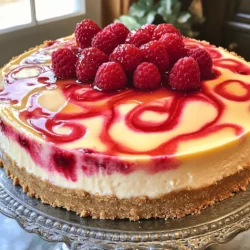 - 1 ½ cups graham cracker crumbs - ½ cup unsalted butter, melted - 2 cups cream cheese, softened - 1 cup granulated sugar - 3 large eggs - 1 teaspoon vanilla extract - 1 cup sour cream - 1 cup fresh raspberries (plus extra for garnish) - 2 tablespoons honey (or maple syrup) Each ingredient plays a key role in the flavor and texture of your raspberry swirl cheesecake. The graham cracker crumbs form a crunchy base that contrasts with the creamy filling. Melted unsalted butter helps bind the crumbs together for a sturdy crust. Cream cheese is the star here; its rich creaminess gives the cheesecake its signature texture. Granulated sugar adds sweetness, balancing the tartness of the raspberries. Eggs are essential for setting the cheesecake. They create a smooth, firm filling. Vanilla extract adds warmth and depth. Sour cream enhances creaminess and adds a slight tang. Fresh raspberries provide vibrant flavor and stunning color. Honey or maple syrup sweetens the raspberry sauce while keeping it natural. For the full details to make this delightful dessert, check the Full Recipe. 1. Preheating the Oven: Start by preheating your oven to 325°F (160°C). This step is key for even baking. 2. Combining Graham Cracker Crumbs and Butter: In a bowl, mix 1 ½ cups of graham cracker crumbs with ½ cup of melted unsalted butter. Stir until the crumbs are well coated. 3. Baking and Cooling the Crust: Press this mixture into the bottom of a 9-inch springform pan. Make it nice and even. Bake for 10 minutes. Once done, take it out and let it cool a bit. 1. Beating Cream Cheese and Sugar: In a big bowl, beat 2 cups of softened cream cheese with 1 cup of granulated sugar. Do this for 2 to 3 minutes until it’s smooth. 2. Adding Eggs and Mixing in Vanilla Extract and Sour Cream: Add in 3 large eggs one at a time. Mix well after each. Then stir in 1 teaspoon of vanilla extract and 1 cup of sour cream. Make sure it's all well mixed. 1. Cooking Raspberries with Honey or Maple Syrup: In a small saucepan, cook 1 cup of fresh raspberries with 2 tablespoons of honey (or maple syrup) over medium heat. Stir gently for about 3 to 4 minutes. 2. Creating the Raspberry Sauce: You want the raspberries to break down into a smooth sauce. After cooking, remove it from the heat and let it cool a bit. 1. Layering the Cheesecake Filling and Raspberry Sauce: Pour half of the cheesecake filling over the cooled crust. Add a few tablespoons of the raspberry sauce on top. 2. Baking Instructions and Visual Cues for Doneness: Use a knife or toothpick to swirl the raspberry sauce into the filling. Pour the rest of the cheesecake filling on top and add more raspberry sauce. Bake for 50 to 60 minutes. The edges should be set, but the center will jiggle slightly. 1. Cooling Process in the Oven: After baking, turn off the oven and crack the door open. Let the cheesecake cool in the oven for about 1 hour. 2. Refrigerating for Optimal Texture: Once cooled, refrigerate the cheesecake for at least 4 hours, or overnight if you can wait. This helps it firm up. 3. Final Preparations for Serving: When it's ready, run a knife around the edges before releasing the springform. Top with fresh raspberries for a beautiful finish. Enjoy your delicious Raspberry Swirl Cheesecake! For the full recipe, check out the detailed instructions. Start with room temperature ingredients. This helps the cream cheese mix smoothly. Cold cream cheese can lead to lumps. When you blend the mix, stop as soon as it's smooth. Overmixing can add too much air. This might cause the cheesecake to puff up and crack. To swirl the raspberry sauce, pour it on top of the filling. Use a knife or toothpick to create pretty lines. Don't overdo it; a few swirls are enough. You can try other flavors too. Consider using blueberries or strawberries for a fun twist. Overbaking is a common issue. To check, look for firm edges and a jiggly center. If the center looks set, it’s likely overbaked. To prevent cracks, cool the cheesecake slowly. Leave it in the oven for an hour after baking. Then, chill it in the fridge for at least four hours. This helps the cheesecake set nicely without cracks. For more details, check out the Full Recipe. {{image_2}} Chocolate raspberry swirl cheesecake You can swap some cream cheese for melted chocolate. This adds a rich taste. Mix in melted chocolate after beating the cream cheese. Then, swirl in the raspberry sauce like before. The chocolate adds depth and pairs well with the tart raspberries. Lemon raspberry cheesecake For a light twist, use lemon juice and zest. Replace some cream cheese with lemon juice. Add lemon zest for bright flavor. This gives the cheesecake a fresh, zesty kick that balances well with the sweet raspberries. Gluten-free crust options For a gluten-free option, use almond flour or gluten-free graham crackers. Mix it with melted butter just like the regular crust. Press it into the pan and bake. This keeps the tasty base while avoiding gluten. Vegan cheesecake alternatives To make it vegan, use cashews soaked in water instead of cream cheese. Blend them until smooth. Add coconut milk for creaminess. Use maple syrup instead of honey. This way, you still get that creamy texture and delicious flavor. Additional fruits for garnish You can top your cheesecake with more fresh fruits. Try strawberries, blueberries, or kiwi slices. They add color and taste. Scatter them on top before serving to make it look pretty. Whipped cream and chocolate shavings For an extra treat, add whipped cream on top. You can also sprinkle chocolate shavings for a nice touch. This adds a creamy element and a hint of chocolate, making every bite special. Feel free to explore these variations and tweak them to your taste! For the full recipe, check out the details above. To keep your raspberry swirl cheesecake fresh, proper storage is key. Always refrigerate your cheesecake. Place it in an airtight container or cover it tightly with plastic wrap. This prevents the cheesecake from absorbing other odors in the fridge. If you want to save it for later, freezing is a great option. Wrap the cheesecake tightly in plastic wrap, then in aluminum foil. This will protect it from freezer burn. For best results, eat frozen cheesecake within three months. In the refrigerator, your raspberry swirl cheesecake lasts about five to seven days. After that, the texture and flavor may start to change. Look for signs that your cheesecake has gone bad. If you see mold or notice an off smell, it's best to toss it. A change in texture, like a dry or cracked surface, may also indicate it's time to say goodbye. Remember, fresh is always best! For the full recipe, check out the details above. To stop your cheesecake from cracking, follow these tips. First, let the cheesecake cool slowly. After baking, turn off the oven and crack the door. This helps it cool evenly. Also, avoid overmixing your batter. Mix on low speed to keep air out. Too much air can cause cracks as it bakes. Yes, you can make this cheesecake ahead of time. It tastes better when chilled overnight. Just bake it, cool it, and wrap it well. Store it in the fridge. You can also freeze it for longer storage. Just remember to thaw it in the fridge before serving. Fresh raspberries work best for this cheesecake. They offer a sweet and tart flavor. You can use red, black, or golden raspberries. Each type brings its own taste. Red raspberries are classic, while black raspberries add a deeper flavor. Absolutely! You can use strawberries, blueberries, or even mangoes. Each fruit gives a new twist to your cheesecake. Just follow the same method to make the swirl. Adjust the sweetness based on the fruit you choose. Get creative and have fun with your flavors! For the full recipe, check out the earlier section. This raspberry swirl cheesecake is a simple and delicious dessert. You learned about the key ingredients and step-by-step instructions to make your own. Remember to keep your ingredients at room temperature for the best texture. Avoid overmixing and follow cooling tips to prevent cracks. If you experiment with flavors or dietary needs, customization is easy. Lastly, proper storage will keep your cheesecake fresh longer. Enjoy sharing this delightful treat with others!