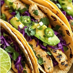 For these tasty tacos, you will need: - 2 chicken breasts, cut into strips - 2 tablespoons olive oil - 2 tablespoons fresh lime juice - 1 tablespoon lime zest - 1-2 jalapeños, finely chopped (seeds removed for less heat) - 2 garlic cloves, minced - 1 teaspoon ground cumin - 1 teaspoon chili powder - Salt and pepper to taste - 8 small corn or flour tortillas - 1 cup purple cabbage, shredded - 1 avocado, sliced - Fresh cilantro, for garnish - Optional: lime wedges for serving You can add some extras for more flavor: - Sliced radishes for crunch - Diced tomatoes for freshness - Sour cream for creaminess If you don't have something, don't worry! Here are some swaps: - Use chicken thighs instead of breasts for more flavor. - Swap olive oil with avocado oil for a different taste. - If you don’t like jalapeños, use bell peppers for a milder flavor. - You can replace purple cabbage with green cabbage or lettuce. This recipe is simple and fun to make. Check out the Full Recipe to get all the details! To start, gather your ingredients. In a bowl, add the olive oil, lime juice, and lime zest. Next, chop the jalapeños and add them in. If you want less heat, remove the seeds. Then, add minced garlic, cumin, chili powder, salt, and pepper. Mix everything well. This marinade will give your chicken great flavor. Now, take your chicken strips and place them in the marinade. Toss the chicken to coat each piece evenly. This step is key for tasty tacos. Let the chicken marinate for at least 30 minutes. If you can, marinate it longer for even more flavor. Preheat your grill or stovetop pan over medium-high heat. Once hot, take the chicken from the marinade. Shake off any extra liquid before placing it on the grill. Grill the chicken for about 5-7 minutes on each side. You want it cooked through and slightly charred. If your pan is full, cook in batches. While the chicken cooks, warm your tortillas. You can do this on the grill or in a skillet. Heat them for about 1 minute on each side. This makes them soft and easy to fold. Once the chicken is done, it's time to assemble your tacos. Place a few strips of grilled chicken on each tortilla. Top them with shredded cabbage and avocado slices. Finish with fresh cilantro. Serve with lime wedges on the side for extra zest. For the full recipe, check out the details above. Enjoy your meal! For the best flavor, use fresh ingredients. Fresh lime juice makes a big difference. I recommend marinating the chicken for at least 30 minutes. This helps the spices soak in well. You can also try letting it marinate longer for even more flavor. Adding salt to the marinade enhances the taste. Grilling is key to great tacos. Preheat your grill to medium-high heat. This gives the chicken nice grill marks. Don't crowd the grill. Cook in batches if you need to. This ensures even cooking. Flip the chicken only once. This helps keep it juicy and tender. Serve the tacos with fresh toppings. Shredded purple cabbage adds crunch. Sliced avocado gives a creamy texture. You can also add fresh cilantro for a burst of flavor. Pair the tacos with lime wedges on the side. A cold drink, like iced tea or a light beer, complements them well. For a complete meal, serve with rice or beans. You can find the full recipe [here](#). {{image_2}} You can make these tacos spicy or mild. For a spicy kick, use more jalapeños. Keep the seeds in for extra heat. If you prefer mild, simply remove the seeds. You can also swap jalapeños for bell peppers. They add flavor without the heat. This allows everyone to enjoy the tacos, regardless of their spice tolerance. You can easily make these tacos vegetarian. Instead of chicken, use grilled veggies. Zucchini, bell peppers, and mushrooms are great options. You can also choose plant-based proteins like tofu or tempeh. Marinate them just like the chicken for extra flavor. These swaps keep the meal light yet tasty. Toppings can change the whole dish. Along with cabbage and avocado, try adding pico de gallo. Fresh salsa or a dollop of sour cream also works well. You can even add cheese for richness. Lime wedges are a must for that zesty finish. Each topping brings a new flavor and texture. Explore different combinations to find your favorite! To keep your Jalapeno Lime Chicken Tacos fresh, store leftovers in an airtight container. Make sure the chicken and toppings are separate to avoid sogginess. This way, the flavors stay bright and tasty. You can keep them in the fridge for up to three days. When you're ready to enjoy the leftovers, heat the chicken in a pan over medium heat. This method keeps the chicken juicy. Warm the tortillas in a separate skillet for a minute on each side. This keeps them soft and ready for filling. If you want to save your tacos for later, freezing works great. Place the grilled chicken in a freezer-safe bag and remove as much air as possible. You can freeze it for up to three months. Just remember to thaw it in the fridge overnight before reheating. You can also freeze tortillas if you wrap them tightly. This way, you’ll have everything ready for a quick meal. For the best taste, add fresh toppings like cabbage and avocado after reheating. Enjoy your tasty meal anytime! The best way to cut chicken for tacos is to slice it into strips. Use a sharp knife for even cuts. Make sure your chicken is slightly frozen for better control. This makes it easier to cut and helps with cooking. Yes, you can make Jalapeno Lime Chicken Tacos in advance. You can marinate the chicken ahead of time. Just let it sit in the fridge for up to 24 hours. This allows the flavors to blend well. You can also prep the toppings like cabbage and avocado earlier. To adjust the spice levels, control the jalapeños. Remove the seeds for less heat. You can use one jalapeño instead of two for milder tacos. If you like it spicy, you can add more jalapeños or even a pinch of cayenne pepper. This article has covered all you need for Jalapeno Lime Chicken Tacos. We looked at the key ingredients, step-by-step instructions, and tips to enhance flavor. You learned about variations, storage, and answers to common questions. Remember, the right marinade and grilling techniques are key. Don't shy away from trying different toppings or making it vegetarian. Enjoy making these tacos your own, and savor every bite!