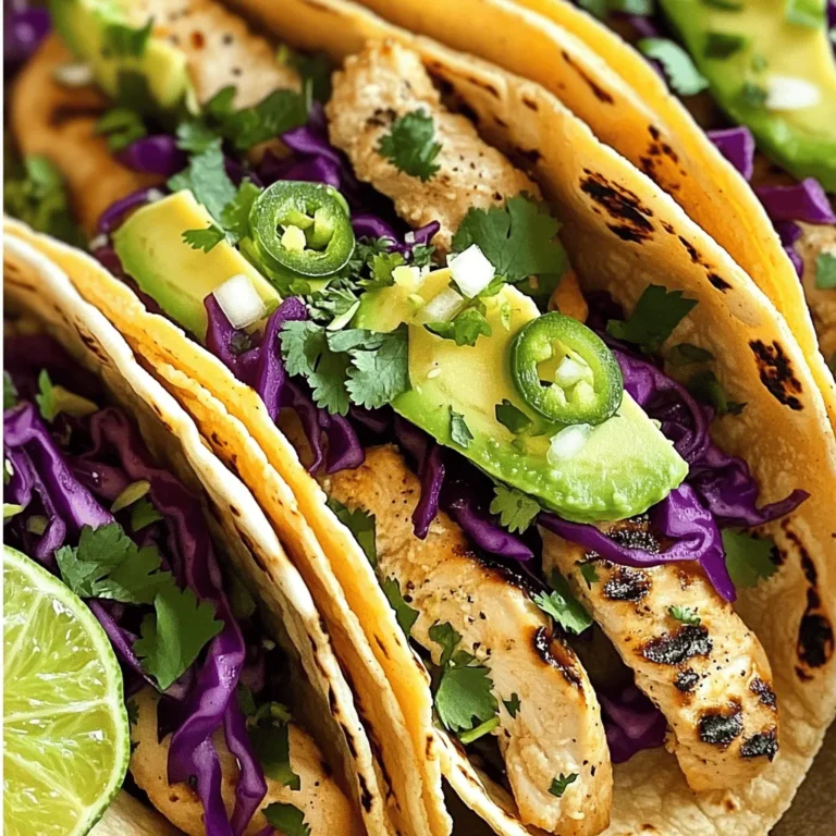 For these tasty tacos, you will need: - 2 chicken breasts, cut into strips - 2 tablespoons olive oil - 2 tablespoons fresh lime juice - 1 tablespoon lime zest - 1-2 jalapeños, finely chopped (seeds removed for less heat) - 2 garlic cloves, minced - 1 teaspoon ground cumin - 1 teaspoon chili powder - Salt and pepper to taste - 8 small corn or flour tortillas - 1 cup purple cabbage, shredded - 1 avocado, sliced - Fresh cilantro, for garnish - Optional: lime wedges for serving You can add some extras for more flavor: - Sliced radishes for crunch - Diced tomatoes for freshness - Sour cream for creaminess If you don't have something, don't worry! Here are some swaps: - Use chicken thighs instead of breasts for more flavor. - Swap olive oil with avocado oil for a different taste. - If you don’t like jalapeños, use bell peppers for a milder flavor. - You can replace purple cabbage with green cabbage or lettuce. This recipe is simple and fun to make. Check out the Full Recipe to get all the details! To start, gather your ingredients. In a bowl, add the olive oil, lime juice, and lime zest. Next, chop the jalapeños and add them in. If you want less heat, remove the seeds. Then, add minced garlic, cumin, chili powder, salt, and pepper. Mix everything well. This marinade will give your chicken great flavor. Now, take your chicken strips and place them in the marinade. Toss the chicken to coat each piece evenly. This step is key for tasty tacos. Let the chicken marinate for at least 30 minutes. If you can, marinate it longer for even more flavor. Preheat your grill or stovetop pan over medium-high heat. Once hot, take the chicken from the marinade. Shake off any extra liquid before placing it on the grill. Grill the chicken for about 5-7 minutes on each side. You want it cooked through and slightly charred. If your pan is full, cook in batches. While the chicken cooks, warm your tortillas. You can do this on the grill or in a skillet. Heat them for about 1 minute on each side. This makes them soft and easy to fold. Once the chicken is done, it's time to assemble your tacos. Place a few strips of grilled chicken on each tortilla. Top them with shredded cabbage and avocado slices. Finish with fresh cilantro. Serve with lime wedges on the side for extra zest. For the full recipe, check out the details above. Enjoy your meal! For the best flavor, use fresh ingredients. Fresh lime juice makes a big difference. I recommend marinating the chicken for at least 30 minutes. This helps the spices soak in well. You can also try letting it marinate longer for even more flavor. Adding salt to the marinade enhances the taste. Grilling is key to great tacos. Preheat your grill to medium-high heat. This gives the chicken nice grill marks. Don't crowd the grill. Cook in batches if you need to. This ensures even cooking. Flip the chicken only once. This helps keep it juicy and tender. Serve the tacos with fresh toppings. Shredded purple cabbage adds crunch. Sliced avocado gives a creamy texture. You can also add fresh cilantro for a burst of flavor. Pair the tacos with lime wedges on the side. A cold drink, like iced tea or a light beer, complements them well. For a complete meal, serve with rice or beans. You can find the full recipe [here](#). {{image_2}} You can make these tacos spicy or mild. For a spicy kick, use more jalapeños. Keep the seeds in for extra heat. If you prefer mild, simply remove the seeds. You can also swap jalapeños for bell peppers. They add flavor without the heat. This allows everyone to enjoy the tacos, regardless of their spice tolerance. You can easily make these tacos vegetarian. Instead of chicken, use grilled veggies. Zucchini, bell peppers, and mushrooms are great options. You can also choose plant-based proteins like tofu or tempeh. Marinate them just like the chicken for extra flavor. These swaps keep the meal light yet tasty. Toppings can change the whole dish. Along with cabbage and avocado, try adding pico de gallo. Fresh salsa or a dollop of sour cream also works well. You can even add cheese for richness. Lime wedges are a must for that zesty finish. Each topping brings a new flavor and texture. Explore different combinations to find your favorite! To keep your Jalapeno Lime Chicken Tacos fresh, store leftovers in an airtight container. Make sure the chicken and toppings are separate to avoid sogginess. This way, the flavors stay bright and tasty. You can keep them in the fridge for up to three days. When you're ready to enjoy the leftovers, heat the chicken in a pan over medium heat. This method keeps the chicken juicy. Warm the tortillas in a separate skillet for a minute on each side. This keeps them soft and ready for filling. If you want to save your tacos for later, freezing works great. Place the grilled chicken in a freezer-safe bag and remove as much air as possible. You can freeze it for up to three months. Just remember to thaw it in the fridge overnight before reheating. You can also freeze tortillas if you wrap them tightly. This way, you’ll have everything ready for a quick meal. For the best taste, add fresh toppings like cabbage and avocado after reheating. Enjoy your tasty meal anytime! The best way to cut chicken for tacos is to slice it into strips. Use a sharp knife for even cuts. Make sure your chicken is slightly frozen for better control. This makes it easier to cut and helps with cooking. Yes, you can make Jalapeno Lime Chicken Tacos in advance. You can marinate the chicken ahead of time. Just let it sit in the fridge for up to 24 hours. This allows the flavors to blend well. You can also prep the toppings like cabbage and avocado earlier. To adjust the spice levels, control the jalapeños. Remove the seeds for less heat. You can use one jalapeño instead of two for milder tacos. If you like it spicy, you can add more jalapeños or even a pinch of cayenne pepper. This article has covered all you need for Jalapeno Lime Chicken Tacos. We looked at the key ingredients, step-by-step instructions, and tips to enhance flavor. You learned about variations, storage, and answers to common questions. Remember, the right marinade and grilling techniques are key. Don't shy away from trying different toppings or making it vegetarian. Enjoy making these tacos your own, and savor every bite!