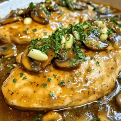 To make Classic Chicken Marsala, gather these ingredients: - 2 boneless, skinless chicken breasts - 1 cup all-purpose flour - Salt and pepper to taste - 3 tablespoons olive oil - 1 tablespoon unsalted butter - 8 ounces cremini mushrooms, sliced - 2 cloves garlic, minced - 1 cup chicken broth - 1 tablespoon balsamic vinegar - 2 teaspoons fresh thyme, chopped - Fresh parsley, chopped (for garnish) Using high-quality ingredients makes a big difference. Always choose fresh chicken. It should feel firm and have no strong odor. For mushrooms, select firm, plump cremini. They add a rich flavor to the dish. Fresh herbs like thyme enhance taste. When picking garlic, look for bulbs that are tight and dry. Good olive oil adds depth to your sauce. You can swap ingredients if needed. If you want a gluten-free option, use gluten-free flour. For chicken, you can use turkey cutlets or even pork. If you don’t have cremini mushrooms, button mushrooms work well. For a different flavor, try using white wine instead of chicken broth. Balsamic vinegar can be replaced with red wine vinegar for a tangy kick. For the full recipe, check out the details provided above. Start with the chicken breasts. Use a meat mallet to pound them flat. This helps them cook evenly. Season both sides with salt and pepper. This step adds flavor. Next, spread the flour on a plate. Dredge each chicken breast in the flour. Shake off any extra flour. This will give your chicken a nice crust. Heat olive oil in a large skillet over medium-high heat. Once the oil is hot, add the chicken breasts. Cook each side for about 4-5 minutes. You want them golden brown and fully cooked. Use a meat thermometer to check for doneness. The chicken should reach 165°F. After cooking, remove the chicken from the skillet and set it aside. In the same skillet, add unsalted butter. Let it melt, then add sliced mushrooms. Cook the mushrooms for about 5 minutes until they are browned. This adds depth to the sauce. Next, add minced garlic and cook for 1-2 minutes. It will smell so good! Pour in chicken broth and balsamic vinegar. Scrape any browned bits from the bottom. This builds flavor in your sauce. Add fresh thyme and let it simmer for about 5 minutes. The sauce will thicken slightly. Finally, return the chicken to the skillet. Spoon the sauce and mushrooms on top. Heat everything for another 2-3 minutes. Your Chicken Marsala is ready to serve. For a nice touch, sprinkle chopped parsley on top. For the full recipe, refer to the previous section. To make Chicken Marsala perfect, follow a few key steps. First, pound the chicken breasts to an even thickness. This helps them cook evenly. Season them well with salt and pepper. Dredging the chicken in flour gives it a nice crust. Make sure to shake off the extra flour. Use a large skillet for cooking. Heat the olive oil over medium-high heat. This ensures a nice sear on the chicken. Cook the chicken for about 4-5 minutes per side. Look for a golden brown color. This shows they are cooked well. After cooking, set the chicken aside to keep it warm. When sautéing mushrooms, use the same skillet. This adds flavor to the dish. Cook the mushrooms until they are browned. This enhances their rich taste. Add garlic near the end to keep its fresh flavor. Pour in chicken broth and balsamic vinegar next. This creates a rich sauce. Let it simmer to reduce and thicken. Serve Chicken Marsala hot. Spoon the sauce and mushrooms over the chicken. This makes for a beautiful presentation. Garnish with fresh parsley for a pop of color. It adds freshness to the dish. For a casual meal, serve it on a plate with pasta. The sauce pairs well with noodles. For a more elegant setup, plate it with a side of roasted vegetables. This adds color and nutrition. Pair Chicken Marsala with simple sides. Consider mashed potatoes or creamy polenta. Both absorb the sauce nicely. A fresh green salad works well too. It adds a crisp contrast to the meal. You can also serve crusty bread on the side. This lets you soak up extra sauce. For a lighter option, steamed asparagus or green beans are great choices. They add a fresh touch to your plate. These tips will help you create a delicious Chicken Marsala at home. For more details, check out the Full Recipe. {{image_2}} You can make Chicken Marsala gluten-free easily. Just swap out all-purpose flour for a gluten-free flour blend. This works well for dredging the chicken. You can also check the chicken broth label to ensure it is gluten-free. This way, everyone can enjoy this tasty dish without worry. Cremini mushrooms give great flavor to Chicken Marsala. But if you prefer something else, try using shiitake or button mushrooms. Each type has its own unique taste. If you don’t like mushrooms, you can skip them entirely. You can also add vegetables like spinach or zucchini for added color and nutrition. Chicken is the star of this dish, but you can switch it up. Try using pork or veal for a different taste. For a vegetarian option, use firm tofu or eggplant. Each protein gives a new twist to the classic recipe. Just remember to adjust cooking times as needed to ensure everything cooks through. For more detailed steps on making this delightful dish, refer to the Full Recipe. To keep your Chicken Marsala fresh, let it cool first. Then, place it in an airtight container. Store it in the fridge for up to three days. This way, the flavors remain intact. If you notice any moisture, use a paper towel to absorb it. When reheating, the goal is to keep the chicken tender. You can use the microwave or a skillet. For the microwave, place your portion on a plate. Heat on medium power for about one to two minutes. Stir halfway through for even heating. If using a skillet, add a splash of chicken broth. Heat over low until warm. This also helps keep the sauce moist. Freezing Chicken Marsala is a great option for later meals. First, let it cool completely. Then, transfer it to a freezer-safe container. You can also use freezer bags, removing as much air as possible. It will stay good for up to three months. When you’re ready to eat, thaw it in the fridge overnight before reheating. Enjoy your easy Chicken Marsala again! Check out the Full Recipe for more details. Chicken Marsala comes from Italy. It hails from the region of Sicily. This dish uses Marsala wine, a sweet wine made in the Marsala region. People created it to highlight the rich flavors of the wine. Over time, it gained popularity in America. Chefs often use it to impress guests with its taste. Yes, you can make Chicken Marsala ahead of time. Prepare the dish and let it cool. Store it in an airtight container in the fridge for up to two days. Reheat it gently on the stove before serving. This method keeps the chicken juicy and the sauce flavorful. You have many great options for sides. Mashed potatoes pair well with Chicken Marsala's sauce. You can serve it with pasta or rice for a filling meal. Steamed vegetables add a fresh touch to your plate. A green salad can balance the richness of the dish. For more ideas, check the Full Recipe. This blog post covered all you need for Chicken Marsala. We explored the right ingredients, cooking methods, and tasty serving ideas. Remember, quality matters, so choose fresh ingredients. Don’t be afraid to try variations and substitutions. You can even store leftovers for later enjoyment. Embrace your creativity and personalize the dish. With these tips, you’ll impress everyone at your table. Enjoy your cooking adventure and the delicious meals that follow!