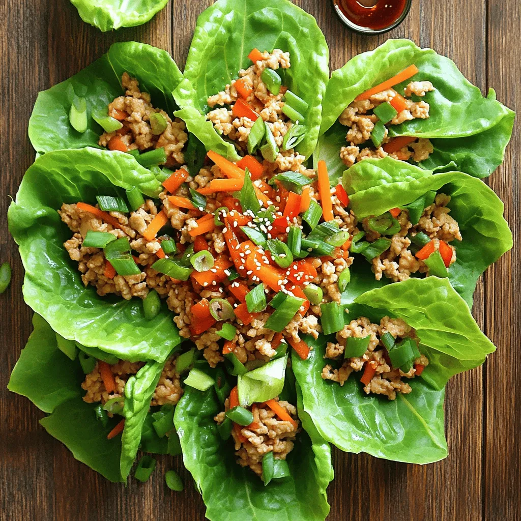 - 1 lb ground chicken - 1 red bell pepper, finely chopped - 1 small carrot, grated - 3 green onions, chopped - 1 clove garlic, minced - 1 tablespoon ginger, minced - 2 tablespoons soy sauce (or tamari for gluten-free) - 1 tablespoon hoisin sauce - 1 tablespoon sesame oil - 1 teaspoon rice vinegar - Salt and pepper to taste - 1 head of butter lettuce or iceberg lettuce (for wrapping) - Sesame seeds for garnish - Optional: Sriracha for heat When I make these wraps, I love the blend of fresh flavors. The ground chicken serves as a healthy base. It cooks quickly and absorbs the sauces well. Red bell pepper adds a nice crunch and sweetness. Carrots offer some color and nutrition. Green onions give a mild kick that brightens the dish. Garlic and ginger bring warmth and depth. This mix creates a tasty filling full of texture. The sauces are key to the flavor. Soy sauce gives saltiness, while hoisin adds a sweet touch. Sesame oil brings a nutty taste. Rice vinegar adds tang, which balances the rich flavors. The lettuce acts as a vessel. It should be crisp and fresh. Butter lettuce is soft and easy to fold. Iceberg offers more crunch. Both work great for wrapping the filling. - Calories: About 250 per serving - Protein: 30g - Carbohydrates: 10g - Fat: 12g These wraps are low in calories but high in protein. Ground chicken is a lean source. The vegetables add fiber and vitamins. Each serving provides essential nutrients without excess calories. You’ll find vitamins A and C in the red bell pepper and carrot. They support your immune system and skin health. Plus, the green onions add vitamin K, which is good for bone health. Overall, these wraps are a nutritious choice for any meal. They are filling and full of flavor. For the full recipe, check below. Cooking the chicken First, heat sesame oil in a large skillet over medium heat. Add minced garlic and ginger, cooking them for about 30 seconds. This brings out their great flavor. Next, add the ground chicken. Break it apart with a wooden spoon. Cook it until browned, about 5 to 7 minutes. Make sure it's fully cooked before moving on. Sautéing the vegetables After the chicken is cooked, stir in the red bell pepper, grated carrot, and chopped green onions. Sauté these for 3 to 4 minutes. You want the veggies tender but not mushy. This step adds crunch and color to your dish. Combining sauces In a small bowl, mix soy sauce, hoisin sauce, rice vinegar, and a pinch of salt and pepper. Once the veggies are tender, pour this sauce over the chicken mixture. Stir well to coat everything evenly. Cook for an additional 2 minutes to let the flavors blend. Remove from heat and cool slightly. Preparing lettuce leaves Carefully separate the lettuce leaves. Butter or iceberg lettuce works best for wraps. Rinse them under cold water and pat them dry with a paper towel. This keeps the leaves crisp and fresh for your wraps. Filling the wraps Spoon the chicken mixture into the center of each lettuce leaf. Fold the leaves around the filling. You can make them as tight or loose as you like. If you want some heat, drizzle a bit of Sriracha on top. Presentation tips Arrange the filled wraps on a plate. Sprinkle sesame seeds on top for a nice touch. You can also serve extra Sriracha on the side for those who like it spicy. This makes the dish look colorful and tasty. For the full recipe, check out the complete guide to making these wraps. To make Healthy Chicken Lettuce Wraps truly shine, I love using fresh herbs. Chopped cilantro or mint adds a bright taste. You can mix them into the chicken filling or sprinkle them on top. Fresh herbs boost flavor without many calories. Adjust the spice levels to match your taste. If you want a kick, add Sriracha or crushed red pepper. For a milder option, skip the heat or use less. Find what feels right for you. You can always start small and add more. When it comes to cooking, both a skillet and a wok work well. A skillet is great for even cooking and easy stirring. A wok is perfect for high heat and quick cooking. Choose what you have and feel comfortable with. If you plan to meal prep, cook a larger batch of the filling. Store it in airtight containers in the fridge. This makes it quick to assemble wraps during busy days. You can also freeze the filling for later meals. Just remember to let it cool before storing. For the full recipe, check out the sections above. You'll love how easy and tasty these wraps can be! {{image_2}} You can switch up the protein in these wraps. Ground turkey works well and tastes great. If you prefer a plant-based option, try tofu instead. Just crumble it and cook it like the chicken. Feel free to add more veggies too. Shredded cabbage or diced mushrooms can add fun textures. You can even toss in water chestnuts for a nice crunch. If you need gluten-free options, use tamari instead of soy sauce. This small swap keeps the flavor while making it safe for those with gluten issues. For those on a low-carb or keto diet, you can skip the hoisin sauce. Instead, use extra soy sauce and a bit of sweetener, like stevia. This keeps the taste bold without the carbs. Enjoy your Healthy Chicken Lettuce Wraps in a way that suits your needs! Check out the Full Recipe for more details. To store leftover chicken lettuce wraps, let them cool first. Place the wraps in an airtight container. If you have extra filling, keep it separate from the lettuce. This helps the lettuce stay crisp. Use glass or BPA-free plastic containers for storage. These containers keep food fresh for a longer time. When you want to enjoy your wraps again, keep them crisp. Avoid microwaving them as this can make the lettuce soggy. Instead, reheat the filling in a skillet over low heat. Stir it gently until warmed through, about 5 minutes. For best results, serve the warm filling in fresh lettuce leaves. Enjoy the crunch and flavor of your Healthy Chicken Lettuce Wraps just like when you first made them. For the full recipe, check the earlier section. How to make Healthy Chicken Lettuce Wraps? To make these wraps, first, cook ground chicken in a skillet. Use sesame oil to add flavor. Cook garlic and ginger until fragrant. Then, mix in red bell pepper, carrot, and green onions. After the veggies soften, add soy sauce, hoisin sauce, and rice vinegar. Stir it all together and cook for a couple more minutes. Finally, spoon the mixture into lettuce leaves and add sesame seeds on top. For the full recipe, check out the complete guide. Can I make them ahead of time? Yes, you can prepare the chicken filling ahead of time. Cook it and let it cool. Store it in the fridge for up to three days. When ready to eat, just warm it up and serve with fresh lettuce leaves. What can I serve with lettuce wraps? Serve these wraps with a side of rice or quinoa. Fresh veggies like cucumber or carrot sticks add crunch. You can also pair them with a light dipping sauce or a salad for a full meal. What to do if the wraps are soggy? If your wraps are soggy, try using crispier lettuce. Butter or iceberg lettuce works well. Also, avoid overcooking the filling. If the filling is too wet, drain any excess liquid before filling the leaves. How to make the filling less dry? To keep the filling moist, add a bit more sauce. Soy sauce or hoisin sauce can help. You can also mix in a little water or chicken broth while cooking. This will keep your filling juicy and tasty. Healthy chicken lettuce wraps are easy and fun to make. You can create tasty flavors using simple ingredients like ground chicken, fresh veggies, and savory sauces. We've covered preparation steps, tips for flavor, and even storage info. You can customize these wraps to fit your diet or use what you have at home. Enjoying this dish can lead to tasty meals without guilt. Remember, the key is to focus on fresh ingredients for the best taste!