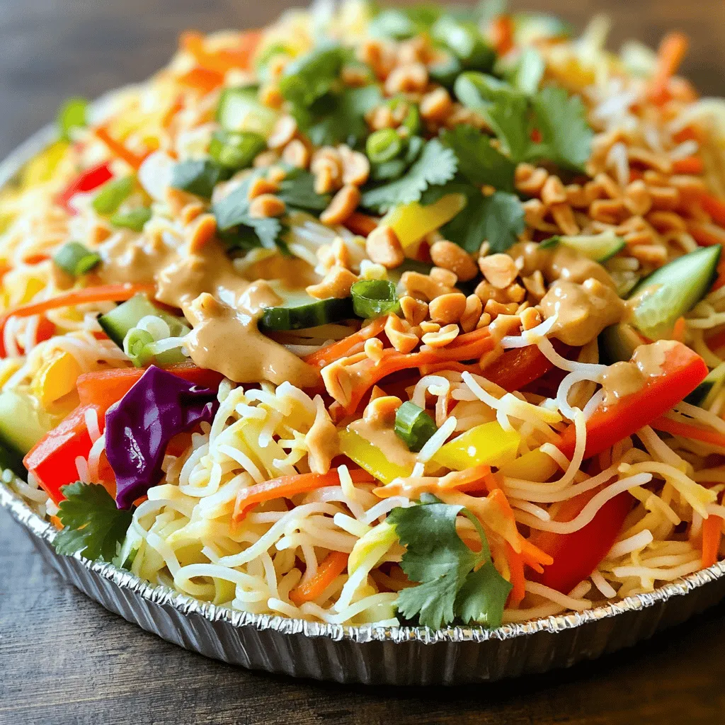 - 8 oz rice noodles - 1 cup shredded carrots - 1 cup bell peppers, thinly sliced (red, yellow, or orange) - 1 cup cucumber, julienned - 1 cup red cabbage, finely shredded - 3 green onions, sliced - 1/2 cup fresh cilantro, chopped - 1/4 cup roasted peanuts, chopped For a tasty Thai Peanut Noodle Salad, you start with rice noodles. They give a great base. Next, add fresh veggies like carrots, bell peppers, cucumber, and red cabbage. These add crunch and color. Green onions and cilantro bring fresh flavors. Lastly, don't forget roasted peanuts for a nice crunch. - 1/4 cup creamy peanut butter - 2 tablespoons soy sauce - 2 tablespoons sesame oil - 1 tablespoon lime juice - 1 tablespoon honey or maple syrup - 1 teaspoon grated ginger - 1 clove garlic, minced - 1 tablespoon water (to thin, if necessary) The dressing is key to this salad. Start with creamy peanut butter for richness. Soy sauce adds saltiness and depth. Sesame oil gives it a nutty flavor. Lime juice adds brightness. Honey or maple syrup brings sweetness. Grated ginger and minced garlic provide spice and warmth. Use water to thin it out if needed. - Large mixing bowl - Whisk - Pasta pot - Strainer To make this salad, you need a few tools. A large mixing bowl helps you combine everything. A whisk is great for mixing the dressing. Use a pasta pot for boiling the noodles. A strainer helps you drain and rinse the noodles easily. For all the details, check the Full Recipe. Enjoy making your Thai Peanut Noodle Salad! Start by cooking the rice noodles. Follow the package instructions carefully. Make sure to cook them until they are al dente. After cooking, drain the noodles and rinse them with cool water. This stops the cooking process and helps keep them from sticking together. Set the noodles aside for later. Next, take a large bowl and combine the fresh vegetables. Add in the shredded carrots, thinly sliced bell peppers, julienned cucumber, finely shredded red cabbage, sliced green onions, and chopped cilantro. Toss them gently to mix everything well. This colorful mix adds crunch and flavor to your salad. Now it’s time for the peanut dressing. In a separate bowl, whisk together all the dressing ingredients. You’ll need creamy peanut butter, soy sauce, sesame oil, lime juice, honey (or maple syrup), grated ginger, minced garlic, and a bit of water if you need to thin it out. Keep whisking until the dressing is smooth and well blended. Grab your bowl of vegetables and add the cooked rice noodles. Pour the peanut dressing over the top. Gently toss everything together. Make sure the noodles and vegetables are evenly coated with the dressing. This step makes all the flavors come together beautifully. For serving, sprinkle chopped roasted peanuts over the top for that delightful crunch. You can also garnish with additional cilantro if you want to add color. This not only looks great but enhances the flavor too. If you want a fun twist, chill the salad in the fridge for 15-30 minutes before serving. This lets the flavors meld together nicely. Enjoy your tasty Thai Peanut Noodle Salad! For the complete list of ingredients and instructions, check the Full Recipe. To get the best noodles, follow these tips. First, use a large pot with plenty of water. This helps the noodles cook evenly. Bring the water to a boil before adding the noodles. Cook them according to the package instructions. Usually, it takes about 5 to 7 minutes. Test the noodles for doneness; they should be al dente, not mushy. Drain the noodles and rinse them under cool water. This stops the cooking process and prevents stickiness. Want to boost the flavor? Consider these ideas. Add a pinch of red pepper flakes for heat. You can also mix in some fresh herbs, like mint or basil. These herbs brighten the dish. For a savory touch, try adding a splash of fish sauce. It adds depth to the peanut dressing. You can also squeeze in extra lime juice for a zesty kick. These small changes can make a big difference. Make your salad look as good as it tastes. Serve it in a large bowl or on individual plates. For a fun twist, use a ring mold. This creates a neat tower shape for the salad. Top it off with extra cilantro and chopped peanuts for color. You can also arrange the veggies in layers for a vibrant display. A beautiful presentation makes the dish inviting and fun to eat. {{image_2}} You can easily add protein to your Thai Peanut Noodle Salad. Grilled chicken is a great choice. Slice it thinly and mix it in. Shrimp also works well. Just cook them until pink and toss them in. If you want a vegetarian option, use tofu. Press it to remove water, then cube it. Sauté or grill until golden. These additions make the salad filling and tasty. To make this salad vegan, skip honey and use maple syrup instead. For gluten-free, use tamari instead of soy sauce. Rice noodles are often gluten-free, but check the package. This way, you can enjoy the flavors without worry. Adjust the dressing as needed to keep it creamy and delicious. Using seasonal vegetables can change the taste and look of your salad. In spring, add snap peas or radishes for crunch. In summer, try ripe tomatoes or zucchini. Fall brings great options like roasted pumpkin or squash. In winter, you can use kale or Brussels sprouts. Each season offers unique flavors for your salad, making it fresh and fun to enjoy. To keep your Thai peanut noodle salad fresh, store it in an airtight container. This helps prevent the salad from drying out or absorbing other smells in the fridge. Make sure to add the peanuts on top right before serving. This keeps them crunchy and tasty. You can enjoy your leftovers for 3 to 4 days. Freezing this salad isn't ideal, but you can freeze the dressing. For freezing, put the peanut dressing in a separate, airtight container. It will keep well for 2 to 3 months. When you want to use it, thaw it overnight in the fridge. After thawing, stir it well before mixing with fresh noodles and veggies. In the fridge, your salad will last for about 3 to 4 days. If you freeze the dressing, it can last for 2 to 3 months. Always check for freshness before eating. If it smells off or looks strange, it’s best to toss it. Enjoy your Thai peanut noodle salad fresh for the best taste! You can use sunflower seeds or pumpkin seeds instead of peanuts. These seeds give a nice crunch and add flavor. You can also try using toasted sesame seeds for a nutty taste without the nuts. Just make sure to check for allergies if you serve it to others. Yes, you can make this salad ahead of time. Just follow these tips: - Prepare the salad and dressing separately. - Store the salad in the fridge. - Add the dressing right before serving to keep everything fresh. This way, the noodles and veggies stay crisp. This salad pairs well with many dishes. Here are some ideas: - Grilled chicken or shrimp for extra protein. - Spring rolls for a fun side dish. - A light cucumber salad to keep it fresh. These options add variety and balance to your meal. Yes, this salad is a healthy choice. It has fresh veggies, which are low in calories and high in fiber. The peanut dressing adds healthy fats and protein. Just be mindful of portion sizes with the dressing, as it can add calories. Absolutely! Adding fruit can make the salad even better. Here are some fruits you can try: - Mango adds sweetness and a tropical flavor. - Pineapple gives a tangy twist. - Sliced apples or pears can add crunch. These fruits blend well with the savory flavors of the salad. For the full recipe, check the link above. This blog post shared a quick and tasty Thai peanut noodle salad recipe. You learned about the main ingredients, creamy dressing, and essential tools. I provided easy steps to cook the noodles, prepare fresh veggies, and mix everything together. Tips for perfect noodles and flavor enhancements help you create a tasty dish. You also explored variations for proteins and storage info to keep your salad fresh. Enjoy making this salad, knowing you can share a delicious, healthy recipe with family and friends!